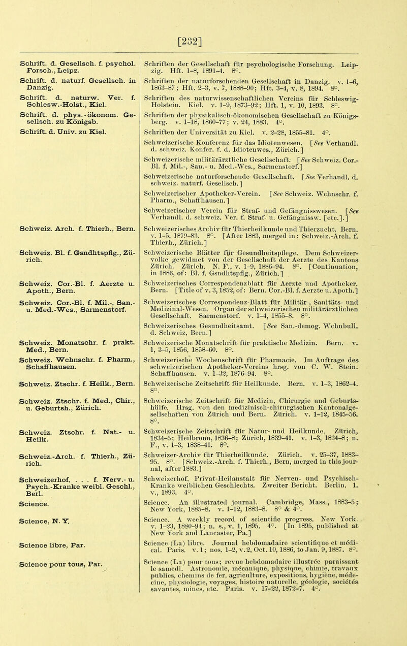 [232] Schrift. d. Gesellsch. f. psychol. Forsch., Leipz. Schrift. d. naturf. G-esellsch. in Danzig. Schrift. d. naturw. Ver. f. Schlesw.-Hoist., Kiel. Schrift. d. phys.-okonom. Ge- sellsch. zu Kdnigsb. ScHrift. d. Univ. zu Kiel. Schweiz. Arch. f. Thierh., Bern. Schweiz. Bl. f. G-sndhtspflg., Zii- rioh. Schweiz. Cor.-Bl. f. Aerzte u. Apoth., Bern. Schweiz. Cor.-Bl. f. Mil.-, San.- u. Med.-Wes.j Sarmenstorf. Schweiz. Monatsohr. f. prakt. Med., Bern. Schweiz. Wchnschr. f. Pharm., Schaifhausen. Schweiz. Ztschr. f. Heilk., Bern. Schweiz. Ztschr. f. Med., Chir., u. Geburtsh., Ziirich. Schweiz. Ztschr. f. Nat.- u. Heilk. Schweiz.-Arch. f. Thierh., Zii- rich. Schweizerhof, . . . f. Nerv.- u. Psych.-Kranke weibl. Geschl., Berl. Science. Science, N. Y. Science libre, Par. Science pour tous, Par. Sohriften der Gesellscliaft fiir psychologisclie Forschung. Leip- zig. Hft. 1-8, 1891-4. 8°. Sclirifteii der iiaturforscbendeii Gesellschaft in Dauzig. v. 1-6, 1863-87; Hft. 2-3, v. 7, 1888-90; Hft. 3-4, v. 8, 1894. 8°. Scbriften des naturwisseuschaftlicLen Vereius fiir Scbleswig- Holsteiii. Kiel. v. 1-9, 1873-92; Hft. 1, v. 10, 1893. 8=. Scbriften der pbYsikaliscb-cilioiioriiiscben Gesellschaft zu Kc5nigs- berg. V. 1-18, 1860-77; v. 24, 1883. 4^^. Scbriften der Uuiversitilt zu Kiel. v. 2-28, 1855-81. 4°. Sebweizeriscbe Konferenz fiir das Idioteiiwesen. [See Verbandl. d. sobweiz. Koufer. f. d. Idioteuwes., Ziiricb.] Sebweizeriscbe uiilitiirarztlicbe Gesellscliaft. [See Scbweiz. Cor.- Bl. f. Mil.-, Sau.- u. Med.-Wes., Sarmenstorf.] Sebweizeriscbe naturforscbende Gesellschaft. [/See Verbandl. d. scbweiz. uaturf. Gesellscb.] Scliweizeriscber Apotbeker-Vereiu. [See Scbweiz. Wcbiiscbr. £, Pbarm., Scbaffbausen.] Scliweizeriscber Verein fiir Straf- nud Gefiiuguisswesen. [See Verbandl. d. scbweiz. Ver. f. Straf- ii. Gefiiiiguissw. [etc.].] Scbweizeriscbes Arcbiv flir Tbierbeilkunde uiidTbierzncbt. Bern. V. 1-5, 1879-83. 8°. [After 1883, merged in: Scbweiz.-Arcb. f. Tbierb., Ziiricb.] Sebweizeriscbe Blatter fur Gesundbeitspflege. Dem Scbweizer- vollse gowidniet vou der Gesellscliuft der Aerzte des Kantous Ziiricb. Ziiricb. N. F., v. 1-9, 1886-94. 8°. [Coutiuuation, in 1886, of: Bl. f. Gsudbtspflg., Ziiricb.] Scbweizeriscbes Correspondeiizblatt fur Aerzte nnd Apotbeker. Beru. [Title of v. 3,1852, of: Bern. Cor.-Bl. f. Aerzte u. Apotb.] Scbweizeriscbes Correspondeiiz-BIatt fiir Militiir-, Sanitiits- und Mediziual-Wesen. Organ der scbweizerisclien niilitararztlicben Gesellscliaft. Sarmenstorf. v. 1-4, 1855-8. 8°. Scbweizeriscbes Gesuudbeitsamt. [See Sau.-demog. Wcbubull. d. Scbweiz, Bern.] Sebweizeriscbe Monatscbrift fur praktisclie Medizin. Beru. v. 1, 3-5, 1856, 1858-60. 8°. Sebweizeriscbe Wocbenscbrift fiir Pbarmacie. Iiii Auftrage des scbweizerisclien Apotbeker-Vereins brsg. vou C. W. Stein. Scbaffbausen. v. 1-32, 1876-94. 8°. Sebweizeriscbe Zeitscbrift fiir Heilkunde. Bern. v. 1-3, 1862-4. 8°. Sebweizeriscbe Zeitscbrift fiir Medizin, Chirurgie und Geburts- biilfe. Hrsg. von den inediziniscb-cbirurgiscben Kantonalge- sellscbaften vou Ziiricb und Beru. Ziiricb. v. 1-12, 1845-56. 8°. Sebweizeriscbe Zeitscbrift fiir Natnr- und Heilkunde. Ziiricb, 1834-5; Heilbronn, 1836-8; Ziiricb, 1839-41. v. 1-3, 1834-8; n. F., v. 1-3, 1838-41. 8°. Scbweizer-Arcliiv fiir Tbierbeilkunde. Ziiricb. v. 25-37, 1883- 95. 8°. [Scbweiz.-Arcb. f. Tbierh., Bern, merged in tbisjour- nal, after 1883.] Schweizerhof, Privat-Heilanstalt fiir Nerven- und Psycbiscb- Kranke weiblicbeu Gescblecbts. Zweiter Bericbt. Berlin. 1. v., 1893. 4°. Science. An illustrated journal. Cambridge, Mass., 1883-5 j New^ York, 1885-8. v. 1-12, 1883-8. 8° & 4. Science. A weekly record of scientific progress. New York, V. 1-2.3, 1880-94; n. s., v. 1, 1895. 4°. [In 1895, published at New Yorii and Lancaster, Pa.] Science (La) libre. Journal bebdoraadaire scientifique et medi- cal. Paris. V. 1; uos. 1-2, V.2, Oct. 10, 1886, toJan. 9,1887. 8°. Science (La) pour tous; revue bebdomadaire illustr6e paraissant le saniedi. Astronomie, in^canique, physique^ cbimie, travanx publics, cliemins de fer, agriculture, exi)ositions, hygiene, m6de- cine, jiliysiologie, voyages, liistoire naturelle, gdologie, soci6t6s- eavautes, mines, etc. Paris, v. 17-22, 1872-7. 4^^.