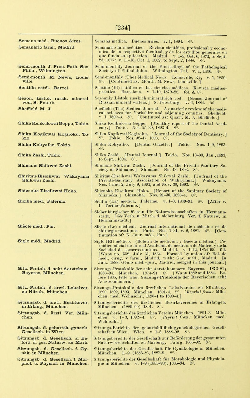 [234] Semana med., Buenos Aires. Semanario farm., Madrid. Semi-month. J. Proc. Path. See. Phila., Wilmington. Semi-month. M. News, Louis- ville. Sentido catdl., Barcel. Sezon. Listok russk. mineral, vod, S.-Peterb. Sheffield M. J. Shika Kenkukwai Geppo, Tokio. Shika Kogikwai Kogiroku, To- kio. Shika Kokyaiho, Tokio. Shika Zashi, Tokio. Shimane Shikwai Zashi. Shiritsu-Eiseikwai Wakayama Shikwai Zashi. Shizuoka Eiseikwai Hoko. SioiLia med., Palermo. Siecle m6d.. Par. Siglo m6d., Madrid. Sitz. Protok. d. acht Aerztekam. Bayerns, Miinchen. Sitz.-Protok. d. arztl. Lokalver. zu Niirnb., Miinchen. Sitzungsb. d. arztl. Bezirksver. in Erlang., Miinchen. Sitzungsb. d. arztl. Ver. Miin- chen. Sitzungsb. d. geburtsh.-gynaek. Gesellsch. in Wien. Sitzungsb. d. Gesellsch. z. Be- ford. d. ges. Naturw. zu Marb. Sitzungsb. d. Gesellsch. f. Gy- nak. in Miinchen. >Sitzungsb d. Gesellsch. f. Mor- phol. u. Physiol, in Miinchen. Seiiiaua m6dica. Buencs Aires, v. 1, 1894. 8°. Seiiinnario faniiac6ntico. Eevista cieutfflca, profesional y econo- iiiica (le la respectiva facnltart, y de los estndios geneVales en que finida su aplicacion. Madrid, v. 1-5, Oct. 6, 1872, to Sept. 23, 1877; v. 11-lC, Oct. 1, 1882, to Sept. 2, 1888. 8^\ Semi-monthly Journal of tlio Proceedings of the Pathological Society of Philadelphia. Wilmington, Del. v. 1, 18b6. 4°. Semi-monthly (The) Medical News. Lonisville, Ky, v. 1, 1859. 8°. [Continued as: Month. M.News, Louisville.'] Sentido (El) cat6!ico eu las ciencias m^dicas. Revista m^dico- pr^ctica. Barcelona, v. 1-10, 1879-88. fol. & 8°. Sezonniy Listok rnsskich mineralnicli vod. [Season-Journal of Russian mineral waters. ] S.-Peterburg. v. (5, 1884. fol. Sheffield (The) Medical Journal. A quarterly review of the medi- cal scieni',es for Yorkshire and adjoining counties. Sheffield. V. 1, 1892-3. 8°. [Continued as: Quart. M. J., Sheffield.] Sliika Kenkukwai Geppo. [Monthly report of the Dental Acad- emy.] Tokio. Nos. 25-39, 1893-4. 8°. Sliika Kogikwai Kogiroku. [Journal of the Society of Dentistry.] 8°. Tokio. Nos. 38-47, 1893. 8°. Shika Kokyaiho. [Dental Gazette.] Tokio. Nos. 1-9, 1893, 8. Shika Zashi. [Dental Journal.] Tokio. Nos. 13-33, Jan., 1893, to Sept., 1894. 8'-'. Shimane Shikwai Zashi. [Journal of the Private Sanitary So- ciety of Shimane.] Shimane. No. 43, 1893. Shiritsu-Eiseikwai Wakayama Shikwai Zashi. [Joifrnal of the Private-Sanitary Association of Wakayama.] Wakayama. Nos. 1 and 2, July 9, 1892, and Nov. 30, 1893. 8=. Shizuoka Eiseikwai Hoko. [Report of the Sanitary Society of Shizuoka.] Shizuoka. Nos. 21-30, 1893-4. 8°. Sicilia (La) medica. Palermo, v. 1-3, 1889-91. 8°. [After v. 1: Torino-Palermo.] Siehenhiirgischer herein fiir Naturwissenschaften in Hermann- stadt. [See Verh. u. Mitth. d. siebenbtirg. Ver. f. Naturw. in Hermanustadt. ] Sifecle (Le) medical. Journal international de ni6decine et de chirurgie pratiques. Paris. Nos. 1-31, v. 2, 1881. 4°. [Con- tinuation of: N. Jour. m6d.. Par.] Siglo (El) m6dico. (Boletin de medieina y Gaceta medica.) Pe- ri(3dico oficial de la real Academia de medieina de Madrid j-dela Socicdad de socorros mutnos. Madrid, v. 1-42, 1854-95. fol. [Want no. 552, July 31, 1864. Formed by union of: Bol. de mod., cirug. y farm., Madrid, with: Gac. m^d., Madrid. In Jan., 1888, G6mo ni6d.-qnir., Madrid, merged in this journal.] Sitzungs-Protokolle der acht Aerztekammern Bayerns. 1873-81; 1883-94. Miinchen. 1874-94. 8°. [Want 1882 and 1884. Be- fore 1885, title was: Sitzungs-Protokolle der Bayerischen acht Aerztekammern.] Sitzungs-Protokolle dea iirztlichen Lokalvereins zn Niirnberg. 1H90, 1892, 1893. Miinchen. 1891-4. 8°. IReprint from: Muu- chen. med. Wchnschr., 1890-1 to 1893-4.] Sitzungsberichte des iirztlichen Bezirksvereines in Erlangen. Miinchen. (1889-90), 1891. 8°. Sitzungsberichte des iirztlichen Vereins Miinchen. 1891-3. Miin- chen. V. 1-3, 1892-4. 8°. \_Reprint from: Miinchen. med. Wchnschr.] Sitzungs-Berichte der geburtshiilflich-gynaekologischen Gesell- schaft in Wien. Wien. v. 1-5, 1888-92. 8^. Sitzungsberichte der Gesellschaft znr Befordernngder gesaiumten Naturwissenschaften zu Marburg. Jahrg. 186(5-92. 8°. Sitzungsberichte der Gesellsch.-ift fiir Gvnakologie in Miinchen. Miinchen. 1.-2. (1885-a), 1887-9. 8°. Sitzungsberichte der Gesellschaft fiir Morphologie und Physiolo- gic in Muncheu. v. 1-9 (1885-93), 1885-94. 8°.