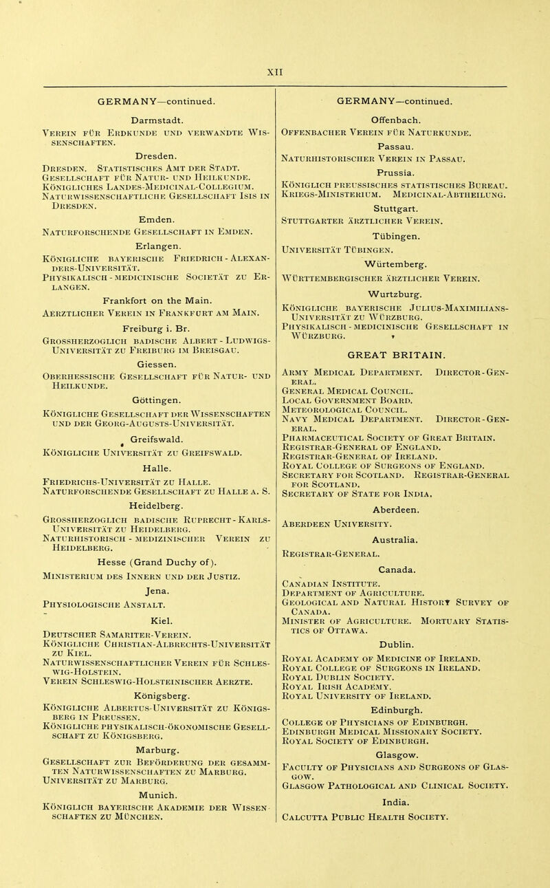 GERMANY—continued. Darmstadt. Verein fOr Eudkunde und verwandte Wis- senschaften. Dresden. Dresden. Statistisches Amt der Stadt. Gesellschaft fur Natur- und Heilkunde. KoNiGLicHES Landes-Medicinal-Collegium. Naturwissenschaftliche Gesellschaft Isis in Dresden. Emden. Naturforschende Gesellschaft in Emden. Erlangen. KOnigliche bayerisciie Friedrich-Alexan- ders-Universitat. Physikalisch - medicinische Societat zu Er- langen. Frankfort on the Main. Aerztlicher Verein in Frankfurt am Main. Freiburg i. Br. Grossherzoglich badische Albert - Ludwigs- Universitat zu Freiburg im Breisgau. Giessen. Oberhessische Gesellschaft fur Natur- und Heilkunde. Gijttingen. KOnigliche Gesellschaft der Wissenschaften UND der Georg-Augusts-Universitat. Greifswald. Konigliche Universitat zu Greifswald. Halle. Friedrichs-Universitat zu Halle. Naturforschende Gesellschaft zu Halle a. S. Heidelberg. Grossherzoglich badische Euprecht-Karls- Universitat zu Heidelberg. Naturhistorisch - medizinischer Verein zu Heidelberg. Hesse (Grand Duchy of). Ministerium des Innern und der Justiz. Jena. Physiologische Anstalt. Kiel. Deutscher Samariter-Verein. Konigliche Christian-Albrechts-Universitat zu Kiel. Naturwissensciiaftlicher Verein fur Schles- wig-holstein. Verein Schleswig-Holsteinischer Aerzte. Konigsberg. Konigliche Albertus-Universitat zu Konigs- berg IN Preussen. Konigliche physikalisch-okonomische Gesell- schaft zu Konigsberg. Marburg. Gesellschaft zur Beforderung der gesamm- ten Naturwissenschaften zu Marburg. Universitat zu Marburg. Munich. Koniglich bayerische Akademie der Wissen schaften zu Munchen. GERMANY—continued. Offenbach. Offenbacher Verein fur Naturkunde. Passau. Naturhistorischer Verein in Passau. Prussia. Koniglich preussisches statistisches Bureau. Kriegs-Ministerium. Medicinal-Abtheilung. Stuttgart. Stuttgarter arztlicher Verein. Tubingen. Universitat Tubingen. Wiirtemberg. Wurttembergischer arztlicher Verein. Wurtzburg. KONIGLICHE bayerische Julius-Maximilians- Universitat zu Wurzburg. Physikalisch - medicinische Gesellschaft in m^urzburg. t GREAT BRITAIN. Army Medical Department. Director-Gen- eral. General Medical Council. Local Government Board. Meteorological Council. Navy Medical Department. Director-Gen- eral. Pharmaceutical Society of Great Britain. Registrar-General op England. Registrar-General of Ireland. Royal College of Surgeons of England. Secretary for Scotland. Registrar-General FOR Scotland. Secretary of State for India. Aberdeen. Aberdeen University. Australia. Registrar-General. Canada. Canadian Institute. Department of Agriculture. Geological and Natural Histort Survey op Canada. Minister of Agriculture. Mortuary Statis- tics OP Ottawa. Dublin. Royal Academy of Medicine of Ireland. Royal College of Surgeons in Ireland. Royal Dublin Society. Royal Irish Academy. Royal University of Ireland. Edinburgh. College of Physicians of Edinburgh. Edinburgh Medical Missionary Society. Royal Society of Edinburgh. Glasgow. Faculty of Physicians and Surgeons of Glas- gow. Glasgow Pathological and Clinical Society. India. Calcutta Public Health Society.