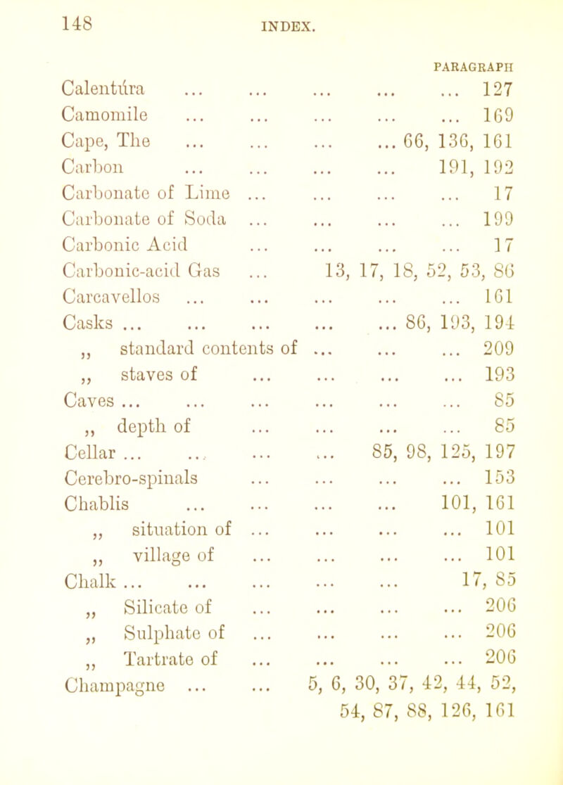 PARAGRAPH Calentiira 127 Camomile ... ... ... ... ... 169 Cape, The 06, 13G, 161 Carbon 191, 192 Carbonate of Lime ... ... ... ... 17 Carbonate of Soda ... ... ... ... 199 Carbonic Acid ... ... ... ... 17 Carbonic-acid Gas ... 13, 17, IS, 52, 53, 8<J Carcavellos ... ... ... ... ... 161 Casks 86, 193, 194 ,, standard contents of ... ... ... 209 ,, staves of ... ... ... ... 193 Caves ... ... ... ... ... ... 85 ,, depth of ... ... ... ... 85 Cellar 85, 98, 125, 197 Cerebro-spinals ... ... ... ... 153 Chablis 101, 161 ,, situation of ... ... ... ... 101 „ village of ... ... ... ... 101 Chalk 17,85 „ Silicate of 206 „ Sulphate of 206 „ Tartrate of 206 Champagne 5, 6, 30, 37, 42, 44, 52, 54, 87, 88, 126, 161