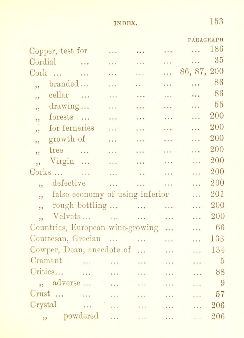 PARAGRAPH r^nnnpT tpsf, for ... ... ... 186 CVn*flin,l 35 Cork 86, 87, 200 ); branded... ... .. ... ... 86 cellar ... ... 86 rl rn wm^ ... yy V l l Ll *f 111^ ... ... ... ... 55 forests ... ... ... ... 200 for ferneries ... 200 ,, growth of ... 200 tree ... ... ... ... ... 200 ,, Virgin ... ... 200 Corks ... ... 200 ,, defective ... 200 false economy of using inferior ... 201 ,, rough bottling ... ... 200 ,, Velvets ... ... 200 Countries, European wine-growing ... 66 Courtesan, Grecian ... 133 Cowper, Dean, anecdote of ... ... 134 Cramant 5 Critics... 88 ,, adverse ... 9 Crust ... ... 57 Crystal ... ... ... 206 ,, powdered ... 206