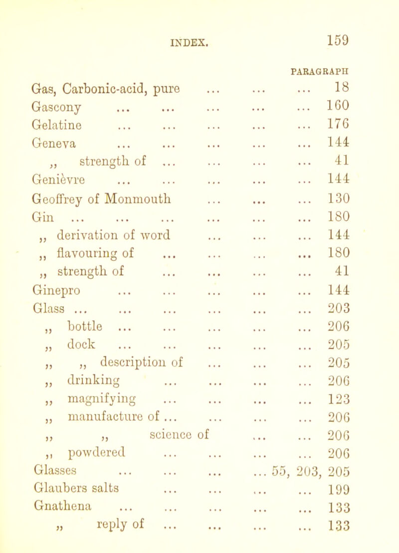 PARAGRAPH Gas, Carbonic-acid, pure ... ... ... 18 Gascony ... ... ... ... ... 160 Gelatine 176 Geneva 144 strength, of ... ... ... ... 41 Genievre ... ... ... ... ... 144 Geoffrey of Monmouth ... ... ... 130 Gin 180 ,, derivation of word ... ... ... 144 ,, flavouring of ... ... ... ... 180 „ strength of ... ... ... ... 41 Ginepro ... ... ... ... ... 144 Glass 203 „ bottle 206 „ dock 205 ,, ,, description of ... ... ... 205 ,, drinking ... ... ... ... 206 magnifying ... ... ... ... 123 ,, manufacture of ... ... ... ... 206 ,, ,, science of ... ... 206 ,, powdered ... ... ... ... 206 Glasses 55, 203, 205 Glaubers salts ... ... ... ... 199 Gnathena ... ... ... ... ... 133 reply of 133