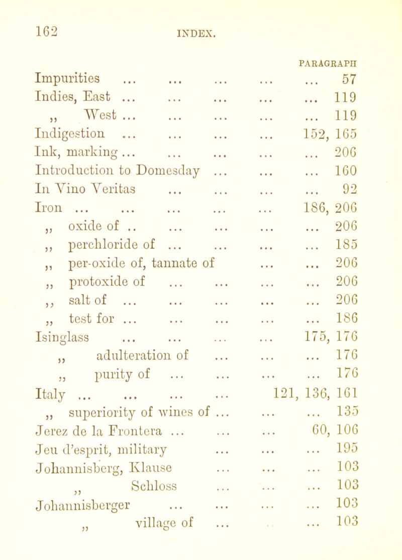 PARAGRAPH Impurities ... ... ... ... ... 57 Indies, East ... ... ... ... ... 119 West 119 Indigestion ... ... ... ... 152, 165 Ink, marking... ... ... ... ... 206 Introduction to Domesday ... ... ... 160 In Vino Veritas ... ... ... ... 92 Iron 1S6, 206 ,, oxide of .. ... ... ... ... 206 ,, perchloride of ... ... ... ... 185 ,, per-oxide of, tannate of ... ... 206 ,, protoxide of ... ... ... ... 206 salt of 206 „ test for 186 Isinglass ... ... ... ... 175, 176 adulteration of ... ... ... 176 purity of ... ... ... ... 176 Italy 121, 136, 161 ,, superiority of wines of ... ... ... 135 Jerez de la Fronteva ... ... ... 60,106 Jeu d'esprit, military ... ... ... 195 Johannisberg, Klause ... 103 „ Sckloss ... ... ... 103 Johannisberger ... ... ... ... 103 „ village of ... ... 103