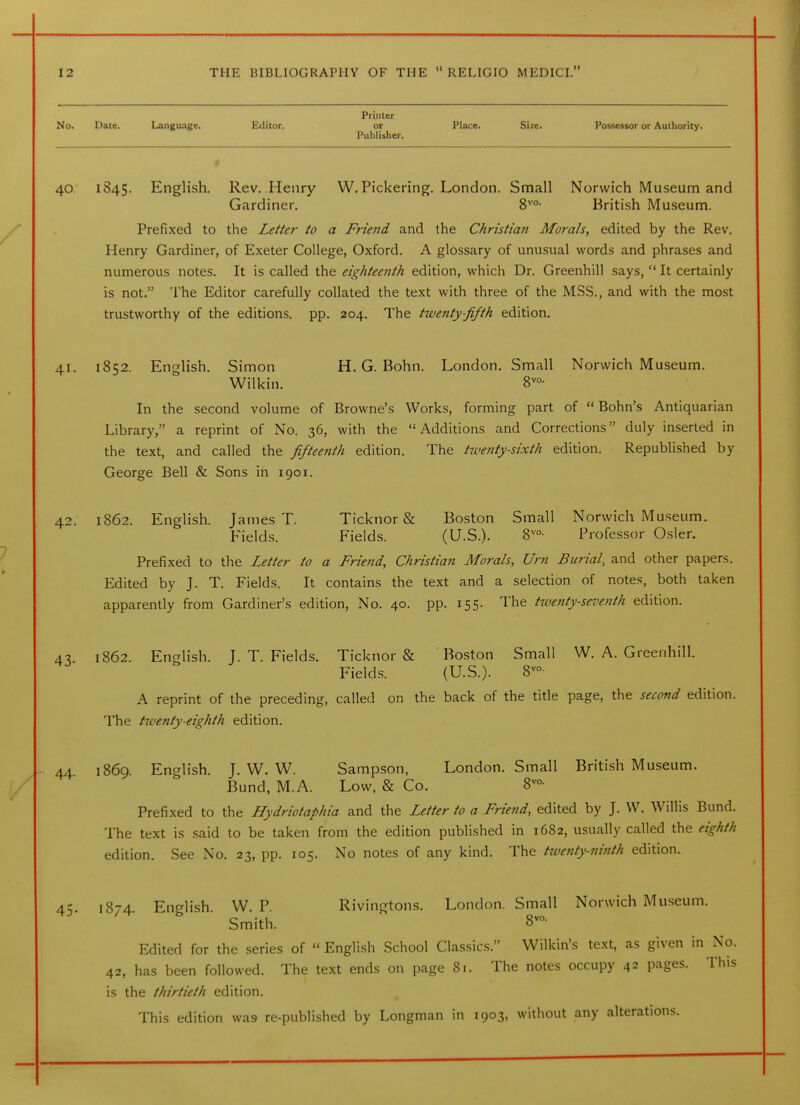 Printer No. Date. Language. Editor. or Place. Size. Possessor or Authority. Publisher. 40. 1845. English. Rev. Henry W.Pickering. London. Small Norwich Museum and Gardiner. 8^'°- British Museum. Prefixed to the Letter to a Friend and the Christiaii Morals, edited by the Rev. Henry Gardiner, of Exeter College, Oxford. A glossary of unusual words and phrases and numerous notes. It is called the eighteenth edition, which Dr. Greenhill says,  It certainly is not. 'I'he Editor carefully collated the text with three of the MSS., and with the most trustworthy of the editions, pp. 204. The twenty-fifth edition, 41. 1852. English. Simon H. G. Bohn. London. Small Norwich Museum. Wilkin. 8^ <vo. In the second volume of Browne's Works, forming part of  Bohn's Antiquarian Library, a reprint of No. 36, with the Additions and Corrections duly inserted in the text, and called the fifteerith edition. The tiventy-sixth edition. Republished by George Bell & Sons in 1901. 42. 1862. English. James T. Ticknor & Boston Small Norwich Museum. Fields. Fields. (U.S.). 8^°- Professor Osier. Prefixed to the Letter to a Friend, Christian Morals, Urn Burial, and other papers. Edited by J. T. Fields. It contains the text and a selection of notes, both taken apparently from Gardiner's edition, No. 40. pp. 155. The twenty-sei^enth edition. AX 1862. English. J. T. Fields. Ticknor & Boston Small W. A. Greenhill. Fields. (U.S.). 8- A reprint of the preceding, called on the back of the title page, the second edition. The twenty-eighth edition. 44 1869. English. J. W. W. Sampson, London. Small British Museum. Bund, M.A. Low, & Co. 8^'°- Prefixed to the Hydriotaphia and the Letter to a Friend, edited by J. W. Willis Bund. The text is said to be taken from the edition published in 1682, usually called the eighth edition. See No. 23, pp. 105. No notes of any kind. The tiventy-ninth edition. 4!;. 1874 EnHish. W. P. Rivingtons. London. Small Norwich Museum. Smith. o Edited for the series of  English School Classics. Wilkin's text, as given in No. 42, has been followed. The text ends on page 8r. The notes occupy 42 pages. This is the thirtieth edition. This edition was re-published by Longman in 1903, without any alterations.