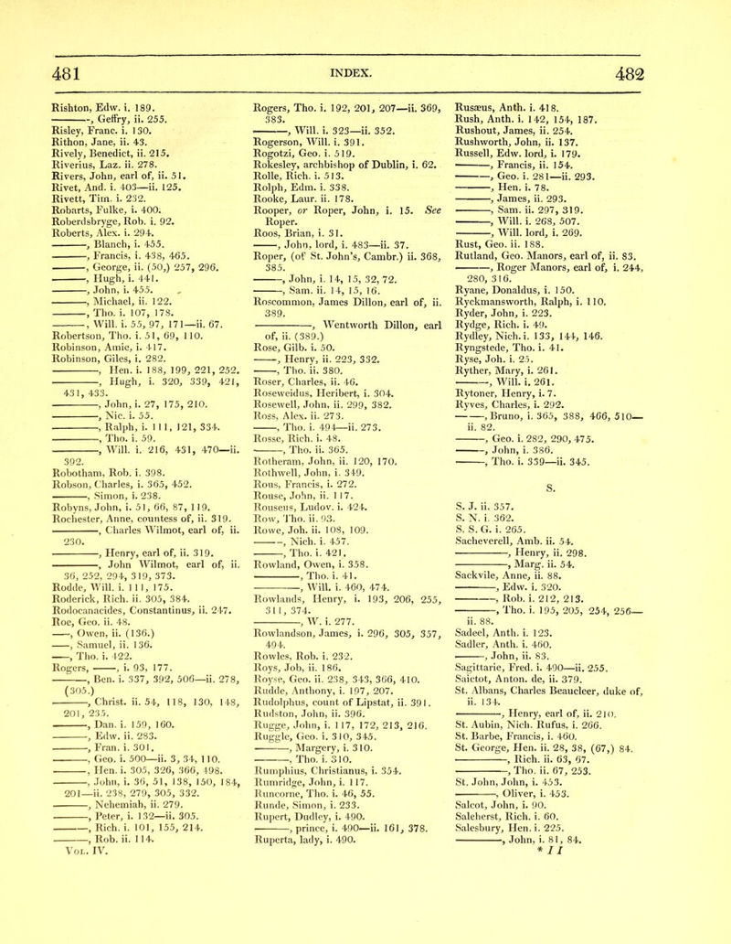 Rishton, Edw. i. 189. , Geffry, ii. 255. Risley, Franc, i. 130. Rithon, Jane, ii. 43. Rively, Benedict, ii. 215. Riverius, Laz. ii. 278. Rivers, John, earl of, ii. 51. Rivet, And. i. 403—ii, 125. Rivett, Tim. i. 232. Robarts, Fulke, i. 400. Roberdsbryge, Rob. i. 92. Roberts, Alex. i. 294. , Blanch, i. 455. , Francis, i. 438, 465, , George, ii. (50,) 257, 296, ■ , Hugh, i. 441. , John, i. 455, , Michael, ii. 122. , Tho. i. 107, 178. , Will. i. 55, 97, 171—ii. 67. Robertson, Tho. i. 51, 69, 110. Robinson, Amie, i. 417, Robinson, Giles, i, 282. , Hen. i. 188, 199, 221, 252. . , Hugh, i. 320, 339, 421, 431, 433. , John, i. 27, 175, 210. , Nic. i. 55. , Ralph, i. Ill, 121, 334. . , Tho. i. 59. , Will. i. 216, 431, 470—ii, 392. Robotham, Rob. i. 398. Robson, Charles, i. 365, 452. , Simon, i. 238. Robyns, John, i. 51, 66, 87, 119, Rochester, Anne, countess of, ii. 319. , Charles Wilmot, earl of, ii. 230. , Henry, earl of, ii. 319. , John Wilmot, earl of, ii. 36, 252, 294, 319, 373. Rodde, Will. i. Ill, 175, Roderick, Rich, ii, 305, 384. Rodocanacides, Constantinus, ii. 247. Roe, Geo. ii. 48. , Owen, ii. (136.) , Samuel, ii. 136. , Tho. i, 422, Rogers, , i. 93, 177. , Ben, i. 337, 392, 506—ii. 278, (305.) . , Christ, ii. 54, 118, 130, 148, 201, 235. , Dan. i. 159, 160. , Edw, ii. 283. , Fran. i. 301, , Geo. i. 500—ii. 3, 34, 110. , Hen.i, 305, 326, 366, 498. , .John, i. 36, 51, 138, 150, 184, 201—ii. 238, 279, 305, 332. , Nehemiah, ii. 279. , Peter, i. 132—ii. 305. -, Rich. i. 101, 155, 214. , Rob. ii. 114. Vol, IV. Rogers, Tho. i, 192, 201, 207—ii. 369, 383. ■ , Will, i, 323—ii, 352. Rogerson, Will. i. 391, Rogotzi, Geo. i. 519. Rokesley, archbishop of Dublin, i. 62. Rolle, Rich. i. 513. Rolph, Edm. i. 338. Rooke, Laur. ii. 178, Rooper, or Roper, John, i. 15, See Roper. Roos, Brian, i. 31. , John, lord, i. 483—ii, 37, Roper, (of St. John's, Cambr.) ii. 368, 385. , John, i. 14, 15, 32, 72, , Sam. ii. 14, 15, 16. Roscommon, James Dillon, earl of, ii. 389. ■ , Wentworth Dillon, earl of, ii. (389.) Rose, Gilb, i. 50. Henry, ii. 223, 332. , Tho. ii, 380. Roser, Charles, ii. 46. Roseweidus, Heribert, i. 304. Rosewell, John, ii. 299, 382. Ross, Alex, ii. 273. , Tho. i. 494—ii. 273. Rosse, Rich. i. 48, , Tho. ii, 365. Rotheram, John, ii. 120, 170. Rothwell, John, i. 349. Rous, Francis, i. 272. Rouse, .John, ii. 117. Rousens, Ludov. i, 424. Row, Tho. ii. f)3. Rovve, Joh, ii. 108, 109. , Nich. i. 457. , Tho. i. 421. Rowland, Owen, i. 358. , Tho. i. 41. , Will, i. 460, 474. Rowlands, Henry, i. 193, 206, 255, 311, 374, , W. i. 277. Rowlandson, James, i. 296, 305, 357, 494. Rowles, Rob, i. 232. Roys, Job, ii. 186. Royse, Geo. ii. 238, 343, 366, 410. Rudde, Anthony, i. 197, 207. Rudolphus, count of Lipstat, ii. 391. Rudston, .Tohn, ii. 396. Rugge, John, i. 117, 172, 213, 216. Ruggle, Geo. i. 310, 345. , Margery, i. 310. , Tho. i. 3 ] 0, Rumphius, Christianus, i. 354. Rumridge, John, i. 117. Runcorne, Tho. i. 46, 55. Runde, Simon, i. 233. Rupert, Dudley, i. 490. , prince, i. 490—ii, 161, 378, Ruperta, lady, i. 490. Rusaeus, Anth, i. 418. Rush, Anth. i. 142, 154, 187, Rushout, James, ii. 254. Rushworth, John, ii, 137. Russell, Edw. lord, i. 179. ■ , Francis, ii. 154. , Geo. i. 281—ii. 293. , Hen. i, 78. , James, ii. 293. ■ , Sam. ii, 297, 319. , Will. i. 268, 507, , Will, lord, i. 269. Rust, Geo. ii. 188. Rutland, Geo. Manors, earl of, ii. S3, , Roger Manors, earl of, i. 244, 280, 316. Ryane, Donaldus, i. 150. Ryckmansworth, Ralph, i. 110, Ryder, John, i. 223. Rydge, Rich, i, 49. Rydley, Nich.i. 133, 144, 146. Ryngstede, Tho. i. 41. Ryse, Joh. i. 25. Ryther, Mary, i. 261, , Will, i, 261, Rytoner, Henry, i, 7, Ryves, Charles, i. 292. , Bruno, i. 365, 388, 466, 510— ii. 82. , Geo. i. 282, 290, 475. —, John, i. 386. ' , Tho. i. 339—ii. 345. S. S. J, ii. 357. S. N. i. 362, S. S. G. i. 265. Sacheverell, Amb. ii. 54. ■ , Henry, ii. 298, , Marg. ii. 54. Sackvile, Anne, ii. 88. , Edw, i. 320. , Rob. i. 212, 213. , Tho. i. 195, 205, 254, 256— ii. 88. Sadeel, Anth. i. ] 23. Sadler, Anth. i. 460. ' , .Tohn, ii. 83. Sagittarie, Fred. i. 490—ii, 255. Saictot, Anton, de, ii, 379. St. Albans, Charles Beaucleer, duke of, ii. 134. , Henry, earl of, ii, 2l(). St. Aubin, Nich. Rufus, i. 266. St. Barbe, Francis, i. 460. St. George, Hen. ii. 28, 38, (67,) 84. ■ Rich. ii. 63, 67, , Tho. ii. 67, 253. St. John, John, i. 453. ■ , Oliver, i. 453. Salcot, John, i, 90. Saleherst, Rich. i. 60, Salesbury, Hen. i. 225. , John, i. 81, 84. * II