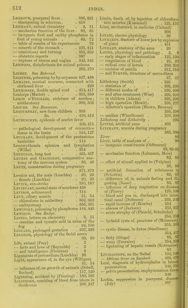 Leguoux, puorpernl fever . . 38G, 391 — shampooing in sclcrcniii. . 410 Leiimann, nnimiil olieuiistry • 3, 11 — succlinvino function of the liver . 82, 85 — inorjruiiic food nnd curtliy phosphates in food of younpf animals . . 69, 72 — table of results of his experiments 73 — catarrh of the stonuicli . . 235, 211 — craniotomy and turning , 355, 359 — obstetric reports . . 387 — rupture of uterus and vagina . 312, 315 Lehwess, disinfectants for animal poisons 269, 270 Leiben. See Behreml. Leistneu, poisoning by hyoscyamus 437, 438 Lemaiue, musical murmur, connected with cirrhosed liver . . . 229 Lenhossek, double spinal cord . 414, 417 Leniccps (Mattel) . . . 355, 359 Leeoy d'Etiolles, stricture of urethra; urethrotomy . . . 300,302 LEsrnE. See Moiissean. LEXOPBNEAr, new-born childi-en . 393 — do. . 410,412 Leubuscher, epidemic of scarlet fever 109, 411 — pathological development of connective tissue in the brain . . 121., 127 LErcKAET, development of the pentastoma tajnioides . . . 114 Leucocythemia splenica and lymphatica (Wilks) . . . .254 Leupoldt, lung test . . 455, 457 Leueet and Geatiolet, comparative ana- tomy of the nervous system . 36, 46 Leutb, menstruation during pregnancy 371, 373 Levator ani, the male (Luschka) . 20, 23 — female (Luschka) . . 20, 23 Letick, sun-stroke . . 180,189 Letincaet, mental state of murderer 458 Letison, echinococci . . 114 Lett, ciliary muscle . . 51, 54 — chloroform in midwifery . 362, 362 — embryotomy . . • 356,361 Lewinsky, poisoning by phosphorus 114, 445 Lewison. See Budge. Liebig, letters on chemistry . 3, 11 — creatine and cynuric acid in urine of the dog . . • ■ 94100 Liegaed, prolonged gestation . 337, 338 Liegeois, physiology of the facial nerve 39, 50 Life, animal (Piey) • • 2 — facts and laws' of (Eeynolds) . 2 — and intelligence (Flourens) . 2 Ligaments of jjericardium (Luschka) 26 Lisiht, appearance of, in the eye (Willigen)  51, 54 — infliience of, on growth of animals (Dobell, l$eclard) . • • 117,120 Lightning, accident by (Fleming) . 180,195 LiWEUORN, vomiting of blood from ulcers in dnodonuin . • • 236,217 Liinhs, death of, by injection of chloroform into arteries (Kussmaul) . 125,131 Lime, saccharated, in medicine (Cleland) 268 LiNATi, olectro-])hy8iology . 36 LiNiiAUDT, fjucture of lower jaw by explosion of pistol . . . 451 LiNUAET, anatomy of the anus . 20 Listek, ))hysiology and j)athology . 2, 0 — early stages of inrtamniation . 125,130 — coagulation of blood . . 25, 21) — radical cure of hernia . . 289, 292 — excision of patella . . 312,319 — and TuBNEU, structure of nerve-fibres 37, 47 Lithotomy (Smith) . . 295 — statistics of . . . 295,290 — different modes of . . 295, 2!)*; — and after-treatment (Wise) . 295, 2'J.') — in children (Adams) . . 295,291; — high operation (Hewit). . 295, 2U7 —■ AUarton's operation (Brown, Browne) 295, 296 — median (Wheelhouse) . . 295, 29(i Lithotomy and Lithotriiy , . 295 LiTTEK, artificial anus . . 405 LiTZJiAKN, \ira;mia during pregnancy 385, 389 Liver .... 82 Liver, table of analyses of . . 90 — inorganic constituents (Oidtmann) 83, 89-91 — saccharine function (Lehmann, Moos) 82, 85 — ofl'ect of stimuli applied to (Vulpian) 26, 30 — artificial formation of substances in (Schottin) . . .82, 87 — difference of, in animals fasting and di- gesting (Xasse) . . . 83, 87 — inttuence of deep respiration on diseases of(Piorry) . . . 125,136 — blood and pus in, discharged into intes- tinal canal (Dufresne) . . 235,213 — rapid increase of (Howitz) . 254 — abscess of (Jackson) . . 253, 257 — acute atrophy of (Pleischl, Schnitzler) 254, 259 — hydatid cysts of, puncture of (Moissenet) 255, 263, — cystic disease, in fuetus (Smallman) 414, 417: — fatty (Gluge) . . .83, 87 — waxy (Fournier) . . 254, 259' — ligaturing of hepatic vessels (Kottmeier) 83 LiTiNGSTONE, On the Ts(?tsd . 101,106 — African fever on Zambesi . 469, 470 LiZK, diagnosis of liydrocephalus in brce^ presentation . • . 3 '9,3r — pelvic presentation, emphysematous fati 318 puerperal diseas Lochia, suppression in (Joly) . 387