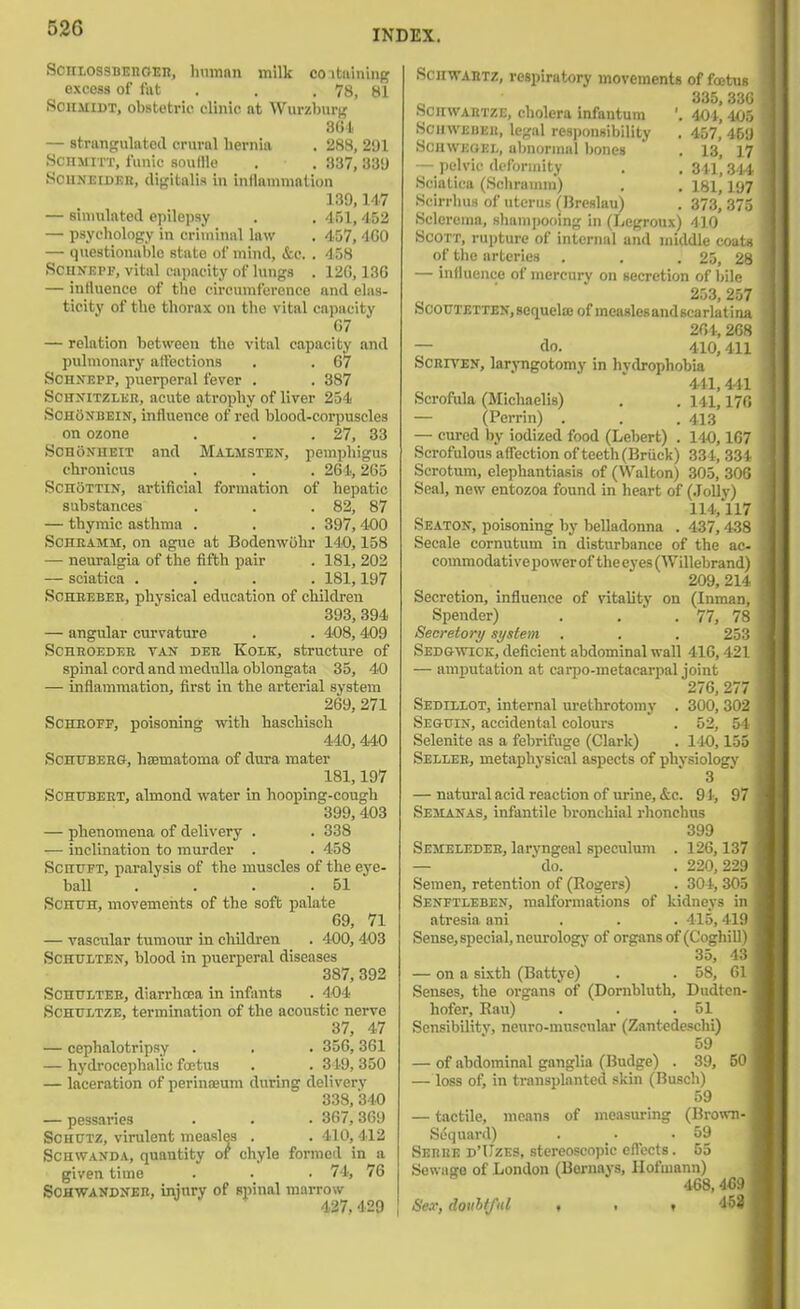 SoniossDEnoEB, human milk coitiiiniiiff excess of tut . . .78, 81 SoiiMiDT, obstetric clinic at Wurzburt,' 301. — strangfulatod crural hernia . 288, 291 ScnMiTT, I'unic soudle . . 337,331) SouNEiDEB, digitalis in inflammation 139,147 — simulated epilepsy . . 451,452 — psychology in criminal law . 457, 400 — questionable state ol mind, &o. . 458 SCUNEPF, vital capacity of lungs . 120,136 — influence of tlie circumference and elas- ticity of the thorax on the vital capacity 07 — relation between the vital capacity and pulmonary aftections . . 07 SCHNEPP, puerperal fever . . 387 SCHNITZLER, acute atrophy of liver 254 SCHoXBEiN, influence of red blood-corpuscles on ozone . . .27, 33 SoHoNHEiT and Malmsten, pemphigus chronicus . . . 204,205 SCHOTTIN, artificial formation of hepatic substances . . .82, 87 — thymic asthma . . . 397, 400 SoHEAMii, on ague at Bodenwohr 140,158 — neuralgia of the fifth pair . 181, 202 — sciatica .... 181,197 SCHBEBEE, physical education of children 393, 394 — angular curvature . . 408, 409 SCHEOEDEB VAN DEE KOEK, structure of spinal cord and medulla oblongata 35, 40 — inflammation, first in the arterial system 269, 271 SCHEOPE, poisoning with haschisch 440, 440 SoHTTBEBa, heematoma of dura mater 181,197 SOHTTBEBT, almond water in hooping-cough 399, 403 — phenomena of delivery . . 338 — inclination to murder . . 458 ScHTJFT, paralysis of the muscles of the eye- ball . . . . 51 ■ ScnuH, movements of the soft palate 09, 71 — vascular tumour in children . 4-00, 403 ScHULTEN, blood in puerperal diseases 387, 392 ScHTTLTEE, diarrhoea in infants . 404 SOHITLTZE, termination of the acoustic nerve 37, 47 — cephalotripsy . . . 356,361 — hydrocephalic foetus . . 319, 350 — laceration of perinaeum during delivery 338, 340 — pessaries . . . 367,309 SOHUTZ, virulent measles . . 410, 412 SCHWANDA, quantity of chyle formed in a given time . . • 74, 76 SoHWANDNEB, injury of spinal marrow 427,429 SciiWAETZ, respiratory movements of foetus 335, 330 ScnwABTZE, cholera infantum '. 401-, 405 SciiWEUEii, legal resijonsibility . 457, 459 ScjiWEOEi,, abnormal l)one8 . 13, 17 — pelvic deformity . .341,344 Sciatica (Schramm) , , 181,197 Hcirrhus of uterus (Hreslau) . 373, 375 Sclerema, shampooing in (Logroux) ^llO Scott, rui)ture of internal and middle coats of the arteries . , .25, 28 — influence of mercury on secretion of bile 253, 257 bCOOTETTEif,sequelae of measlesandscarlatina 204, 208 — do. 410,411 ScEiVEN, larjmgotomy in hydrophobia 441, 441 Scrofula (Michaelis) , . 141,170 — (Perrin) . . . 413 — cui-ed by iodized food (Lebert) . 140,107 Scrofulous aff'ection of teeth (Bruck) 331, 331 Scrotum, elephantiasis of (Walton) 303, 300 Seal, new entozoa found in heart of (Jolly) 114,'ll7 Seaton, poisoning by belladonna . 437,4-38 Secale cornutum in disturbance of the ac- commodativepowerof theeyes(Willebrand) 209, 214 Secretion, influence of vitality on (Inman, Spender) . . .77, 78 Secretory system . . . 253 SEca^viCK, deficient abdominal wall 416,421 — amputation at carpo-metacarpal joint 276, 277 Sediliot, internal urethrotomy . 300, 302 Seguin, accidental colours . 52, 54 Selenite as a febrifuge (Clark) . 140,155 Seelee, metaphysical aspects of phvsiology 3 — natural acid reaction of urine, &c. 94, 97 Semanas, infantile bronchial rhonchus 399 Semeledee, laryngeal speculum . 126,137 — do. . 220,229 Semen, retention of (Rogers) . 304, 305 Senftleben, malformations of kidneys in atresia ani . . . 415,419 Sense, special, neurology of organs of (CoghiU) 35, 43 — on a sixth (Battye) . . 58, 61 Senses, the organs of (Dornbluth, Dudten- hofer, Eau) . . .51 Sensibilitv, neuro-mnscular (Zantedeschi) 59 — of abdominal ganglia (Budge) . 39, 50 — loss of, in transplanted skin (Busch) 59 — tactile, means of measuring (Brown- Sequard) . . .59 Sebbe d'Uzes, stereoscopic eflects. 55 Sewage of London (Bernays, Hofmann) 468, 4<39 Sex,douiif^ t . ,458