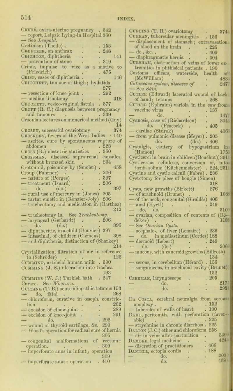 511. Cbedk, extra-uterine pregnancy . 342 — report, Leipzic Eying-in Hospital 360 — .See Leopold. Cretinism (Theile) . . . 153 Cbeutzeb, on anthrax . . 248 Cbicuton, diphtheria . . 141 — prevention of stone . . 319 Crime, impulse to vice as a motive to (Friedrich) . . • .475 Crisp, eases of diphtheria . . 140 Critciiett, tumour of thigh; hydatids 277 — resection of knee-joint . . 292 — median lithotomy . . 318 Crockett, vesieo-vaginal fistula . 377 Ceoft (It. C.) diagnosis between pregnancy and tumours . . . 339 Croonian lectures on numerical method (Guy) 14 Cbosby, successful ovariotomy . 374 Cboskeey, fevers of the West Indies • 140 — ascites, cure by spontaneous rupture of abdomen . . . 223 Ceoss (R.) obstetric statistics . 360 Cbossman, diseased supra-renal capsules, without bronzed skin . . 234 Croton oil, poisoning by (Smoler) . 458 Croup (Fahrncr) . . . 206 — nature of (Forges) . . 397 — treatment (Isnard) . . 206 — do. (do.) . . 397 — rural use of mercury in (Jones) 205 — tartar emetic in (Ronzier-Joly) 206 — tracheotomy and medication in (Barthez) 212 — tracheotomy in. See Tracheotomy. — laryngeal (Gerhardt) . . 206 — do. (do.) . . 396 — diphtheritic, in a child (Bouvier) 397 — intestinal, of children (Clemens) 398 — and diphtheria, distinction of (Sharkey) 214 Crystallization, nitration of air in reference to (Schroder) . . .126 Cuming-, artificial human milk . 390 Gumming (J. S.) ulceration into trachea 193 Cummins (W. J.) Turkish bath . 247 Curare. See Woorara. Cuelino (T. B.) acute idiopathic tetanus 153 — do. fatal . . .268 — chloroform, curative in cesoph. constric- tion .... 262 — excision of elbow-joint . . 289 — excision of knee-joint . . 291 — do. . . 292 — wound of thyroid cartilage, &c. 299 — Wood's operation for radical cure of hernia 305 — congenital malformations of rectum; operation. . . . 309 — imperforate anus in infant; operation 809 — imperforate anus; operation . 410 CURLING (T. B.) ovariotomy . 37411 Curean, tubercular meningitis . 156 — displacement of stomach; extravasation I of blood on the brain , . 225 — do., &c. . . . . 409 — diaphragmatic hernia . . 304 Cubsham, obstruction of veins of lower ez« I tremities in phthisical patients . 190 Customs officers, waterside, health off I (Mc William) . . . 483.1 Cutaneous system, diseases of . 24wfl — See Skin. Cutler (Edward) lacerated wound of back I of hand; tetanus . . 268 Cutler (Ephraim) variola in the cow from.! vaccine virus . . . 137 — do. . .1)7 Cyanosis, case of (Richardson) . 20411 — do. (Peacock) . . 405 — cardiac (Sturok) . . 408 * — from pulmonic disease (Meyer) . 205 — do. (do.) . 406 Cystalgia, cautery of hvpogastrium inj (Hamon) • . . 175' Cysticerci in brain in childreh(Bouchut)] 3911 Cysticercus cellulosa;, conversion of, into taenia solium (Kiichenmeister) . 224, 2311 Cystine and cystic calculi (Fabre) . 236 Cystotomy for piece of bougie (Simon) 318 Cysts, new growths (Birkett) . 276 — of arachnoid (Brunet) . . 168-1 — of the neck, congenital (Giraldes) 406 — anal (Hyrtl) . . . 249 — do. do. . . .310 — ovarian, composition of contents of (Bo- • deker) .... 118- — See Ovarian Cysts. — acephalo-, of liver (Lemaire) . 236 — do. in mediastinum (Cordes) 188 — dermoid (Lebert) . . 249 — do. (do.) — mucous, with cancroid growths (Billroth) 134 — serous, in cerebellum (Herard) . 156 ■— sanguineous, in arachnoid cavity (Brunet) I 152 Czebmak, laryngoscope . . 205 — do. 217. — do. 298- Da Costa, cerebral neuralgia from serous- apoplexy .... 152 — tubercles of walls of heart . 190 Datil, peritonitis, with perforation (favor-- able) . . . . 225 — strychnine in chronic diarrhoea . 225 Dalton (J.C.) ether and chloroform 258 — air in veins after parturition . 319 Dambbe, legal medicine . . 124- — discretion of practitioners . 466 Daniell. ectopia cordis . . 188 — do. . . 200 — do. . . 108-