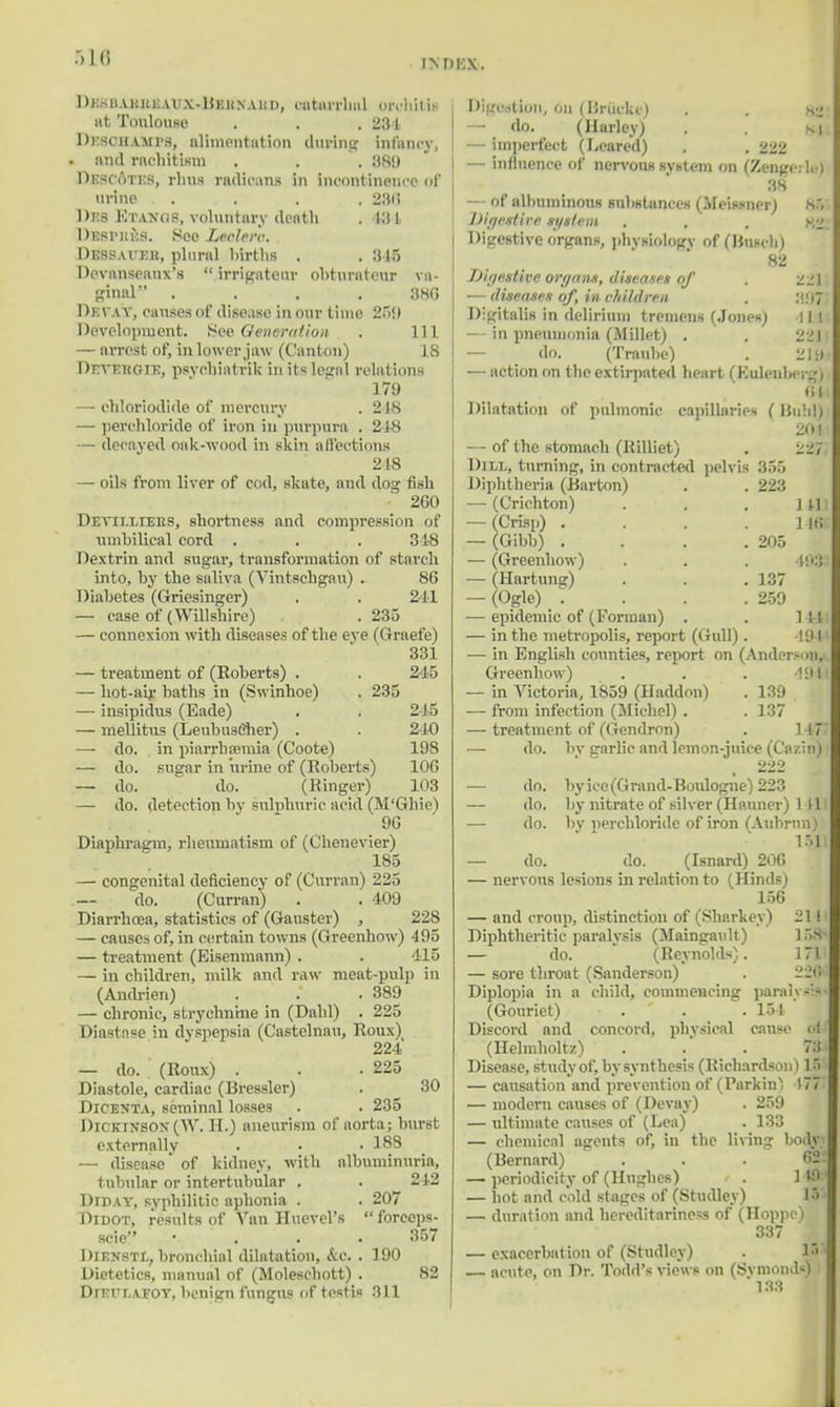 DUffBABltBAPX^HBSABD, catarrhal Oruhitii at Toulouse . . . 234 Di-hhamps, alimentation daring infancy, . and rnchitism . . . 389 Oi:sioti:s, rims radic.ms in incontinence of urine ... . . 23(5 Dbb Etangb, voluntary death . VB4 DbbpbSS. See Lerler'c. Dessaueh, plural births . . 315 Dcvanseaux's  irrigatenr obturateur va- ginal .... 380 Dai ay, causes of disease in our time 259 Development. See Generation . Ill — arrest of, in lower jaw (Canton) 18 Devekgie, psvehiatrik in its legal relations 179 — ehloriodide of mercury . 218 —- perchloride of iron in purpura . 218 — decayed oak-wood in skin a flections 218 — oils from liver of cod, skate, and dog fish 2G0 Devii.liers, shortness and compression of umbilical cord . . . 318 Dextrin and sugar, transformation of starch into, by the saliva (Vintschgau) . 86 Diabetes (Griesinger) . . . 241 — ease of (Willshire) . 235 — connexion with diseases of the eve (Graefe) 331 — treatment of (Roberts) . . 245 — hot-aiy baths in (Swinhoe) . 235 — insipidus (Eade) . . 215 — mellitus (Leubusfiher) . . 2-10 — do. in piarrhremia (Coote) 198 — do. sugar in urine of (Roberts) 10G — do. do. (Ringer) 103 — do. detection by sulphuric acid (M'Ghie) 9G Diaphragm, rheumatism of (Chenevier) 185 — congenital deficiency of (Curran) 225 do. (Curran) . . 409 Diarrhcea, statistics of (Gauster) , 228 — causes of, in certain towns (Greenhow) 495 — treatment (Eisenmann) . . 415 — in children, milk and raw meat-pulp in (Andrien) . . .389 — chronic, strychnine in (Dahl) . 225 Diastase in dyspepsia (Castelnau, Roux^ 224 — do. (Roux) . . .225 Diastole, cardiac (Bressler) . 30 Dicenta, seminal losses . . 235 Dickinson (YV. H.) aneurism of aorta; burst externally • • 188 — disease* of kidney, with albuminuria, tubular or intertubular . . 212 Diday, syphilitic aphonia . . 207 Didot, results of Van Huevel's forceps- scie • . . .357 DlENSTL, bronchial dilatation, &C . 190 Dietetics, manual of (Moleschott) . 82 Dieulafot, benign fungus of testis 311 82 si K.1 82: 221 :<97- lll! 2211 9.i 1 11! J 1(1 1 Hi 4941 Digestion, on (Brucke) — do. (Harley) — imperfect (Leared) . . 222 — influence of nervous system on (Zengerlu) 38 — of albuminous substances (Meissner) DiffetHve system Digestive organs, physiology of (Buscli) 82 TJir/esiive organs, diseases of diseases of, in children Digitalis in delirium tremens (Jones) — in pneumonia (Millet) . — do. (Traube) — action on the extirpated heart (Kulenberg) Dilatation of pulmonic capillaries (Buhl) 201 — of the stomach (Billiet) . sii Dill, turning, in contracted pelvis 855 Diphtheria (Barton) . . 223 — (Crichton) — (Crisp) .... — (Gibb) . . . .205 — (Greenhow) — (Hartung) . . . 137 — (Ogle) ^ . . . .259 — epidemic of (Forman) . — in the metropolis, report (Gull). — in English counties, report on (Anderson,! Greenhow) . . . 49t — in Victoria, 1859 (Haddon) . 139 — from infection (Michel) . . 137 — treatment of (Gendron) . 147 — do. by garlic and lemon-juice (Ca /.in) 222 — do. by ice (Grand-Boulogne) 223 — do. by nitrate of silver (Hauner) 111 — do. by perchloride of iron (Anbrnn) 151 — do. do. (Isnard) 20G — nervous lesions in relation to (Hinds) 156 — and croup, distinction of (Sharkey) Diphtheritic paralysis (Maingault) — do. (Reynolds). — sore throat (Sanderson) Diplopia in a child, commencing (Gouriet) Discord and concord, physical (Helmholtz) ... 7 Disease, study of, bysynthesis (Bichardson) 15 — causation and prevention of (Parkin'! 177 — modern causes of (Devuy) . 259 — ultimate causes of (Lea) . 133 — chemical agents of, in the living body (Bernard) ... 62 — periodicity of (Hughes) . 1 U) — hot and cold stages of (Studley) l> — duration and hcreditariness of (Hoppe) 337 — exacerbation of (Studley) . 15 — acute, on Dr. Todd's views on (SvniomU) 133 21 I ].-,s 171 paralvfl . 154  cause oU 73 i