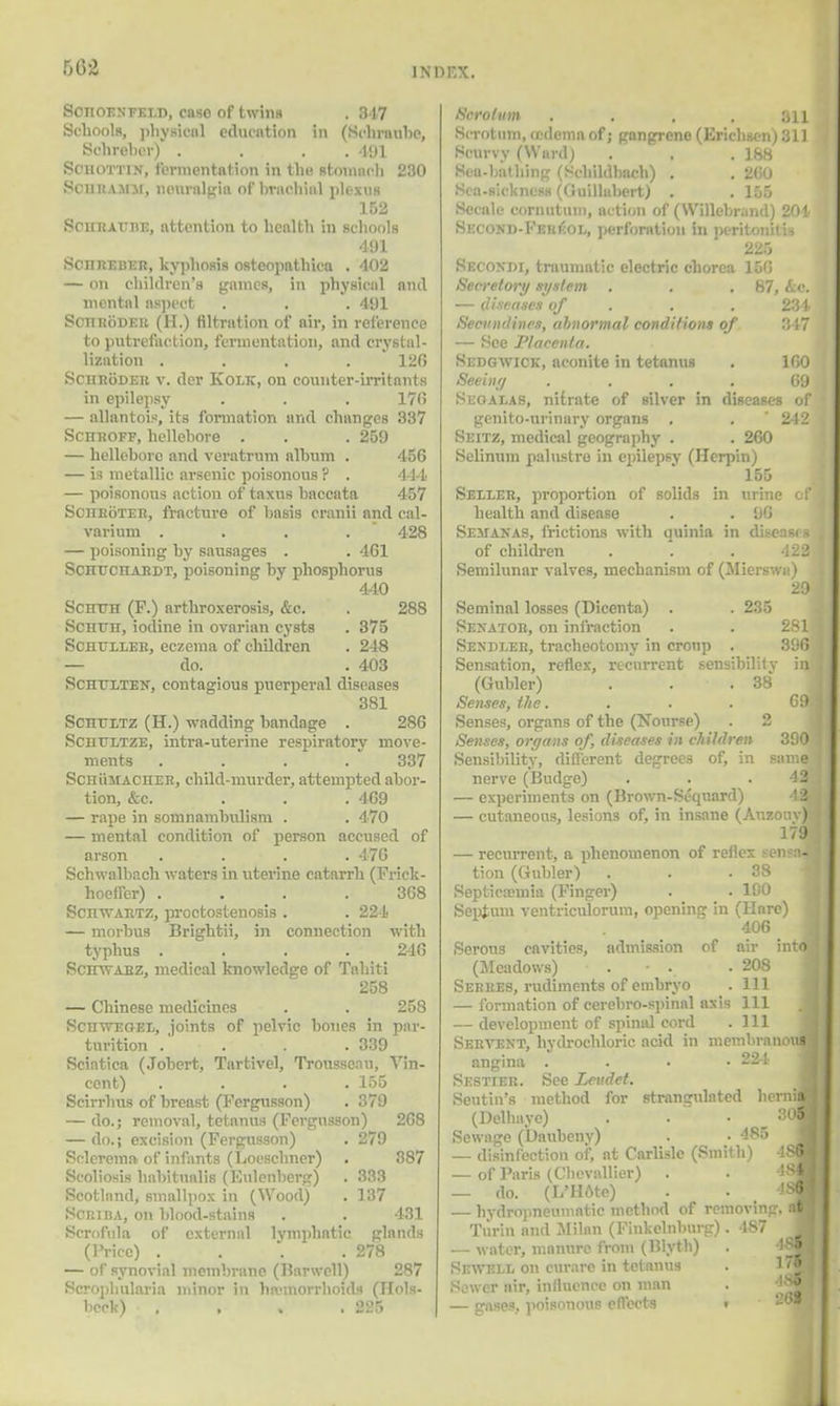 Sotioenfei.d, case of twins . 347 Schools, physical education in (Schranbe, Sehreber) . . . 491 Schottin, fermentation in the stomach 230 BoTntAKif, neuralgia of brachial plexus 152 SoHRATJBB, attention to health in schools 491 SonREBER, kyphosis osteopathica . 402 — on children's games, in physical and mental aspect . . . 491 ScnnoDEit (H.) filtration of air, in reference to putrefaction, fermentation, and crystal- lization .... 126 Schroder v. der Koltc, on counter-irritants in epilepsy . . . 170 — allantoic, its formation and changes 337 Schroff, hellebore . . . 259 — hellebore and veratrum album . 456 — is metallic arsenic poisonous ? . 444 — poisonous action of taxus baccata 457 Schhoteh, fracture of basis cranii and cal- varium . . . . 428 — poisoning by sausages . . 461 Scnr/CHARDT, poisoning by phosphorus 440 Scmra (F.) arthroxerosis, &c. . 288 Schtjh, iodine in ovarian cysts . 375 Schueler, eczema of children . 248 — do. . 403 Schtlten, contagious puerperal diseases 381 Schttetz (H.) wadding bandage . 286 Schultze, intra-uterine respiratory move- ments .... 337 Schumacher, child-murder, attempted abor- tion, &c. . . . 469 — rape in somnambulism . . 470 — mental condition of person accused of arson .... 476 Schwalbach waters in uterine catarrh (Frick- hoefTer) . . . .. 368 Schwartz, proctostenosis . . 221 — morbus Brightii, in connection with typhus .... 246 Schwabz, medical knowledge of Tahiti 258 — Chinese medicines . . 258 Schwegee, joints of pelvic bones in par- turition .' . .339 Sciatica (Jobert, Tartivel, Trousseau, Vin- cent) . . . . 155 Scirrhus of breast (Fergusson) . 379 — do.; removal, tetanus (Fergusson) 268 — do. j excision (Fergusson) . 279 Sclerema of infants (Loeschner) . 387 Scoliosis habitualis (Eulenberg) . 333 Scotland, smallpox in (Wood) . 137 Schiba, on blood-stains . . 4-31 ScrofUla of external lymphatic glands (Price) . . . .278 — of synovial membrane (Harwell) 287 Scrophularia minor in hemorrhoid* (finis- hed^ . . . .225 Scrotum .... 811 Scrotum, oedema of; gangrene (Erichsen) 311 Scurvy (Ward) . . .188 Sea-bathing (Sehildbach) . . 260 S<a-s'.cknesn (Guilhibert) . . 155 Secale cornutum, action of (Willebrand) 204 SECOND-I-'EKfioL, perforation in peritonitis 225 Secondi, traumatic electric chorea 156 Secretory system . 87, &c. — diseases of . . 234 Secundinrs, abnormal conditions of 347 — See Placenta. Sedgwick, aconite in tetanus . 160 Seeing . . . » 69 Seoalas, nitrate of silver in diseases of genito-urinary organs . . ' 242 Seitz, medical geography . . 260 Selinum palustre in epilepsy (Herpin) 155 Seexer, proportion of solids in urine of health and disease . . 96 Semanas, frictions with quinia in diseases of children . . . 422 Semilunar valves, mechanism of (Mierswa) 29 Seminal losses (Dicenta) . . 235 Senator, on infraction . . 281. Sendeer, tracheotomy in croup . 396 Sensation, reflex, recurrent sensibilitv in (Gubler) . . 38 Senses, the. . . . ' 69 Senses, organs of the (Nourse) . 2 Senses, organs of, diseases in children 390 Sensibility, different degrees of, in same nerve (Budge) . . .42 — experiments on (Brown-Sequard) 49 — cutaneous, lesions of, in insane (Auzonv) 179 — recurrent, a phenomenon of reflex sensaJ tion (Gubler) . . .38 Septicaimia (Finger) . . 100 Septum ventriciuorum, opening in (Hare) 406 Serous cavities, admission of air into (Meadows) . • . .208 Sekres, rudiments of embryo . Ill — formation of cerebro-spinal axis 111 ■ — development of spinid cord . Ill Servent, hydrochloric acid in niembranouH angina .... 224 Sestier. See Leudet. Seutin's method for strancrulated hernij (Delhaye) . - ■ _ 30B Sewage (Daubeny) • 485 *M — disinfection of, at Carlisle (Smith) 48fl — of Paris (Clievallier) . . ffl — do. (I/Hote) 48B — hydropneumatic method of removing, aflj Turin and Milan (Finkelnburg) . 487 ■ — water, manure from (Blyth) . ^ Sewell on curare in tetanus . ' Sewqf air, influence on man . -j — gases, poisonous effects t .