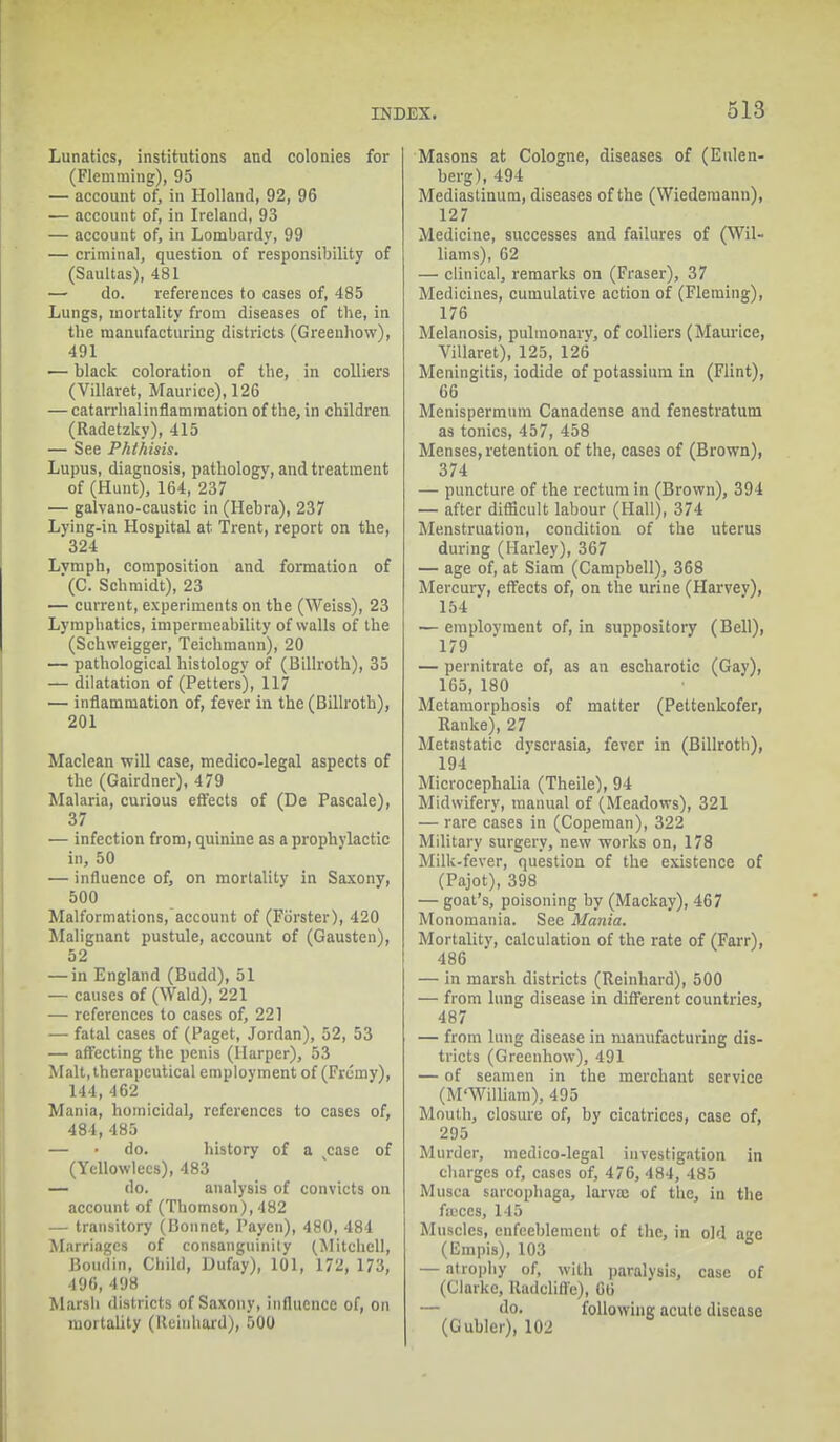 Lunatics, institutions and colonies for (Flemming), 95 — account of, in Holland, 92, 96 — account of, in Ireland, 93 — account of, in Lombardy, 99 — criminal, question of responsibility of (Saultas), 481 — do. references to cases of, 485 Lungs, mortality from diseases of the, in the manufacturing districts (Greenhow), 491 — black coloration of the, in colliers (Villaret, Maurice), 126 — catarrhalinflammation of the, in children (Radetzky), 415 — See Phthisis. Lupus, diagnosis, pathologv, and treatment of (Hunt), 164, 237 — galvano-caustic in (Hebra), 237 Lying-in Hospital at Trent, report on the, 324 Lymph, composition and formation of '(C. Schmidt), 23 — current, experiments on the (Weiss), 23 Lymphatics, impermeability of walls of the (Schweigger, Teichmann), 20 — pathological histology of (Billroth), 35 — dilatation of (Petters), 117 — inflammation of, fever in the (Billroth), 201 Maclean will case, medico-legal aspects of the (Gairdner), 479 Malaria, curious effects of (De Pascale), 37 — infection from, quinine as a prophylactic in, 50 — influence of, on mortality in Saxony, 500 Malformations, account of (Forster), 420 Malignant pustule, account of (Gausten), 52 — in England (Budd), 51 — causes of (Wald), 221 — references to cases of, 221 — fatal cases of (Paget, Jordan), 52, 53 — affecting the penis (Harper), 53 Malt, therapeutical employment of (Frcmy), 144, 462 Mania, homicidal, references to cases of, 484, 485 — • do. history of a case of (Ycllowlecs), 483 — do. analysis of convicts on account of (Thomson), 482 — transitory (Bonnet, Paycn), 480, 484 Marriages of consanguinity (Mitchell, Boudin, Child, Dufay), 101, 172, 173, 496, 498 Marsh districts of Saxony, influence of, on mortality (Keiuhard), 500 Masons at Cologne, diseases of (Eulen- berg), 494 Mediastinum, diseases of the (Wiedemann), 127 Medicine, successes and failures of (Wil- liams), 62 — clinical, remarks on (Fraser), 37 Medicines, cumulative action of (Fleming), 176 Melanosis, pulmonarv, of colliers (Maurice, Villaret), 125, 126 Meningitis, iodide of potassium in (Flint), 66 Menispermum Canadense and fenestratum as tonics, 457, 458 Menses, retention of the, cases of (Brown), 374 — puncture of the rectum in (Brown), 391 — after difficult labour (Hall), 374 Menstruation, condition of the uterus during (Harley), 367 — age of, at Siam (Campbell), 368 Mercury, effects of, on the urine (Harvev), 154 — employment of, in suppository (Bell), 179 — pernitrate of, as an escharotic (Gav), 165, 180 Metamorphosis of matter (Pettenkofer, Itanke), 27 Metastatic dyscrasia, fever in (Billroth), 194 Microcephalia (Theile), 94 Midwifery, manual of (Meadows), 321 — rare cases in (Copeman), 322 Military surgery, new works on, 178 Milk-fever, question of the existence of (Pajot), 398 — goat's, poisoning by (Mackay), 467 Monomania. See Mania. Mortality, calculation of the rate of (Farr), 486 — in marsh districts (Reinhard), 500 — from lung disease in different countries, 487 — from lung disease in manufacturing dis- tricts (Greenhow), 491 — of seamen in the merchant service (M'Williara), 495 Mouth, closure of, by cicatrices, case of, 295 Murder, medico-legal investigation in charges of, cases of, 476, 484, 485 Musca sarcophaga, larva; of the, in the faices, 145 Muscles, enfeeblement of the, in old age (Empis), 103 — atrophy of, with paralysis, case of (Clarke, Radcliffe), 66 — do. following acule disease (Gublei), 102