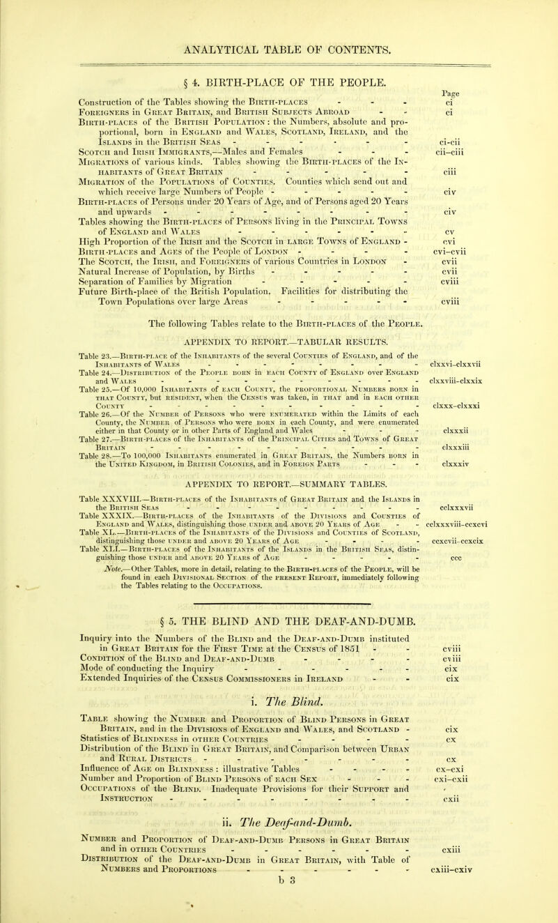 § 4. BIRTH-PLACE OF THE PEOPLE. Page Construction of the Tables showing the BiRTii-rLACES ... ci Foreigners in Great Britain, and British Subjects Abroad - - ci BiKTH-ri.ACES of the British Population: the Numbers, absolute and pro- portional, born in England and Wales, Scotland, Ireland, and the Islands in the British Seas - - - - . - ci-cii Scotch and Irish Immigrants,—Males and Females ... cii-ciii Migrations of various kinds. Tables showing the Birth-rlaces of the In- habitants of Great Britain .... . Migration of the Populations of Counties. Counties Avhicli send out and Avhich receive large Numbers of People ..... civ Birth-places of Persons under 20 Years of Age, and of Persons aged 20 Years and upwards . civ Tables showing the Birth-places of Persons living in the Principal Towns of England and Wales ....... cv High Proportion of the Irish and the Scotch in large Towns of England - cvi Birth-places and Ages of the People of London ... - cvi-cvii The Scotch, the Irish, and Foreigners of various Countries in London - cvii Natural Increase of Population, by Births ..... cvii Separation of Families by Migration - - cviii Future Birth-place of the British Population. Facilities for distributing the Town Populatioas over large Areas ..... cviii The following Tables relate to the Birth-places of the People. APPENDIX TO REPORT.—TABULAR RESULTS. Table 23.—Birth-place of the Inhabitants of the several Counties of England, and of the Inhabitants of Wales .. - clxxvi-clxxvii Table 24.—Distribution of the People born in each County of England over England and Wales . - . clxxviii-clxxix Table 25.—Of 10,000 Inhabitants of each County, the proportional Numbers born in THAT County, but resident, when the Census was taken, in that and in each other County - . - clxxx-clxxxi Table 26.—Of the Nujiber of Persons who were enumerated within the Limits of each County, the Number of Persons who were born in each County, and were enumerated either in that County or in other Parts of England and Wales .... clxxxii Table 27.—Birth-places of the Inhabitants of the Principal Cities and Toavns of Great Britain - . clxxxiii Table 28.—To 100,000 Inhabitants enumerated in Great Britain, the Numbers born in the United Kingdom, in British Colonies, and in Foreign Parts - - - clxxxiv APPENDIX TO REPORT.—SUMMARY TABLES. Table XXXVIII.—Birth-places of the Inhabitants of Great Britain and the Islands in the British Seas -- . ...... Table XXXIX Birth-places of the Inhabitants of the Divisions and Counties of England and Wales, distinguishing those under and above 20 Years of Age Table XL—Birth-places of the Inhabitants of the Divisions and Counties of Scotland, distinguishing those under and above 20 Years of Age - - - Table XLI.—Birth-places of the Inhabitants of the Islands in the British Seas, distin- guishing those UNDER and .usove 20 Years of Age . . . . . iVote.^—Other Tables, more in detail, relating to the Birth-places of the People, will be found in each Divisional Section of the present Report, immediately following the Tables relating to the Occupations. cclxxxvii cclxxxviii-ccxcvi ccxcvii-ccxcix § 5. THE BLIND AND THE DEAF-AND-DUMB. Inquiry into the Numbers of the Blind and the Deaf-and-Dumb instituted in Great Britain for the First Time at the Census of 1851 - - cviii Condition of the Blind and Deae-and-Dumb - - - - c-?iii Mode of conducting the Inquiry cix Extended Inquiries of the Census Commissioners in Ireland - - cix i. The Blind. Table showing the Number and Proportion of Blind Persons in Great Britain, and in the Divisions of England and Wales, and Scotland - Statistics of Blindness in other Countries ... Distribution of the Blind in Great Britain, and Comparison between Urban and Rural Districts ....... Influence of Age on Blindness : illustrative Tables - - - - Number and Proportion of Blind Persons of each Sex ... Occupations of the Blind. Inadequate Provisions for their Support and Instruction - - - - - - - - CIX cx cx cx-cxi cxi-cxii ■', 111 iii T/te Deaf-and-Dumb. Number and Proportion of Deaf-and-Dumb Persons in Great Britain and in other Countries ..... Distribution of the Deaf-and-Dumb in Great Britain, Avith Table of Numbers and Proportions - - - _ . ^ b S CXlll-CXlV