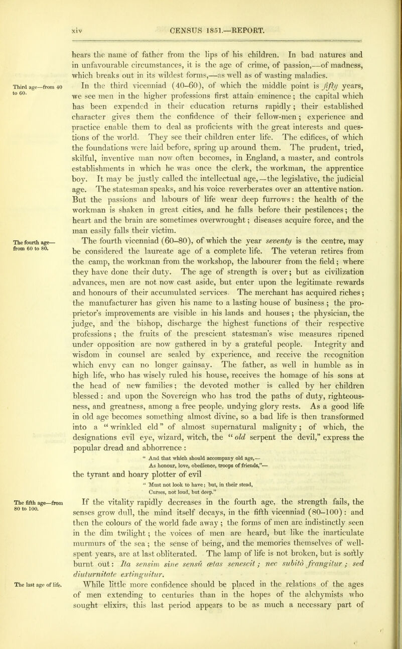 hears the name of father from the hps of his children. In bad natures and in unfavourable circumstances, it is the age of crime, of passion,—of madness, which breaks out in its wildest forms,—as well as of wasting maladies. Third age—from 40 In the third vicenniad (40-60), of which the middle point is fifty years, *° we see men in the higher professions first attain eminence; the capital which has been expended in their education returns rapidly; their established character gives them the confidence of their fellow-men; experience and practice enable them to deal as proficients with the great interests and ques- tions of the world. They see their children enter life. The edifices, of which the foundations were laid before, spring up around them. The prudent, tried, skilful, inventive man now often becomes, in England, a master, and controls establishments in which he was once the clerk, the workman, the apprentice boy. It may be justly called the intellectual age, —the legislative, the judicial age. The statesman speaks, and his voice reverberates over an attentive nation. But the passions and labours of life wear deep furrows: the health of the workman is shaken in great cities, and he falls before their pestilences; the heart and the brain are sometimes overwrought; diseases acquire force, and the man easily falls their victim. The fourth age— The fourth vicenniad (60-80), of which the year seventy is the centre, may from 60 to 80. considered the laureate age of a complete life. The veteran retires from the camp, the workman from the workshop, the labourer from the field; where they have done their duty. The age of strength is over; but as civilization advances, men are not now cast aside, but enter upon the legitimate rewards and honours of their accumulated services. The merchant has acquired riches; the manufacturer has given his name to a lasting house of business ; the pro- prietor's improvements are visible in his lands and houses ; the physician, the judge, and the bishop, discharge the highest functions of their respective professions; the fruits of the prescient statesman's wise measures ripened under opposition are now gathered in by a grateful people. Integrity and wisdom in counsel are sealed by experience, and receive the recognition which envy can no longer gainsay. The father, as well in humble as in high life, who has wisely ruled his house, receives the homage of his sons at the head of new families; the devoted mother is called by her children blessed: and upon the Sovereign who has trod the paths of duty, righteous- ness, and greatness, among a free people, undying glory rests. As a good life in old age becomes something almost divine, so a bad life is then transformed into a  wrinkled eld of almost supernatural malignity; of which, the designations evil eye, wizard, witch, the  old serpent the devil, express the popular dread and abhorrence :  And that which should accompany old age,— As honour, love, obedience, troops of friends,— the tyrant and hoary plotter of evil  Must not look to have; hut, in their stead. Curses, not loud, but deep. The fifth age—fix)m If the vitality rapidly decreases in the fourth age, the strength fails, the 80 to 100. senses grow dull, the mind itself decays, in the fifth vicenniad (80-100): and then the colours of the world fade away; the forms of men are indistinctly seen in the dim twilight; the voices of men are heard, but like the inarticulate murmurs of the sea; the sense of being, and the memories themselves of well- spent years, are at last obliterated. The lamp of life is not broken, but is softly burnt out: Ita sensini sine sensu cetas senescit; nec subitd frangitur ; sed diuturnitate extinguHur. The last age of life. While little morc confidence should be placed in the relations of the ages of men extending to centuries than in the hopes of the alchymists who sought ehxirs, this last period appears to be as much a necessary part of