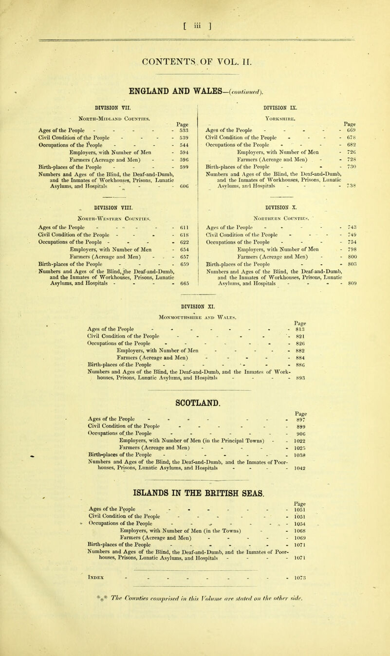CONTENTS OF VOL. II. ENGLAND AND VrALES-{covf!nued). DIVISION VII. North-Midland Counties. Ages of the People - - - Civil Condition of the People - . - . Occupations of the People . . . - Employers, with Number of Men Farmers (Acreage and Men) Birth-places of the People - . . - Numbers and Ages of the Blind, the Deaf-and-Dumb, and the Inmates of Workhouses, Prisons, Lunatic Asylums, and Hospitals - - - - Page ,533 539 544 594 590 599 60C DIVISION VIII. North-Western Counties. Ages of the People - - - -611 Civil Condition of the People - - - - 618 Occupations of the People - . - - 622 Employers, with Number of Men - 654 Fanners (Acreage and Men) - - 657 Birth-places of the People - - - - 659 Numbers and Ages of the Blind, ihe Deaf-and-Dumb, and the Inmates of Workhouses, Prisons, Lunatic Asylums, and Hospitals - - - - 665 DIVISION IX. Yorkshire. Ages of the People - - - - ' - 669 Civil Condition of the People - - - - 678 Occupations of the People - - - - 682 Employers, with Number of Men - 726 Farmers (Acreage and Men) - - 728 Birth-places of the People . - - - 730 Numbers and Ages of the Blind, the Deaf-and-Dumb, and the Inmates of Workhouses, Prisons. Lunatic Asylums, and Hospitals - - - - 738 DIVISION X. NoRTirERN Counties. Ages of the People ----- 743 Civil Condition of the People - ... 749 Occupations of the People ... - 754, Employers, with Number of Men - 798 Farmers (Acreage and Men) - - 800 Birth-places of the People . - - 803 Numbers and Ages of the Blind, the Deaf-and-Dumb, and the Inmates of Workhouses, Prisons, Lunatic Asylums, and Hospitals - - - - 809 DIVISION XI. Monmouthshire and Wales. Page Ages of the People 813 Civil Condition of the People - - - - - '-821 Occupations of the People - - - . - - . §26 Employers, with Number of Men - .... 882 Farmers (Acreage and Men) .... . 884 Birth-places of the People - - - - ' - - - 886 Numbers and Ages of the Blind, the Deaf-and-Dumb, and the Inmates of Work- houses, Prisons, Lunatic Asylums, and Hospitals . - . . §93 SCOTLAND. Page Ages of the People - . - . ... 897 Civil Condition of the People - - . . . . 899 Occupations of the People 90G Employers, with Number of Men (in the Principal Towns) - - 1022 Farmers (Acreage and Men) - . . . . io2.'5 Birth-places of the People - - - . . . . 103a Numbers and Ages of the Blind-, the Deaf-and-Dumb, and the Inmates of Poor- houses. Prisons, Lunatic Asylums, and Hospitals - . - . io42 ISLANDS IN THE BRITISH SEAS. Page Ages of the People - - - . - - - - 1051 Civil Condition of the People - - - - -1051 Occupations of the People - - ^ - - - ^ - 1054 Employers, with Number of Men (in the Towns) - - 1068 Fanners (Acreage and Men) - - . - - io69 Birth-places of the People - - - - - - -1071 Numbers and Ages of the Blind, the Deaf-and-Dumb, and the Inmates of Poor- houses, Prisons, Lunatic Asylums, and Hospitals - - - - 1071 Index - 1073 *** T/tf Co?ft?fiex rnmpr/sefi in this Vnhrme are xlafed on the other xkle.