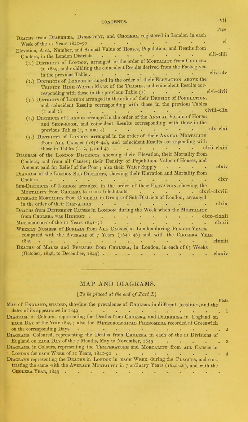 Pago Deaths from DiAnnncEA, DysENTERY, and Cholera, registered in London in each AVeek of the ii Years 1840-50 cl Elevation, Area, Number, and Annual Value of Houses, Population, and Deaths from • Cholera, in the London Districts ^ • clu-cliu (i.) Districts of London, arranged in the order of Mortaiity from Cholera in 1849, and exhibiting the coincident Kesults derived from the Facts given in the previous Table cliv-clv (2.) Districts of London arranged in the order of their Elevation above the Trinity High-Water Mark of the Thames, and coincident Eesults cor- responding -with those in the previous Table (i) • • • • clvi-dvii (3.) Districts of London arranged in the order of their Density of Population, and coincident Eesults corresponding with those in the previous Tables (i and 2) clviii-clix (4.) Districts of London arranged in the order of the Annual Value of House and Shop-room, and coincident Results corresponding with those in the previous Tables (i, 2, and 3) clx-clxi, (5.) Districts of London arranged in the order of their Annual Mortality from All Causes (1838-44), and coincident Eesults corresponding with those in Tables (i, 2, 3, and 4) clxii-clxiii Diagram of the London Districts, showing their Elevation, their Mortality from Cholera, and from all Causes; their Density of Population, Value of Houses, and Amount paid for Eelief of the Poor ; also their Water Supply .... clxiv DiAGRAiM of the London Sub-Districts, showing their Elevation and Mortality from Cholera clxv Sub-Districts of London arranged in the order of their Elevation, showing the Mortality from Cholera to 10000 Inhabitants ..... clxvi-clxviii Average Mortality from Cholera in Groups of Sub-Districts of London, arranged in the order of their Elevation • clxix Deaths from Different Causes in London during the Week when the Mortality from Cholera was Highest . . . . • . . ... clxx-clxxii Meteorology of the II Years 1841-51 ........ clxxii Week-ly Number of Burials from All Causes^ in London during Plague Years, compared with the Average of 7 Years (1640-46) and with the Cholera Year 1849 clxxiii Deaths of Males and Females from Cholera, in London, in each of 65 Weeks (October, 1848, to December, 1849) clxxiv MAP AND DIAGRAMS. [To he placed at tJie end of Pa^-t J.] Plato Map of England, shaded, showing the prevalence of Cholera in different localities, and the dates of its appearance in 1849 ...........l Diagram, in Colours, representing the Deaths from Cholera and Diarrh(ea in England on EACH Day of the Year 1849; also the Meteorological Phenomena recorded at Greenwich on the corresponding Days ............ 2 DiAORAsis, Coloured, representing the Deaths from Cholera in each of the 11 Divisions of England on each Day of the 7 Months, May to November, 1849 ..... 3 Diagrams, in Colours, representing the Temperature and Mortality from all Causes in ' London for each Week of II Years, 1840-50 ......... 4 Diagrams representing the Deaths in London in each Week during the Plagues, and con- trasting the same with the Average Mortality in 7 ordinary Years (1640-46), and with the Cholera Year, 1849