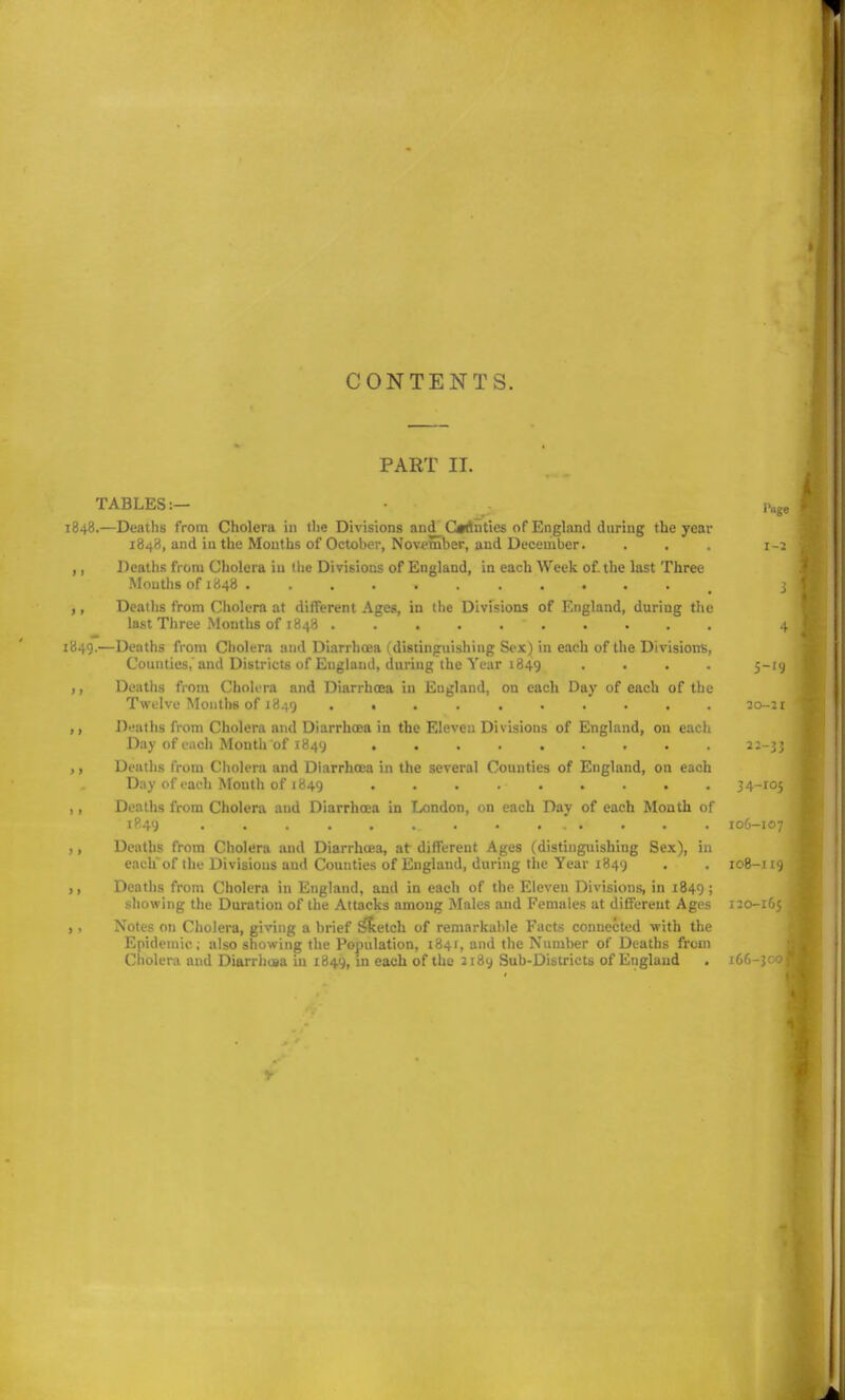 CONTENTS. PART II. TABLES:- • Pag, 1848. —Deaths from Cholera in ihe Divisions and C*dnties of England during the year 1848, and in the Mouths of October, Nowmber, and December. . . , 1-2 ,, Deaths from Cholera iu ilie Divisions of England, in each Week of. the last Three Mouths of 1848 , 3 ,, Deaths from Cholera at different Ages, in ilie Divisions of England, during the last Three Months of 1848 4 1849. —Deaths from Cholera nnd Diarrhoea (distinguishing Sex) in each of the Divisions, Counties, and Districts of England, during ihe Year 1849 .... 5-19 ,, Deaths from Cholera and Diarrhoea iu England, on each Day of each of the Twelve Months of 1849 .......... 20-31 ,, Deaths fi'oni Cholera and Diarrhoea in the Eleven Divisions of England, on each Day of I'acli Month of 1849 ......... 22-33 ,, Deaths from Cholera and Diarrhoea in the several Counties of England, on each Day of each Month of 1849 34-r05 ,, Deaths from Cholera and Diarrhoea in London, on each Day of each Month of 1P.49  . . . . 106-107 ,, Deaths from Cholera and Diarrhoea, at different Ages (distinguishing Sex), in each of the Divisions and Counties of England, during the Year 1849 . . 108-119 ,, Deaths from Cholera in England, and in each of the Eleven Divisions, in 1849; showing the Duration of the Attacks among Males and Females at different Ages 120-165 , , Notes on Cholera, giving a brief ^etch of remarkable Facts connected with the ^ Epidemic; also showing the Population, 1841, and the Number of Deaths from Cholera and Diarrliuia in 1849, in each of the 2i8y Sub-Districts of England . iG(: k