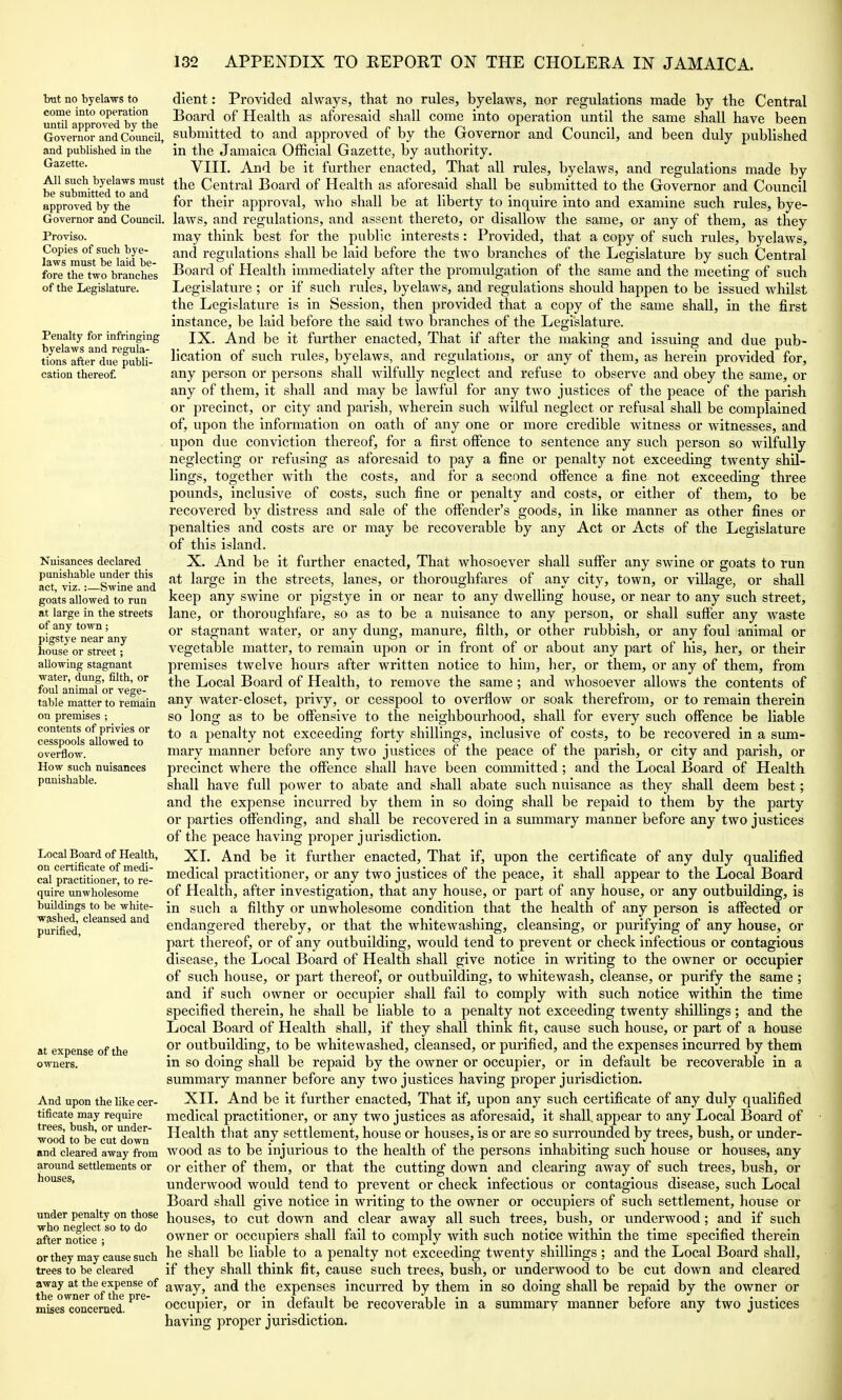 ■but no byelaws to come into operation until approved by the Governor and Council, and published in the Gazette. be submitted to and approved by the Governor and Council, Proviso. Copies of such bye- laws must be laid be- fore the two branches of the Legislature. Penalty for infringing byelaws and regula- tions after due publi- cation thereof. dient: Provided always, that no rules, byelaws, nor regulations made by the Central Board of Health as aforesaid shall come into operation until the same shall have been submitted to and approved of by the Governor and Council, and been duly published in the Jamaica Official Gazette, by authority. VIII. And be it further enacted. That all rules, byelaws, and regulations made by fjf^*^* the Central Board of Health as aforesaid shall be submitted to the Governor and Council for their approval, who shall be at liberty to inquire into and examine such rules, bye- laws, and regulations, and assent thereto, or disallow the same, or any of them, as they may think best for the public interests: Provided, that a copy of such rules, byelaws, and regulations shall be laid before the two branches of the Legislature by such Central Board of Health immediately after the promulgation of the same and the meeting of such Legislature ; or if such rules, byelaws, and regulations should happen to be issued whilst the Legislature is in Session, then provided that a copy of the same shall, in the first instance, be laid before the said two branches of the Legislature. IX. And be it further enacted, That if after the making and issuing and due pub- lication of such rules, byelaws, and regulations, or any of them, as herein provided for, any person or persons shall wilfully neglect and refuse to observe and obey the same, or any of them, it shall and may be lawful for any two justices of the peace of the parish or precinct, or city and parish, wherein such wilful neglect or refusal shall be complained of, upon the information on oath of any one or more credible witness or witnesses, and upon due conviction thereof, for a first offence to sentence any such person so wilfully neglecting or refusing as aforesaid to pay a fine or penalty not exceeding twenty shil- lings, together with the costs, and for a second offence a fine not exceeding three pounds, inclusive of costs, such fine or penalty and costs, or either of them, to be recovered by distress and sale of the offender's goods, in like manner as other fines or penalties and costs are or may be recoverable by any Act or Acts of the Legislature of this island. X. And be it further enacted, That whosoever shall suffer any swine or goats to run at large in the streets, lanes, or thoroughfares of any city, town, or village, or shall keep any swine or plgstye in or near to any dwelling house, or near to any such street, lane, or thoroughfare, so as to be a nuisance to any person, or shall suffer any waste or stagnant water, or any dung, manure, filth, or other rubbish, or any foul animal or vegetable matter, to remain upon or in front of or about any part of his, her, or their premises twelve hours after written notice to him, her, or them, or any of them, from the Local Board of Health, to remove the same; and whosoever allows the contents of any water-closet, privy, or cesspool to overflow or soak therefrom, or to remain therein so long as to be offensive to the neighbourhood, shall for every such offence be liable to a penalty not exceeding forty shillings, inclusive of costs, to be recovered in a sum- mary manner before any two justices of the peace of the parish, or city and parish, or precinct where the offence shall have been committed; and the Local Board of Health shall have full power to abate and shall abate such nuisance as they shall deem best; and the expense incurred by them in so doing shall be repaid to them by the party or parties offending, and shall be recovered in a summary manner before any two justices of the peace having proper jurisdiction. XL And be it further enacted. That if, upon the certificate of any duly qualified medical pi'actitioner, or any two justices of the peace, it shall appear to the Local Board of Health, after investigation, that any house, or part of any house, or any outbuilding, is in such a filthy or unwholesome condition that the health of any person is affected or endangered thereby, or that the whitewashing, cleansing, or purifying of any house, or part thereof, or of any outbuilding, would tend to prevent or check infectious or contagious disease, the Local Board of Health shall give notice in writing to the owner or occupier of such house, or part thereof, or outbuilding, to whitewash, cleanse, or purify the same ; and if such owner or occupier shall fail to comply with such notice within the time specified therein, he shall be liable to a penalty not exceeding twenty shillings; and the Local Board of Health shall, if they shall think fit, cause such house, or part of a house or outbuilding, to be whitewashed, cleansed, or purified, and the expenses incurred by them in so doing shall be repaid by the owner or occupier, or in default be recoverable in a summary manner before any two justices having proper jurisdiction. XII. And be it further enacted, That if, upon any such certificate of any duly qualified medical practitioner, or any two justices as aforesaid, it shall, appear to any Local Board of Health that any settlement, house or houses, is or are so surrounded by trees, bush, or under- wood as to be injurious to the health of the persons inhabiting such house or houses, any or either of them, or that the cutting down and clearing away of such trees, bush, or underwood would tend to prevent or check infectious or contagious disease, such Local Board shall give notice in writing to the owner or occupiers of such settlement, house or houses, to cut down and clear away all such trees, bush, or underwood; and if such owner or occupiers shall fail to comply with such notice within the time specified therein he shall be liable to a penalty not exceeding twenty shillings ; and the Local Board shall, if they shall think fit, cause such trees, bush, or underwood to be cut down and cleared *y!^I^ll^^J^^a^^L^^ away, and the expenses incurred by them in so doing shall be repaid by the owner or occupier, or in default be recoverable in a summary manner before any two justices having proper jurisdiction. Nuisances declared punishable under this act, viz.:—Swine and goats allowed to run at large in the streets of any town ; pigstye near any house or street; allowing stagnant water, dung, filth, or foul animal or vege- table matter to remain on premises ; contents of privies or cesspools allowed to overflow. How such nuisances panishable. Local Board of Health, on certificate of medi- cal practitioner, to re- quire unwholesome buildings to be white- washed, cleansed and purified, at expense of the owners. And upon the like cer- tificate may require trees, bush, or under- wood to be cut down and cleared away from around settlements or houses. under penalty on those who neglect so to do after notice ; or they may cause such trees to be cleared the owner of the pre mises concerned.