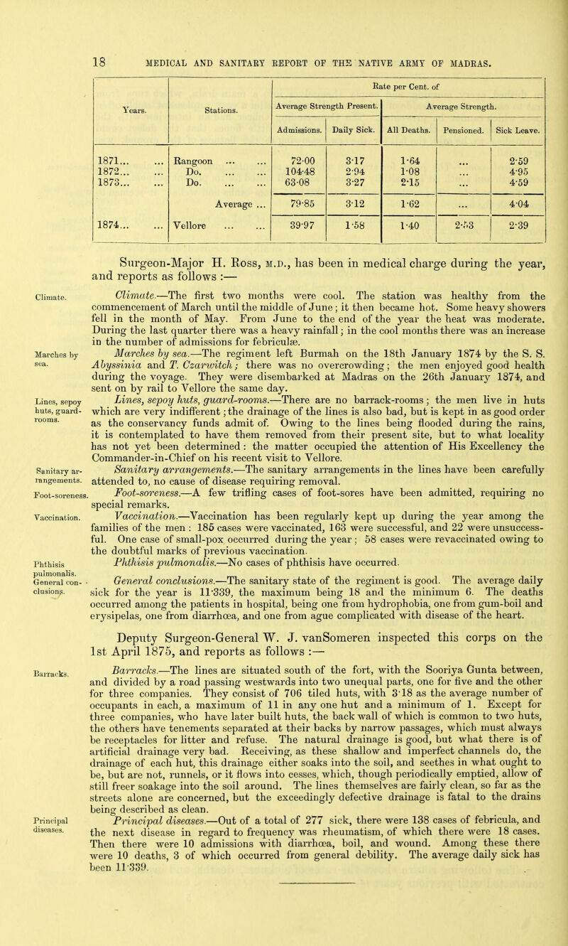 Rate per Cent, of Y^ears. Stations. Average Strength Present. Average Strength. Admissions. Daily Sick. All Deaths. Pensioned. Sick Leave. 1871 1872 1873 Rangoon Do Do 72-00 104-48 63-08 3-17 2- 94 3- 27 1-64 1- 08 2- 15 2-59 4-95 4-59 Average ... 79-85 3-12 1-62 4-04 1874 Vellore 39-97 1-68 1-40 2-r.3 2-39 Climate. Marches by sea. Lines, sepoy huts, guard- rooms. Sanitary ar- rangements. Foot-soreness. Vaccination. Phthisis pulmonalis. General con- clusions. Barracks. Principal diseases. Surgeon-Major H. Eoss, m.d., has been in medical charge during the year, and reports as follows :— Climate.—The first two months were cool. The station was healthy from the commencement of March until the middle of June ; it then became hot. Some heavy showers fell in the month of May. From June to the end of the year the heat was moderate. During the last quarter there was a heavy rainfall; in the cool months there was an increase in the number of admissions for febriculse. Marches by sea.—The regiment left Burmah on the 18th January 1874 by the S. S. Abyssinia and T. Czar witch; there was no overcrowding; the men enjoyed good health during the voyage. They were disembarked at Madras on the 26th January 1874, and sent on by rail to Vellore the same day. Lines, sepoy huts, guard-rooms.—There are no barrack-rooms; the men live in huts which are very indifferent; the drainage of the lines is also bad, but is kept in as good order as the conservancy funds admit of Owing to the lines being flooded during the rains, it is contemplated to have them removed from their present site, but to what locality has not yet been determined: the matter occupied the attention of His Excellency the Commander-in-Chief on his recent visit to Vellore. Sanitary arrangements.—The sanitary arrangements in the lines have been carefully attended to, no cause of disease requiring removal. Foot-soreness.—A few trifling cases of foot-sores have been admitted, requiring no special remarks. Vaccination.—Vaccination has been regularly kept up during the year among the families of the men : 186 cases were vaccinated, 163 were successful, and 22 were unsuccess- ful. One case of small-pox occurred during the year ; 58 cases were revaccinated owing to the doubtful marks of previous vaccination. Phthisis pulmonalis.—No cases of phthisis have occurred. General conclusions.—The sanitary state of the regiment is good. The average daily sick for the year is 11339, the maximum being 18 and the minimum 6. The deaths occurred among the patients in hospital, being one from hydrophobia, one from gum-boil and erysipelas, one from diarrhoea, and one from ague complicated with disease of the heart. Deputy Surgeon-General W. J. vanSomeren inspected this corps on the 1st April 1875, and reports as follows :— Barracks.—The lines are situated south of the fort, with the Sooriya Gunta between, and divided by a road passing westwards into two unequal parts, one for five and the other for three companies. They consist of 706 tiled huts, with 3'18 as the average number of occupants in each, a maximum of 11 in any one hut and a minimum of 1. Except for three companies, who have later built huts, the back wall of which is common to two huts, the others have tenements separated at their backs by narrow passages, which must always be receptacles for litter and refuse. The natural drainage is good, but what there is of artificial drainage very bad. Receiving, as these shallow and imperfect channels do, the drainage of each hut, this drainage either soaks into the soil, and seethes in what ought to be, but are not, runnels, or it flows into cesses, which, though periodically emptied, allow of still freer soakage into the soil around. The lines themselves are fairly clean, so far as the streets alone are concerned, but the exceedingly defective drainage is fatal to the drains being described as clean. Principal diseases.—Out of a total of 277 sick, there were 138 cases of febricula, and the next disease in regard to frequency was rheumatism, of which there were 18 cases. Then there were 10 admissions with diarrhoea, boil, and wound. Among these there were 10 deaths, 3 of which occurred from general debility. The average daily sick has been 11-339.