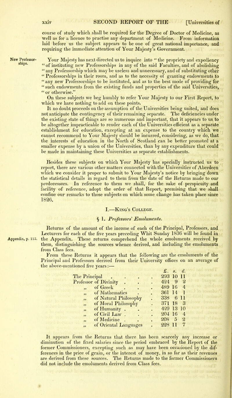 course of study which shall be required for the Degree of Doctor of Medicine, as well as for a licence to practise any department of Medicine. From information laid before us the subject appears to be one of great national importance, and requiring the immediate attention of Your Majesty's Government. New Professor- Your Majesty has next directed us to inquire into  the propriety and expediency ships. cc Qf instituting new Professorships in any of the said Faculties, and of abolishing  any Professorship which may be useless and unnecessary, and of substituting other  Professorships in their room, and as to the necessity of granting endowments to  any new Professorships to be instituted, and as to the best mode of providing for  such endowments from the existing funds and properties of the said Universities,  or otherwise. On these subjects we beg humbly to refer Your Majesty to our First Report, to which we have nothing to add on these points. It no doubt proceeds on the assumption of the Universities being united, and does not anticipate the contingency of their remaining separate. The deficiencies under the existing state of things are so numerous and important, that it appears to us to be altogether impracticable to render each of the Universities efficient as a separate establishment for education, excepting at an expense to the country which we cannot recommend to Your Majesty should be incurred, considering, as we do, that the interests of education in the North of Scotland can be better promoted at a smaller expense by a union of the Universities, than by any expenditure that could be made in maintaining these Universities as separate establishments. Besides these subjects on which Your Majesty has specially instructed us to report, there are various other matters connected with the Universities of Aberdeen which we consider it proper to submit to Your Majesty's notice by bringing down the statistical details in regard to them from the date of the Returns made to our predecessors. In reference to them we shall, for the sake of perspicuity and facility of reference, adopt the order of that Report, premising that we shall confine our remarks to those subjects on which some change has taken place since 1826. I.—King's College. § 1. Pi-qfessors' Emoluments. Returns of the amount of the income of each of the Principal, Professors, and Lecturers for each of the five years preceding Whit Sunday 1836 will be found in Appendix, p. us. the Appendix. These returns comprehend the whole emoluments received by them, distinguishing the sources whence derived, and including the emoluments from Class fees. From these Returns it appears that the following are the emoluments of the Principal and Professors derived from their University offices on an average of the above-mentioned five years:— £. s. d. The Principal . . . . 293 10 11 Professor of Divinity . .. . 424 9 2 „ of Greek . . . 489 16 4 of Mathematics . . 361 14 1 ,, of Natural Philosophy . 338 6 11 „ of Moral Philosophy . 37118 3 „ of Humanity . . .429 13 10 „ of Civil Law . . . 204 16 4 „ of Medicine . . 208 5 2 „ of Oriental Languages . 228 11 7 It appears from the Returns that there has been scarcely any increase or diminution of the fixed salaries since the period embraced by the Report of the former Commissioners, excepting such as may have been occasioned by the dif- ferences in the price of grain, or the interest of money, in so far as their revenues are derived from these sources. The Returns made to the former Commissioners did not include the emoluments derived from Class fees.