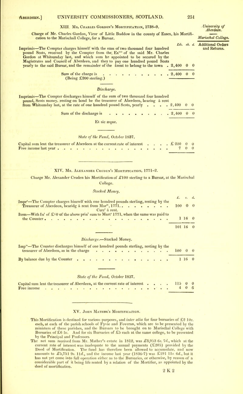 XIII. Mr. Charles Gordon's Mortification, 1738-9. University of Aberdeen. Charge of Mr. Charles Gordon, Vicar of Little Baddow in the county of Essex, his Mortifi- cation to the Marischall College, for a Bursar. Marischal College. Lib. sh. d. Additional Orders Imprimis—The Compter charges himself with the sum of two thousand four hundred and Returns, pound Scots, received by the Compter from the: Exe of the said Mr. Charles Gordon at Whitsunday last, and which sum he appointed to be secured by the Magistrates and Council of Aberdeen, and they to pay one hundred pound Scots yearly to the said Bursar, and the remainder of the arent to belong to the town . 2,400 0 0 Sum of the charge is 2,400 0 0 (Being £200 sterling.) Discharge. Imprimis—The Compter discharges himself of the sum of two thousand four hundred pound, Scots money, resting on bond be the treasurer of Aberdeen, bearing a rent from Whitsunday last, at the rate of one hundred pound Scots, yearly . . . , 2,400 0 0 Sum of the discharge is 2,400 0 0 Et sic aeque. State of the Fund, October 1837. Capital sum lent the treasurer of Aberdeen at the current rate of interest .... £ 200 0 0 Free income last year . 700 XIV. Mr. Alexander Cruden's Mortification, 1771-2. Charge Mr. Alexander Cruden his Mortification of £100 sterling to a Bursar, at the Marischal College. Stocked Money. £. s. d. Impr—The Compter charges himself with one hundred pounds sterling, resting by the Treasurer of Aberdeen, bearidg a rent from Mar18,1771 100 0 0 Curr' a rent. Item—With In1 of £S0 of the above prin1 sum to Mart31771, when the same was paid to the Counter 1160 101 16 0 Discharge.—Stocked Money. Imp'3—The Counter discharges himself of one hundred pounds sterling, resting by the treasurer of Aberdeen, as in the charge 100 0 0 By balance due by the Counter 1160 State of the Fund, October 1837. Capital sum lent the treasurer of Aberdeen, at the current rate of interest . . . . 115 0 0 Free income 406 XV. John Mathbr's Mortification. This Mortification is destined for various purposes, and inter alia for four bursaries of £2 10j. each, at each of the parish schools of Fyvie and Foveran, which are to be presented by the ministers of these parishes, and the Bursars to be brought on to Marischal College with Bursaries of £6 55. And for six Bursaries of £5 each at the same college, to be presented by the Principal and Professors. The net sum received from Mr. Mather's estate in 1812, was ,£3,953 65. 7rf., which at the current rate of interest was inadequate to the annual payments (£205) provided by the Deed of Mortification. The fund has therefore been allowed to accumulate, and now amounts to £5,751 9s. 11c?., and the income last year (1836-7) was £191 lis. 6d., but it has not yet come into full operation either as to the Bursaries, or otherwise, by reason of a considerable part of it being life rented by a relation of the Mortifier, as appointed by the deed of mortification. 2 K 2