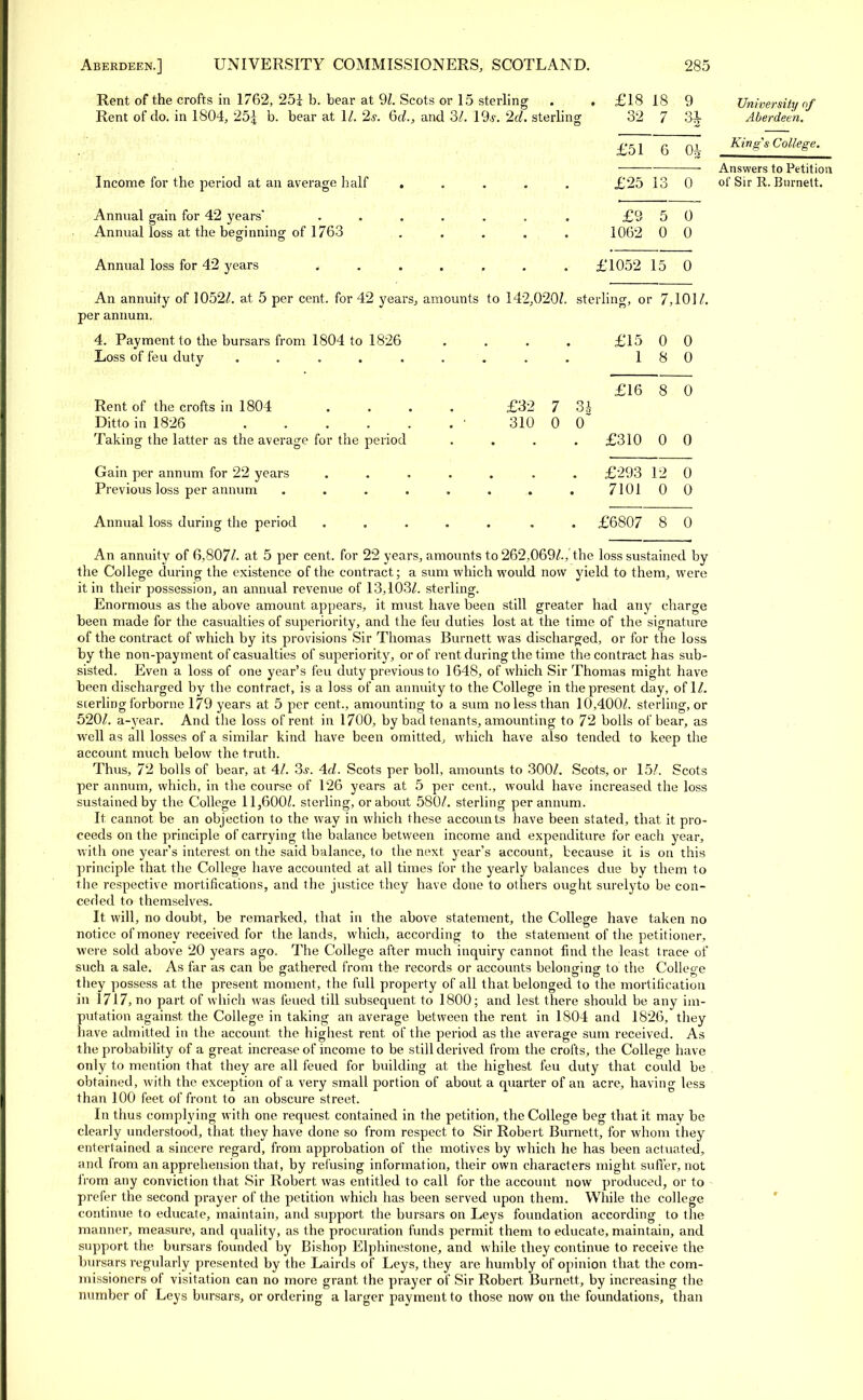 Rent of the crofts in 1762, 251 b. bear at 9?. Scots or 15 sterling . . £18 18 9 Rent of do. in 1804, 25| b. bear at 1/. 2s. 6d., and 3/. 19,?. 2d. sterling 32 7 31 University of Aberdeen. £51 6 0-V King's College. Income for the period at an average half Annual gain for 42 years' Annual loss at the beginning of 1763 Annual loss for 42 years £25 13 0 £9 5 0 1062 0 0 £1052 15 0 Answers to Petition oi' Sir R. Burnett. An annuity of 1052/. at 5 per cent, for 42 years, amounts to 142,020/. sterling, or 7,10]/. per annum. 4. Payment to the bursars from 1804 to 1826 .... £15 0 0 Loss of feu duty ......... 180 £16 8 0 Rent of the crofts in 1804 Ditto in 1826 Taking the latter as the average for the period Gain per annum for 22 years Previous loss per annum . Annual loss during the period £32 7 3k 310 0 0 £310 0 0 £293 12 0 7101 0 0 £6807 8 0 An annuity of 6,807/. at 5 per cent, for 22 years, amounts to 262,069/., the loss sustained by the College during the existence of the contract; a sum which would now yield to them, were it in their possession, an annual revenue of 13,103/. sterling. Enormous as the above amount appears, it must have been still greater had any charge been made for the casualties of superiority, and the feu duties lost at the time of the signature of the contract of which by its provisions Sir Thomas Burnett was discharged, or for the loss by the non-payment of casualties of superiority, or of rent during the time the contract has sub- sisted. Even a loss of one year's feu duty previous to 1648, of which Sir Thomas might have been discharged by the contract, is a loss of an annuity to the College in the present day, of 1/. sterling forborne 179 years at 5 per cent., amounting to a sum no less than 10,400/. sterling, or 520/. a-year. And the loss of rent in 1700, by bad tenants, amounting to 72 bolls of bear, as well as all losses of a similar kind have been omitted, which have also tended to keep the account much below the truth. Thus, 72 bolls of bear, at 4/. 3,y. 4c/. Scots per boll, amounts to 300/. Scots, or 15/. Scots per annum, which, in the course of 126 years at 5 per cent., would have increased the loss sustained by the College 11,600/. sterling, or about 580/. sterling per annum. It cannot be an objection to the way in which these accounts have been stated, that it pro- ceeds on the principle of carrying the balance between income and expenditure for each year, with one year's interest on the said balance, to the next year's account, because it is on this principle that the College have accounted at all times for the yearly balances due by them to the respective mortifications, and the justice they have done to others ought surelyto be con- ceded to themselves. It will, no doubt, be remarked, that in the above statement, the College have taken no notice of money received for the lands, which, according to the statement of the petitioner, were sold above 20 years ago. The College after much inquiry cannot find the least trace of such a sale. As far as can be gathered from the records or accounts belonging to the College they possess at the present moment, the full property of all that belonged to the mortification in 1717, no part of which was feued till subsequent to 1800; and lest there should be any im- putation against the College in taking an average between the rent in 1804 and 1826, they have admitted in the account the highest rent of the period as the average sum received. As the probability of a great increase of income to be still derived from the crofts, the College have only to mention that they are all feued for building at the highest feu duty that could be obtained, with the exception of a very small portion of about a quarter of an acre, having less than 100 feet of front to an obscure street. In thus complying with one request contained in the petition, the College beg that it may be clearly understood, that they have done so from respect to Sir Robert Burnett, for whom they entertained a sincere regard, from approbation of the motives by which he has been actuated, and from an apprehension that, by refusing information, their own characters might suffer, not from any conviction that Sir Robert was entitled to call for the account now produced, or to prefer the second prayer of the petition which has been served upon them. While the college continue to educate, maintain, and support the bursars on Leys foundation according to the manner, measure, and quality, as the procuration funds permit them to educate, maintain, and support the bursars founded by Bishop Elphinestone, and while they continue to receive the bursars regularly presented by the Lairds of Leys, they are humbly of opinion that the com- missioners of visitation can no more grant the prayer of Sir Robert Burnett, by increasing the number of Leys bursars, or ordering a larger payment to those now on the foundations, than