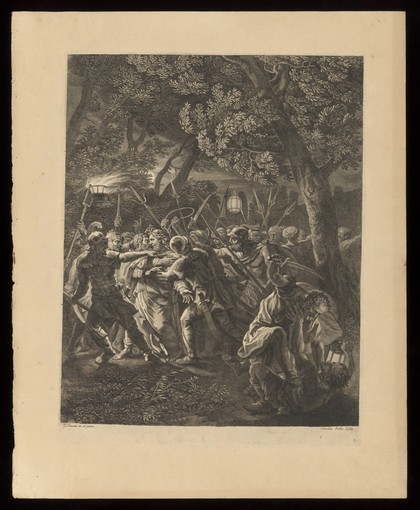Christ arrested by Roman soldiers. Engraving by C. Bouzonnet Stella after J. Stella.