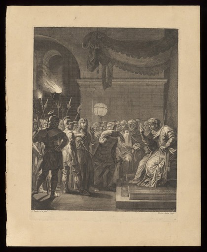 Christ brought by Roman soldiers before the high priest Annas. Engraving by C. Bouzonnet Stella after J. Stella.