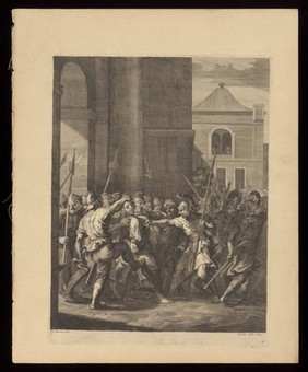 Christ led away from Caiaphas by Roman soldiers to be delivered to Pontius Pilate. Engraving by C. Bouzonnet Stella after J. Stella.