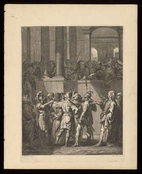 Pontius Pilate comes out to the people, asks what is the accusation against Christ, and tells the Jews to judge him by their own laws. Engraving after J. Stella.