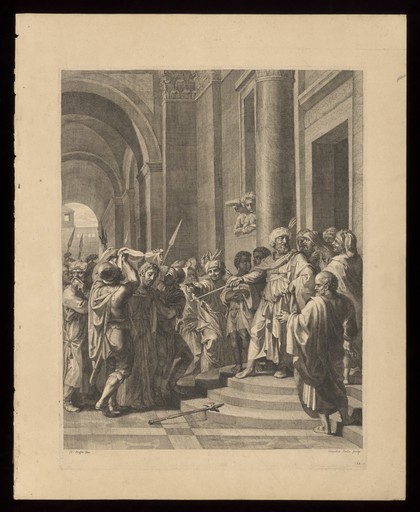 Pontius Pilate interrogates Jesus and finds no fault in him. Engraving by C. Bouzonnet Stella after J. Stella.