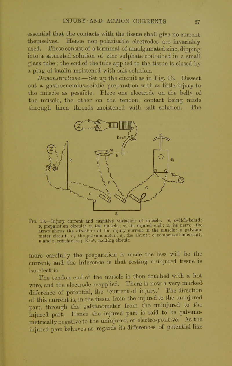 INJUEY - AND ACTION CUEEENTS essential that the contacts with the tissue shall give no current themselves. Hence non-polarisable electrodes are invariably used. These consist of a terminal of amalgamated zinc, dipping into a saturated solution of zinc sulphate contained in a small glass tube; the end of the tube applied to the tissue is closed by a plug of kaolin moistened with salt solution. Demonstrations.—Set up the circuit as in Fig. 13. Dissect out a gastrocnemius-sciatic preparation with as little injury to the muscle as possible. Place one electrode on the belly of the muscle, the other on the tendon, contact being made through linen threads moistened with salt solution. The s Fig. 13.—Injury current and negative variation of muscle, s, switch-board; p, preparation circuit; m, the muscle; t, its injured end ; n, its nerve; the arrow shows the direction of the injury current in the muscle; g, galvano- meter circuit; g„ the galvanometer ; s„ the shunt; c, compensation circuit; r and r, resistances ; Exc, exciting circuit. more carefully the preparation is made the less will be the current, and the inference is that resting uninjured tissue is iso-electric. The tendon end of the muscle is then touched with a hot wire, and the electrode reapplied. There is now a very marked- difference of potential, the 'current of injury.' The direction of this current is, in the tissue from the injured to the uninjured part, through the galvanometer from the uninjured to the injured part. Hence the injured part is said to be galvano- metrically negative to the uninjured, or electro-positive. As the injured part behaves as regards its differences of potential like