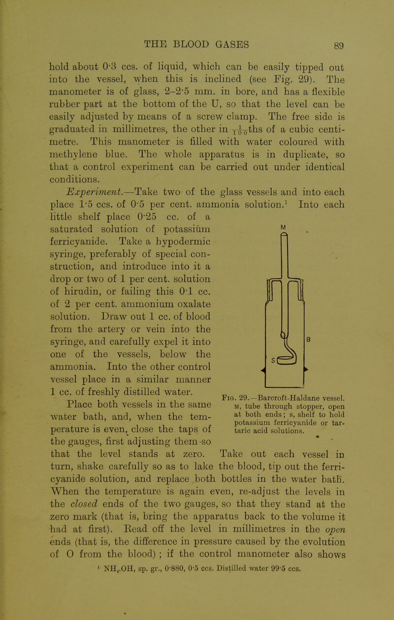 hold about 0*3 ccs. of liquid, which can be easily tipped out into the vessel, when this is inclined (see Fig. 29). The manometer is of glass, 2-2*5 mm. in bore, and has a flexible rubber part at the bottom of the U, so that the level can be easily adjusted by means of a screw clamp. The free side is graduated in millimetres, the other in y^ths of a cubic centi- metre. This manometer is filled with water coloured with methylene blue. The whole apparatus is in duplicate, so that a control experiment can be carried out under identical conditions. Experiment.—Take two of the glass vessels and into each place 1*5 ccs. of 0*5 per cent, ammonia solution.1 Into each little shelf place 0*25 cc. of a saturated solution of potassium ^ ferricyanide. Take a hypodermic syringe, preferably of special con- struction, and introduce into it a drop or two of 1 per cent, solution of hirudin, or failing this 0-1 cc. of 2 per cent, ammonium oxalate solution. Draw out 1 cc. of blood from the artery or vein into the syringe, and carefully expel it into one of the vessels, below the ammonia. Into the other control vessel place in a similar manner 1 cc. of freshly distilled water. Place both vessels in the same water bath, and, when the tem- perature is even, close the taps of the gauges, first adjusting them-so that the level stands at zero. Take out each vessel in turn, shake carefully so as to lake the blood, tip out the ferri- cyanide solution, and replace both bottles in the water bath. When the temperature is again even, re-adjust the levels in the closed ends of the two gauges, so that they stand at the zero mark (that is, bring the apparatus back to the volume it had at first). Read off the level in millimetres in the open ends (that is, the difference in pressure caused by the evolution of 0 from the blood) ; if the control manometer also shows 1 NH,.OH, sp. gr., 0-880, 0-5 ccs. Distilled water 99-5 ccs. Fig. 29.—Barcroft-Haldane vessel. m, tube through stopper, open at both ends; s, shelf to hold potassium ferricyanide or tar- taric acid solutions.