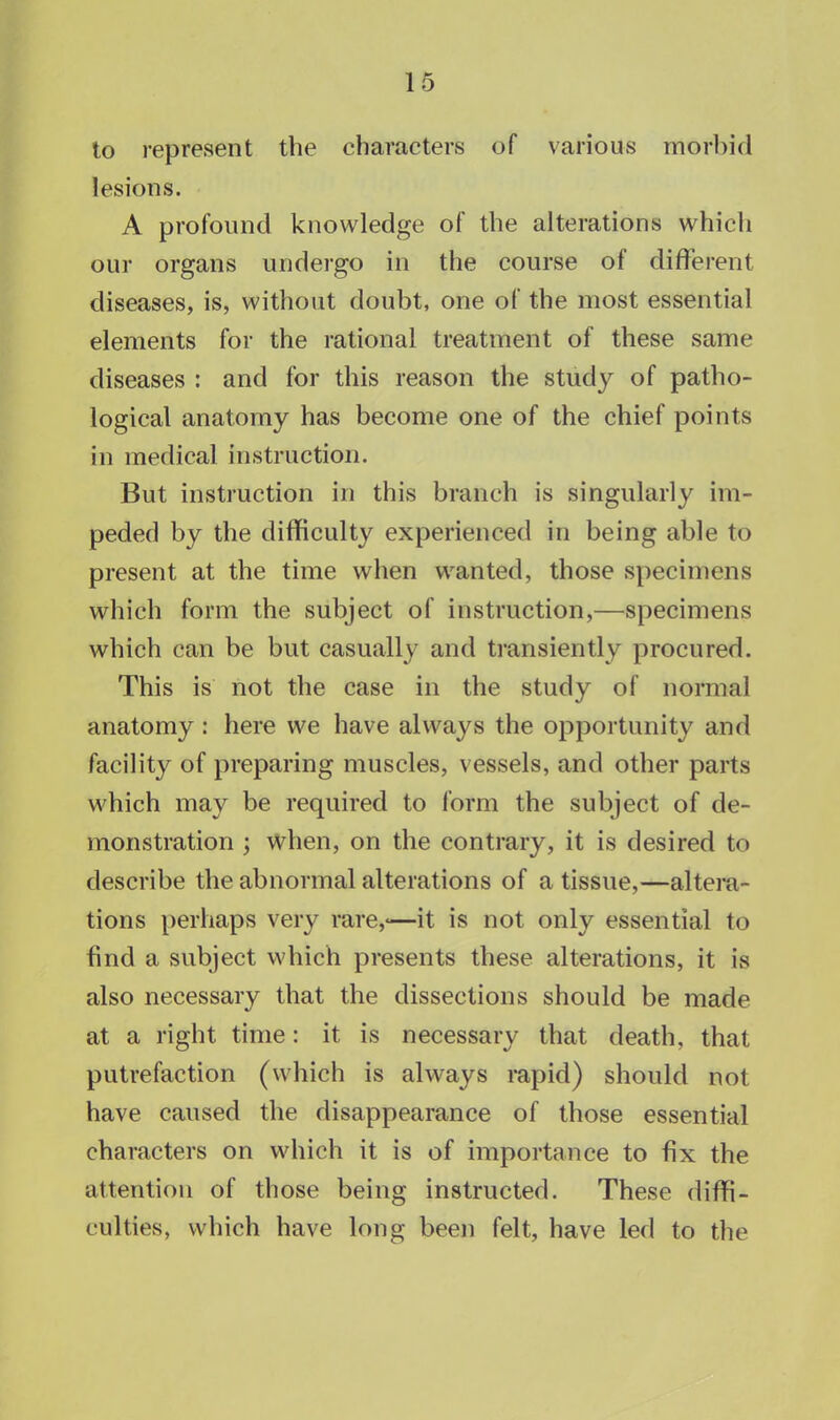 to represent the characters of various morbid lesions. A profound knowledge of the alterations which our organs undergo in the course of different diseases, is, without doubt, one of the most essential elements for the rational treatment of these same diseases : and for this reason the study of patho- logical anatomy has become one of the chief points in medical instruction. But instruction in this branch is singularly im- peded by the difficulty experienced in being able to present at the time when wanted, those specimens which form the subject of instruction,—specimens which can be but casually and transiently procured. This is not the case in the study of normal anatomy : here we have always the opportunity and facility of preparing muscles, vessels, and other parts which may be required to form the subject of de- monstration ; when, on the contrary, it is desired to describe the abnormal alterations of a tissue,—altera- tions perhaps very rare,«—it is not only essential to find a subject which presents these alterations, it is also necessary that the dissections should be made at a right time: it is necessary that death, that putrefaction (which is always rapid) should not have caused the disappearance of those essential characters on which it is of importance to fix the attention of those being instructed. These diffi- culties, which have long been felt, have led to the