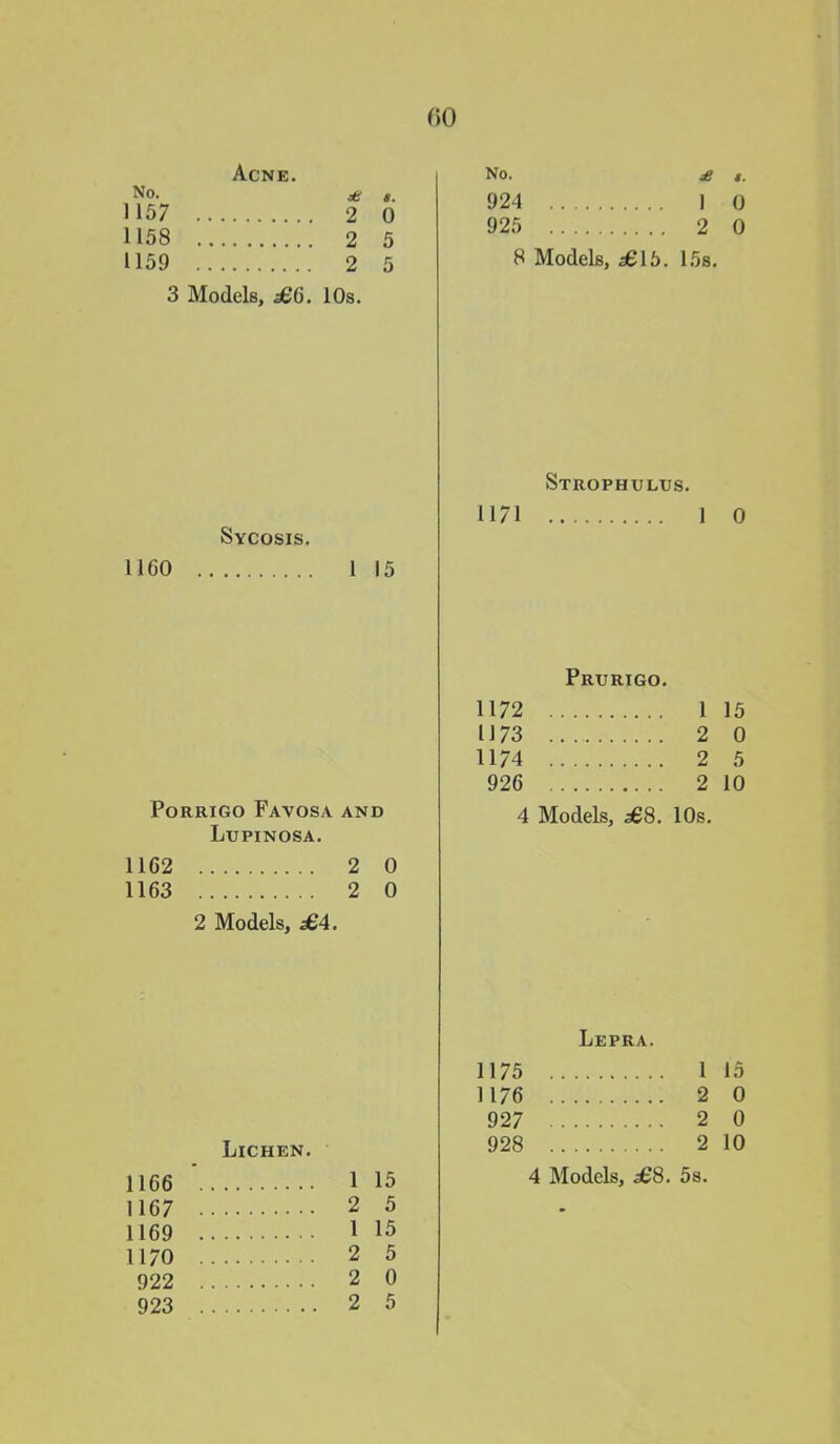 Acne. No. ± 1157 2 1158 2 1159 2 3 Models, £6. 10s. i. 0 5 5 Sycosis. 1160 1 15 Porrigo Favosa and Lupinosa. 1162 1163 2 2 0 0 2 Models, ^4. Lichen. 1166 1 15 1167 2 5 1169 1 15 1170 2 5 922 2 0 923 2 5 No. j£ 924 1 0 925 2 0 8 Models, 3615. 15s. Strophulus. 1171 1 0 Prurigo. 1172 1 1173 2 1174 2 926 2 4 Models, £8. 10s. Lepra. 1175 1 1176 2 927 2 928 2 4 Models, 388. 5s. 15 0 5 10 15 0 0 10