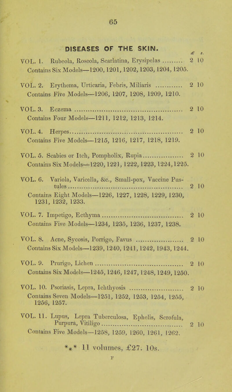 DISEASES OF THE SKIN. £ *. VOL. I. Rubeola, Roseola, Scarlatina, Erysipelas 2 10 Contains Six Models—1200,1201,1202,1203,1204,1205. VOL. 2. Erythema, Urticaria, Febris, Miliaris 2 10 Contains Five Models—1206, 1207, 1208, 1209, 1210. VOL. 3. Eczema 2 10 Contains Four Models—1211, 1212, 1213, 1214. VOL.4. Herpes 2 10 Contains Five Models—1215, 1216, 1217, 1218, 1219. VOL. 5. Scabies or Itch, Pompholix, Rupia 2 10 Contains Six Models—1220,1221, 1222, 1223,1224,1225. VOL. 6. Variola, Varicella, &c, Small-pox, Vaccine Pus- tules 2 10 Contains Eight Models—1226, 1227, 1228, 1229, 1230, 1231, 1232, 1233. VOL.7. Impetigo, Ecthyma 2 10 Contains Five Models—1234, 1235, 1236, 1237, 1238. VOL. 8. Acne, Sycosis, Porrigo, Favus 2 10 Contains Six Models—1239,1240,1241, 1242, 1943,1244. VOL. 9. Prurigo, Lichen 2 10 Contains Six Models—1245,1246,1247,1248,1249,1250. VOL. 10. Psoriasis, Lepra, Ichthyosis 2 10 Contains Seven Models—1251, 1252, 1253, 1254, 1255, 1256, 1257. VOL. 11. Lupus, Lepra Tuberculosa, Ephelis, Scrofula, Purpura, Vitiligo 2 10 Contains Five Models—1258, 1259, 1260, 1261, 1262.