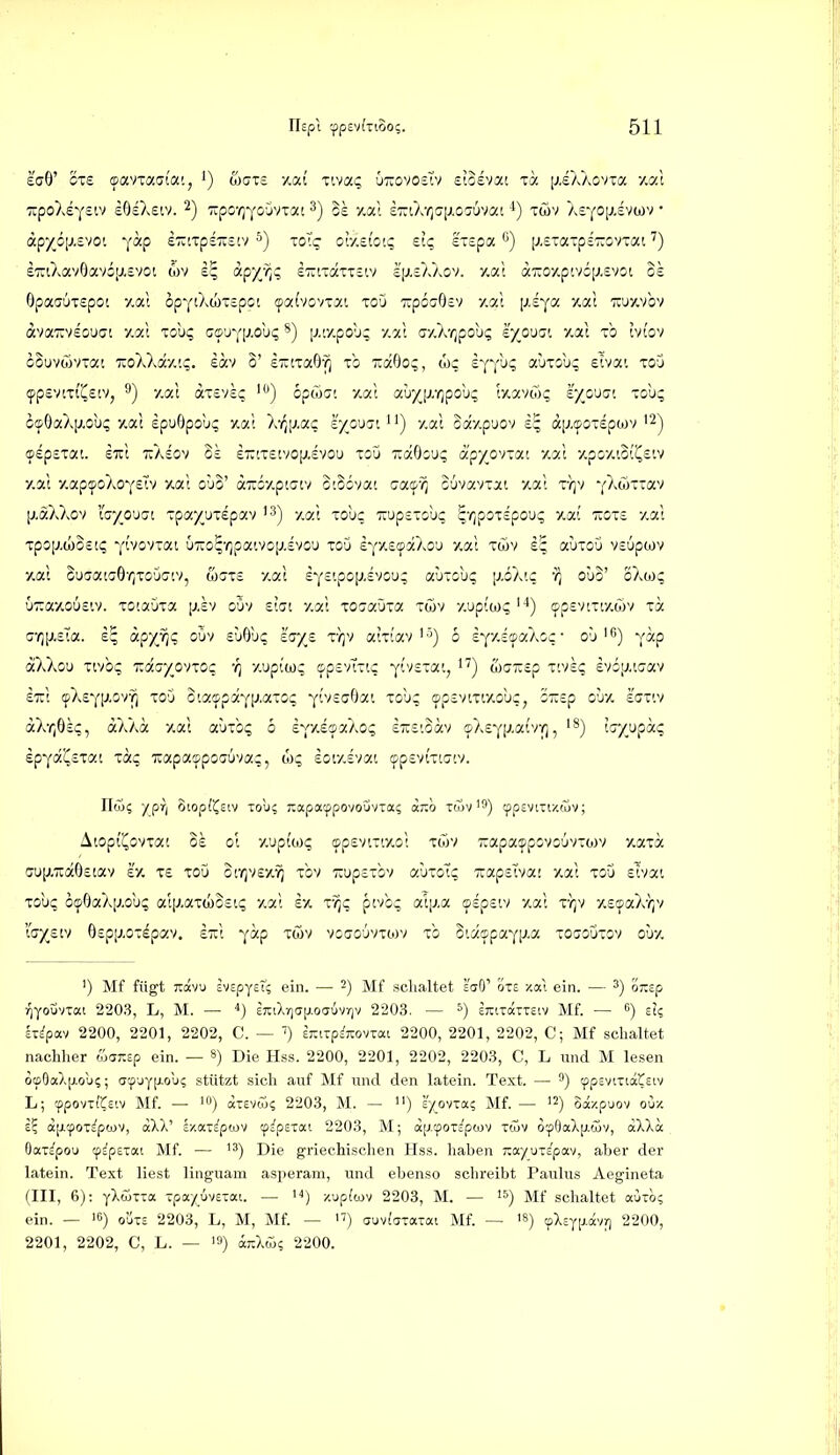 apycixtvoi yocp eT^iTpsTrstv ^) loTg oaeiot? eic; stspa ^) jj-staxpETccvTai s-jTiXavOavoijLevoi wv «PX'^? STuiTäxTsw qji.s7vAov. y.al aTiOxptvciJ.svot o£ OpaauTspot y.al opyiAiüTEpot ^afvovuai toö ■KpöcOsv y.7.t j^.syoc y.al Tcuyvbv avaTTveouci yal Toug G(Dij^([x6bq [j/.y.pouv; y.al ay.Xrjpou? 'iy^ouai y.al xb Evlov GOuvwvTai -KoWd'/M;. eav o' eztxaO-^ xb xccOo;, wc s^ffb? auxob? eivai xo5 (fpvnxi'i^zv/, ^) y.al dxsvsc opöjcr'. yal au^iJiYjpobi; \v.y.vC')q i'/_ouG'. ~ouq ocp6aX[jLOu? y.al epuOpobq yal X-fy^j.ac l/ouci'i) yal oäypuov ä[j.^ox£pü)v '2^ ffidpsxa'.. £Ttl ■Kkio') 31 £T:tx£tvo(j.£Vou xou TiaOou? äpyovzai yal y.poy>.io'!(^£iv y.al yap^oAOYEfv xal obB' äTuoy.püjiv SLSbvat aa^vj ouvavxat yal x-qv -fAwxxav [j,aX).ov hyo'-jci xpa/ux£pav '3) y.al xob? 7iup£xobq ^TjpoxEpoug yaf TiOxs yal xpop-iooct? Y'-vovxai uTTO^-rjpaivojjivou xob £Yy£tpaXou yal xoiv abxoO vsüpwv y.al Suaataö'^xobcTiV, co^xs yal £Y£'.po[J.£vou; auxobq [j.öAic obo' cAo); b7:ayou£'.v. xc.abxa \j.h) oOv £!at yal xosabxa xwv y.uplo)? '■') ^p£V[xr/.wv xa c7-/;[j.£'ia. äpx^? obv £u9b? la/e x-))v aixlavo EYy.scpaXoc- ob') y^«? aXXou xtvos; rAayo^noc -q yupiü)>; ©pEvIxtc •^'viz-c/.'.^ i^) u)C-£p x;v£? £vö[j.i!7av £7cl cp'A£YlJi.ov^ xo'j oiaspaYl^.axot; Y''''S<^Öat xob; opjvixiy.obc^ Ö7:£p oby lax'.v äX'^jÖE?, aXAa yal abxb? 5 EYy.S'faAo;; £7i£'.oav sAEYp.ai'vY], hyuphq £pYa!^£xat lac, iiapa'^poaüvac, (o? £oiy,£vai (fpEvlxtctv. IIw? ypr| oiopf^Eiv T0U5 Kapatppovouvxa? a;:!) xwv'^) (ppeviiixctlv; AiopiXovxac o£ ol y.upi'io<; a)p£vtxtyol xojv 7:apafpovoijvxo)v yaxa ffU[ATiä6£iav r/. x£ xob otrjV£y^ xov Tiupsxov abxoT? 7iap£tva[ yal xob £iva'. xobc 0(<^%a}\\J.6uc, al[.»,ax(i)0£ii; y.al kv. rqc pvioc, a\\m oipzvi yal x-}]v y£cpaA-);v lff)(£tv O£p[xoxdpav. £7il Y^P 'lo^o'xnM'i xb BiaspaYl^.a xojobxov oby ') Mf fügt Tcotvu EVEpysi; ein. — 2^ ]\/[f sclialtet 'i^i? ote y.al ein. — 3) ^^^^p i^youvTai 2203, L, M. — lm\-riij\^.OQ\i^iri-i 2203. — °-) OTixatTeiv Mf. — ei; h^pav 2200, 2201, 2202, C. — '') OTixp^TOViai 2200, 2201, 2202, C; Mf schaltet nachher ojcrrsp ein. — 8) Die Hss. 2200, 2201, 2202, 2203, C, L und M lesen oaiOa),[xoli;; (i'.pjy[j.oli; stützt sich auf Mf und den latein. Text. — 9psvtxiärEiv L; 9povTt(;£iv Mf. — 1») atsvw; 2203, M. — ) epvxa; Mf. — '2) Saxpuov ou/. dfj.cpox^pü)V, aXX' E/.ax^ptüV ^cpexat 2203, M; ajj-cpoTcptov TÖiv o-99aX[j.fjjv, aXXa Oax^pou cp^pExai Mf. — '3) Die griechischen Hss. haben Tzayxizipoci, aber der latein. Text liest linguam asperam, und ebenso schreibt Paulus Aegineta (III, 6); yXwTxa -pa/^üvExat. — i^) x.upfwv 2203, M. — '5) Mf schaltet aüxb; ein. - 16) DÜTE 2203, L, M, Mf. — '■>) auvicjxaxai Mf. — 'S) fflXEy[j.avr) 2200, 2201, 2202, C, L. — 'S) räXw; 2200.
