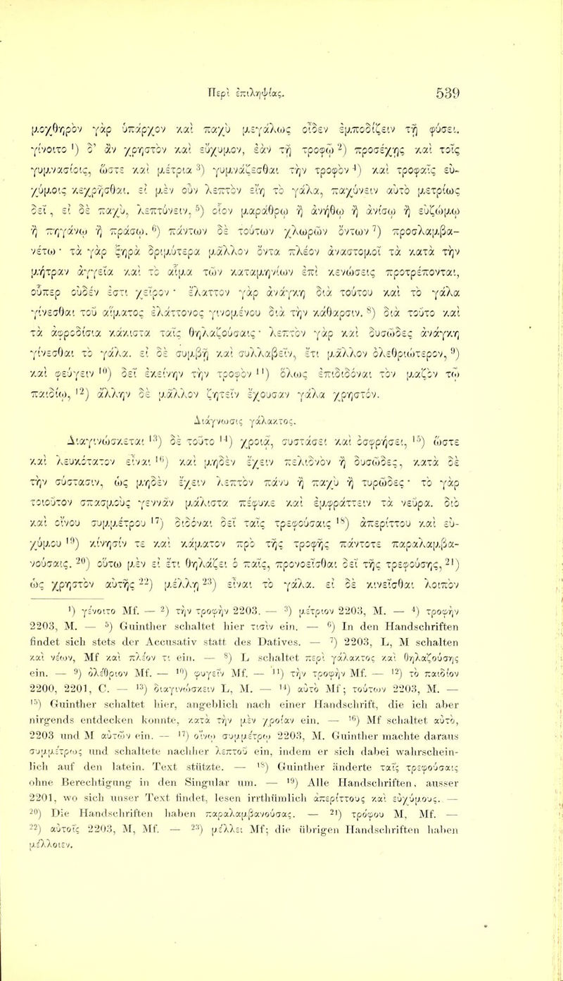 Y'!votTO ') o' av yoTjaToy y.al su/u^i-ov, sav tt} Tpofflw''') 7rpoa£/-r)<; v.al zolq YU[Jt.vaatciic, oxj-i '^at [jAxpia ^ujAvausdOoet r/jv tpocpov xat xpCKpaTi; £u- }(6[j(,oiq xej^pYiuöat. =? p.iv oOv Xsirrbv sI'y) to yaXa, 7:oi.yi)'/s.iv aWo [j.ZTpibiq ozX, et ■it'^Z^ A£1it6v=iv, olov [^apaöpw 7) dviQÖo) y) dvi'aco 7) £iji^(i)(j,ü) —^'/äviu 'i) Tvpdaw.Tcaviwv äe toütwv -/Awpwv ovTtüv') -JipoaXaij.ßa- vsTw • -cd Ydp ^'opd 5pip.6iepa (j.dXXov övta irXeov dv«aTO|j,ot Td viaid ty]v [j.'/^Tpav dvYSia y.a; ts alp.a twv xaTap,Y]vt(i)v STCt xevojdsti; TrpoTpsuovTat, ouTTsp GÜjoev £GT'. X£tpov • £AaTT0v Y*p dva^x/) Bid to6tou xat ib ^dXa YtV£^Oa! ToO 7.'''[j.a.-o:. eXdxiovos y'-'''21-'.£vou O'.d t);V xdOapctv. ■'*) otd toüto y.al Td dtppcot'ff'.a xd/viGTa xat; Q-qka^oüaaiq • ker.-o'/ '(ap v.y.\ waüdzc a'/d-^xf] YtV£t:Oat xo ^(dk7.. zl ol auiJ.ß'yi za; auXAaßeTv, ezi [t.ä'k'kov oA£9p'.ojT£pov, 9) xal (p£6Y£tvBeT exsivrjv t))v xposov^') oXoj; iiziiidö^/a'. xbv p-a'Cbv tw TTÄ'.ouo, ''^) d'XXrjV oe tj.dXXov C'/jtsiv lyo'jQm y£ka yyr^cxi^i. Aiayvojcr!<; yaXaxio?. A'.aYtvojci7,£Ta! '■'') Se toOto '■•) /poid, au^idas'. xat oa^p-z^uei, waxe xat X£Ux6TaTov £iva'. 'j •/.«'. [r^0£7 £X£'.v -eX'.ovbv -i^ 0'jatoS£?, y.aid 3£ ty;v auciaaiv, öx; p/r^Siv £'/_£iv X£7rTbv Tudvj -i^ Txxyb -i^ Tupwcec • to Y^? toiO'jTOv a-affiJ.obc -[zt/t/ \mk\cia 7i£<pu-/.£ xcci £[j/^pdTT£'.v td v£Opa. otb xai of'vou y^\>.\iAxpo-j ''') otocvat 0£t lalq Tp£(po6Gatc aTieph-ou y.al cu- /6[j,oi» ylYriiv) xz y.aX yJ.\i.cLXO't izph xyjc ~poyy;<; ndvioxe 7capaXa|;,ßa- voüjaic.'^) oiito) (jiv £1 In %-<]kixCßi b -Kcdq^ TrpovoeffjOat od x^c Tp£q)Ouarj<;, 21) WC y^p-qiTO') auT% [xeXX-rj 23) £?vai to '(£k(y.. al 0£ x'.v£'tG9ai Xotxbv 1) ysvoiTO Mf. — 2) Trjv TpoorjV 2203. — 3) ,j.iTp(ov 2203, M. — <) rpoti^v 2203, M. — ^) Guinther schaltet Iiier xiaiv ein. — ) In den Handschriften findet sich stets der Acciisativ statt des Datives. — 2203, L, M schalten xai viori, Mf vMi nkiov ein. — ^) L schaltet T:sp\ yocXa/'-To; y.a: OrjXa^ouarjr; ein. — 9) oXcOp'.ov Mf. — cpuyeTv Mf. — i') xrjv xpoeprjv Mf. — i^) xb raioiov 2200, 2201, C. — '3) Siayivrjja/.S'.v L, M. — auxb Mf; toÜtojv 2203, M. — '=) Guinther schaltet hier, angeblicli nach einer Handschrift, die ich aber nirgends entdecken konnte, zaxa xrjv [jiv ypoiav ein. — 5) Mf schaltet auxb, 2203 und M aüxtov ein. — ) o'ivio a'jij-piExpoj 2203, M. Guinther machte da.raus a'j[j:ij.:'xpfa; und schaltete naclilier Xejcxou ein, indem er sich dabei wahrschein- lich auf den latein. Text stützte. — Guinther änderte xat; xpssoüo-at? ohne Berechtignng- in den Singular um. — '3) j^Hg Handschriften, ausser 2201, wo sich unser Text findet, lesen irrthümlich a-epixxo'j? xal cÜ/'j[j.o'jc. — 20) Die Handschriften haben 7:apaXa[j-jiavouaa;. — 2i) Tpbcpfju M, Mf. — 22) aüxoT'? 2203, M, Mf. — ^s) ^iXkei Mf; die übrigen PTandscliriften lial)en [-i^XXoiev.