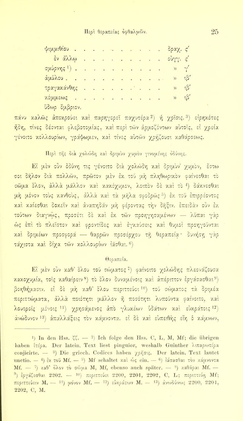 tliiiX[J.'Mo-J Spa/. q iv aAAcp ouYY- q crp.üpv^]q I) ■» t' «IJ-UAOU )) '.ß' Tpaya/vivO'/jc ■ . . . »iß' 7.5p,[ji-iWi; .......... )) tß' üoMp op.ßp'.ov. Tcavu vmX&z flcTioxpoOst y.at Tiap'/iYopsI Tiay^uxspa -q XpTatq. £tp'/]y,6T£<; Y^voiTO 7.0AA0up'!cüv, YP^-4'^^I'''-''i Tiv£c aijxo)V y^priCouc. y.aOap'Jswc. IlEpl Tfj? oia ^oXwoTj xal op[|j.'JV /U[J.öv Y'.vo[j.svrj; oSÜvt];. E'. [j.ev oOv oo6vT; Tic; y^'''^-'^^ 5-'^- '/o'/moTi y.at Gpi[;.'jv' /uj^-bv, ecttio cot O-^AOV Gia TtOAAwV, 7:pWT0V [J.£V £7. TO'J IJ/)] TlATjOtop'.y.bv ©aiVEcOa'. TO cwp.a oAov, «aXcc [j.aXXov y.a; v.y.v.iyjJiJ.cv^ Aot-bv 0£ 7.«; tg oa7.v£c70a'. [j.'}) [j.bvov To'jg 7.avOouq, aAAa 7.7.1 xa [j.r^Xa acsooptoc ■'') £7. loO ETiippsovTOc xat /.aiccOai o07,£'iv 7,ai avaTirjOav [r); cpEpovxa^ x-)j7 o'i^Eiv. i-itoav ouv iy, xouTwv oiaYVoic;, Trpocex; o£ y.«'. £7. xwv 7:porjYr,o'LZij,£vojv — autiKC Y'^-P to; £7:1 xb 'kA£1gxov yai s-povx^Sit; y.al £Yy.7.'JG£ic y.ai Ou;xol txoo'^y'^^''''^^-'- y,al opt|j.£(i)v TipoGffiopa — Oappcov iipocipyyj tq 0£pa7;£ta ■ G'j7r,arj Y'^-P xa/taxa xal oix« xwv y.oAAO'jpi'cov faaOa'..'') öspaxEia. Et |j.£v G'jv v.aif oAO'j xoü cwiJ.axoc') cpatvotxo -/oAwo'rjt; TCAEOväi^ouja y.ay.ox'JlJ-ta, xotq 7.aOatp£tvxb cAov Guvocij.dvotv; xal airEptTxov ipYäcacOo'.t''') ßo'A)6y)[;.xGtv. £'. G£ [j.r, 7.7.0' oAO'j -£ptxx£6ot ') xo'j Gwjj.aTo; X7. optij.da x£pix~ü)[j.axa, aAAa 7i;otox'^;xt [j.aAAov 'q ■JiocöxTyxt AUTioDvxa satvotxo, y.al AO'jxpoii; [/'.ovot; 'i) ■/p-^Gaij.£vo; aTcb ^fkjy.SM'/ 'jodxtov zat cuy.paxot;'2) ävtoouvov aTiaAAä'^Eic; xbv y,7.[j.vo7xa. Et ok xal £Ü7t£tGrjC £r^ 6 y.a[j,v(ov, 1) In den Hss. CC- — Ich folge den Hss. C, L, M, Mf; die übrigen haben zxipot.. Der latein. Text liest pinguior, weshalb Guinther ).i7kap(jjTSpa corijicirte. — ^) Die griech. Codices haben ypria'.?. Der latein. Text lautet nnctio. — '') iv. toü Mf. — '') Mf schaltet xal ein. — tacjaaOai xbv y.a(j.vovTa Mf. — ) /.a9' oXo't TO awij-a M, Mf, ebenso auch später. — x.afläpai Mf. — '■') spyaCeaOai 2-202. — i) ;:cpiTT£u£i 2200, 2201, 2202, C, L; TrepiTTSÜyi Mf; TieptTTEUsiv M. — ) [j-d'/ov Mf. — eu/paTüJv M. — '3) avojo'jvco; 2200, 2201, 2202, C, M.