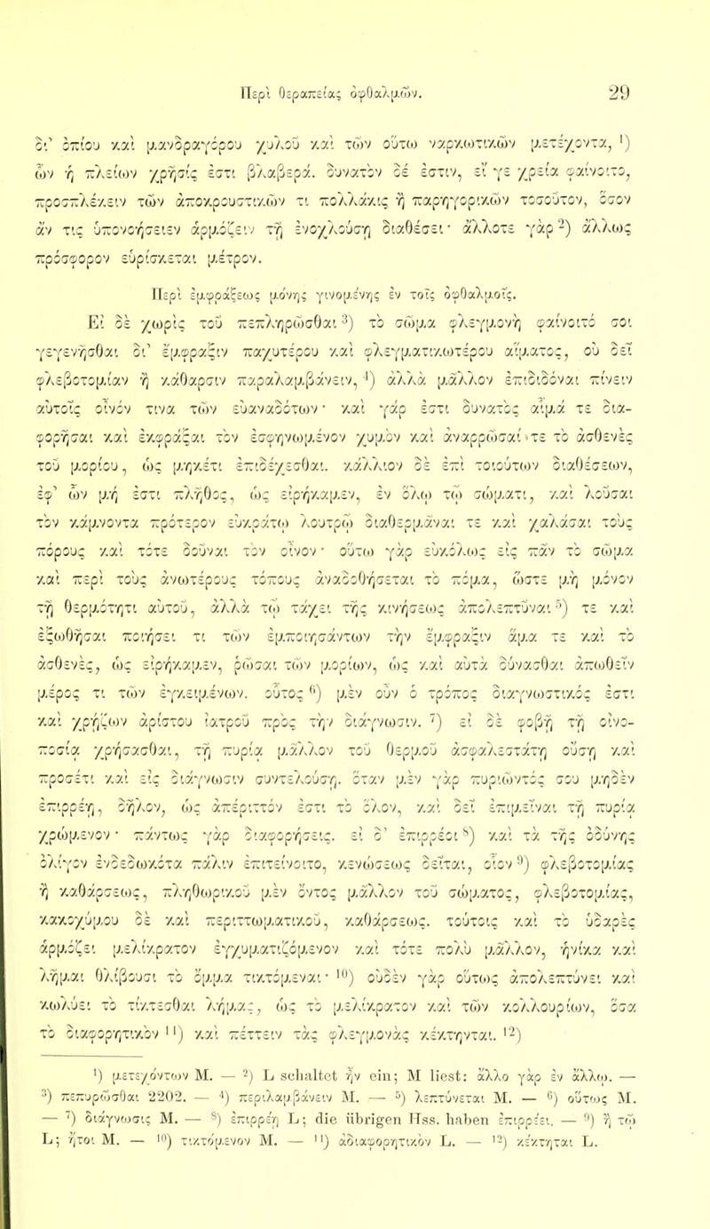 0'.' s::(o'j y.at i/avopaYcpO'j yjJAoü twv o'jito vap'/.(-0-:iawv \i.'.-i'/ym^ ') wv -/j tCi.-J.w) '/jfrp.c, icTTt ßy.aßspi. ouva-bv oe ecxtv, 3i Xp^i'^: tpatvo'.-j, •äooa-Xsy.siv Töiv aTiOy,pcu(;Tr/.t7jv xi TioXXiz'Aii; 7cap'/)Yopixwv ToaoOiov, oaov ä'v TIC 6-ovo'(^!j£t£v apjj.6(^£'.v TY) £VO/XoucY] StaOeasi • aXXoTS yap -) aXXoj? •«;pOC7!pOpOV £lJpl'ij/,£Tai [J,£TpOV. Ilepi i[j.'^pa^£co? [xo'vrj; yivop.cVrji; Iv Tor? o30a).ij.otc. 0£ X'*^?'? ^^^ •::£7iX'^pöJc0ai 3) -cb (7cö[j,a oXcYI-'-ov}) (safvoiTb C70'. Y£Y£vy5a6ai oi' £[j.®pa5tv 7ca-/,UT£pou -/.al (pX£YlJ-aTr/.coT£pou al'jxaTOc, ou o£T <pA£ßoTO[JM'av y) y.aO(xpt;tv TrapaXai^-ßivstv, ■') äXXa [j.aXXov e-Ktoioövat iii'vctv auToTt; oivov Tiva twv Euavaooiwv • xal y^P ouvatb;; a'.p.ä t£ otoc- cpop^(7ai zal £y.fflpa^ai tov icjcp-^vto'J.ivov /.ujj.bv xat avappcTjaai''T£ xb aij6£V£(; xoij |j,op{ou, WC [rr^xiit £-!0£-/£aOai. y.aXXiov o£ et:! toioutwv oiaO£ij£cov, £ip' tbv |j/r/ £ij-[ ;i:X-^6o;, £!p'(5y,a[J.£v, iv oXw xm atoj^-aTt, y.al Xoücat Tov y.7.[;.vovta :ip6t£pov £uy,päT(o XouTpw otaOcpiJ-ava; t£ ysjX '/jxKiaof.i to'j; Äopoui; v.y). TiT£ ooDvat ibv oivov • oütoj y^-P ^uy-sXwr siq ■:rav -b (jwij.a y.al 7i£p; tou-; avcotipouc totcouc; ava5oO'/^(j£T:at tb 7ii|j-a, w(tt£ [J.Tj [;,5vov 0£pp.6-'/)Ti auTOÜ, aXXa tw Ta)(£- '^^i? y.tv/^CECoc a7CGX£7tTuva'. •'') t£ y.at e^toO^aat tto'/(]ij£'. tt ttov iiJ.TiOr^tjävTcov x-iy-) £|j/fpa^tv a|j,a £ y.«'. io «gOevec, WC £ip'(^ya[-»,£v, pctiaat twv [j,opio)v, w? y.at auta GovacOat a7iwO£Tv [j,£pOi; Ti TWV £Yy.£iiJ.£vo;v. oOioc '') \iht oOv 6 TpoTTOc otaYVwcjTwöq ect'. xac •/yr^Qbri äpfaxoi) laTpoD Tcpbc; t))v oiccYVwcriv. ) cE 0£ cpoßv] r?) oivo- TTOcta -/p-^^caaOxi, r?) Tcupta [xiXXov toO O£p[j,ou ä(7(paX£(;TiT'/] oucy) y.at -poaETt y.at £!c otaYVtoaiv g'jvteXoüc-^. oiav [j.v/ Yap ^uptwvTcc gou £~tpp£7], of^KO'i, coc aTTEpiTTÖv £C7Ti TG gXov, y.at G£t £';rt|.»,£tvai r?] ~upta /_pW|J.£VOV • TTaVTOiC ^(k^ GtaipOp'^^CctC. £t £Tvtpp£Ct V.at TOI TTjC OOUV^C I/.tYOV £VG£003XbTa TiaXlV £7TtT£tV0tT0, y.cVWCEW? G£'tTat^ G'.OV 9) (pX£ß0T01J,{ac; •(] yaOapcTEioc, -X-/)Oo)pty.ou [jiv bvToq [j.aXXGv tgü G-w[j.aTOc, c5X£ßGT0[j.i'a;, y.anG/6[xou G£ y.at -£ptTTW[J,aTtyoO, y.aOapff£0}C. TOUTOtc y.at tg üSapEC ap[;,G!^£t [j.£Xty.paTOV £YXU[j.aTi(^6[j.£vov y.at tgt£ -äoXu [j.aXXov, -^vfxa y.at 'lSq\m\ 6y>tßGuc7t tg o\).\ict. Tty.TG[j,£vai • ouBlv ^(b.^ outo)£; a7roX£7LTuv£t v.aX y.ojXÜEt TG Tty.TcaOai X'/^i^.a:^ wc tg [j.sXt'y.paTGv zat twv y.oXXouptwv, oca TG Gtacpop'^^Ttvtbv '') y.at 7i:£TT£tv Tac; cp/,£YlJ-ova(; y.£y.T'riVTai.''-) ') [j.ETc/ovTrov M. — '■') L schaltet '/jv ein; M liest: aXXo yäp iv aXXw. — -ETtupcäaOa'. 2'20-2. — 7iEpiXa[j|iaveiv M. — 5) XEx:TuveTai M. — oüt'o; M. — ^) oictyvwai; M. — ^) iTTippe'jf) L; die übrigen Hss. haben ETTipp^si. — '/j L; rjToi M. — I) T'./.Top.evov M. — ) aotaaoprjTixöv L. — ■/.v/.vrixai L.