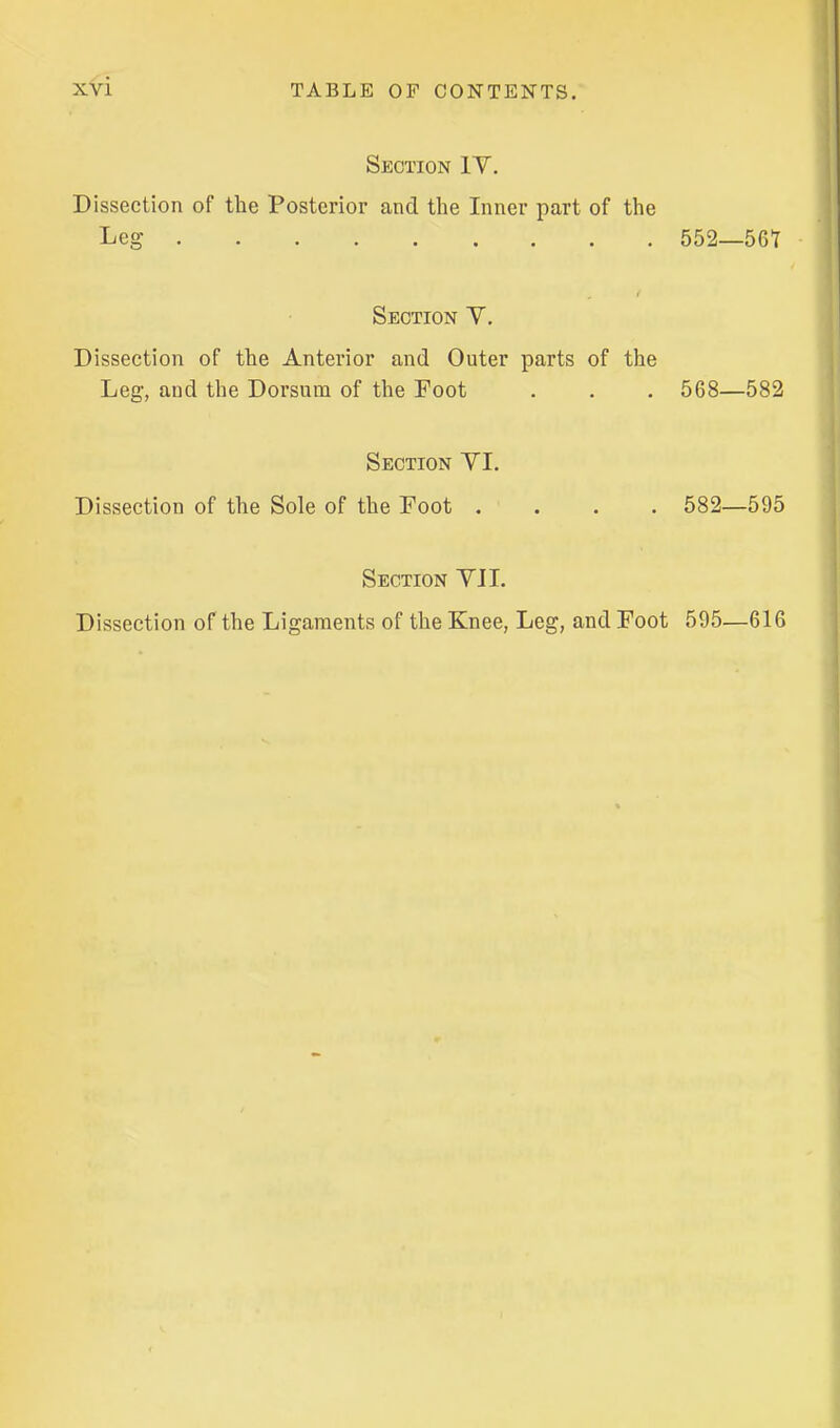 Section IV. Dissection of the Posterior and the Inner part of the Leg 552—56Y Section V. Dissection of the Anteiior and Outer parts of the Leg, and the Dorsum of the Foot . . . 568—582 Section YI. Dissection of the Sole of the Foot .... 582—595 Section VJI.