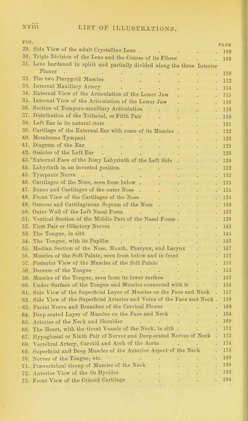Fia. 29. 30. 31. Side View of the adult Crystalline Lens . Triple Division of the Lens and the Course of its Fibres Lens hardened in spirit and partially divided along the three Interior Planes 32. The two Pterygoid Muscles 33. Internal Maxillary Artery 34. External View of the Articulation of the Lower Jaw 35. Internal View of the Articulation of the Lower Jaw 36. Section of Temporo-maxillary Articulation 37. Distribution of the Trifacial, or Fifth Pair 38. Left Ear in its natural state 39. Cartilage of the External Ear with some of its Muscles 40. Membrana Tyinpani .... 41. Diagram of the Ear .... 42. Ossicles of the Left Ear .... 43. 'External Eace of the Bony Labyrinth of the Left Side 44. Labyrinth in an inverted position 45. Tympanic Nerve ..... 46. Cartilages of the Nose, seen from below . 47. Bones and Cartilages of the outer Nose . 48. Front View of the Cartilages of the Nose 49. Osseous and Cartilaginous Septum of the Nose . 50. Outer Wall of the Left Nasal Fossa 51. Vertical Section of the Middle Part of the Nasal Fossae 62. First Pair or Olfactory Nerves 53. The Tongue, in sitQ .... 54. The Tongue, with its Papillae 55. Median Section of the Nose, Mouth, Pharynx, and Larynx 56. Muscles of the Soft Palate, seen from below and in front 57. Posterior View of the Muscles of the Soft Palate 58. Dorsum of the Tongue ..... 59. Muscles of the Tongue, seen from its lower surface GO. Under Surface of the Tongue and Muscles connected with it 61. Side View of the Superiicial Layer of Muscles on the Face and Neck 62. Side View of the Superficial Arteries and Veins of the Face and Neck ■ 63. Facial Nerve and Branches of the Cervical Plexus 64. Deep-seated Layer of Muscles on the Face and Neck 65. Arteries of the Neck and Shoulder .... 66. The Heart, with the Great Vessels of the Neck, in sitd . 67. Hypoglossal or Ninth Pair of Nerves and Deep-seated Nerves of Neck 68. Vertebral Artery, Carotid and Arch of the Aorta 69. Superficial andr Deep Muscles of the Anterior Aspect of the Neck 70. Nerves of the Tongue, etc. ..... 71. Prsevcrtebral Group of Muscles of the Neck 72. Anterior View of the Os Hyoides .... 73. Front View of the Cricoid Cartilage .... PAGE . 109 , 109