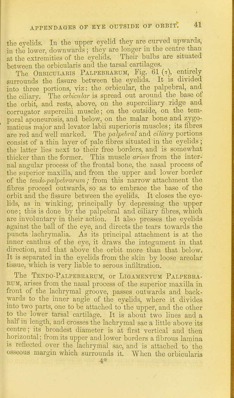the eyelids. In the upper eyelid they are curved upwards, in the lower, downwards ; they are longer in the centre than at the extremities of the eyelids. Their bulbs are situated between the orbicularis and the tarsal cartilages. The Orbicularis Palpebrarum, Fig. 61 (7), entirely surrounds the fissure between the eyelids. It is divided into three portions, viz: the orbicular, the palpebral, and the ciliary. The orbicular is spread out around the base of the orbit, and rests, above, on the superciliary ridge and corrugator supercilii muscle; on the outside, on the tem- poral aponeurosis, and below, on the malar bone and zygo- maticus major and levator labii superioris muscles; its fibres are red and well marked. The palpebral and ciliary portions consist of a thin layer of pale fibres situated in the eyelids; the latter lies next to their free borders, and is somewhat thicker than the former. This muscle arises from the inter- nal angalar process of the frontal bone, the nasal process of the superior maxilla, and from the upper and lower border of the tendo-palpebrarum; from this narrow attachment the fibres proceed outwards, so as to embrace the base of the orbit and the fissure between the eyelids. It closes the eye- lids, as in winking, principally by depressing the upper one; this is done by the palpebral and ciliary fibres, which are involuntary in their action. It also presses the eyelids against the ball of the eye, and directs the tears towards the puncta lachrymalia. As its principal attachment is at the inner canthus of the eye, it draws the integument in that direction, and that above the orbit more than that below. It is separated in the eyelids from the skin by loose areolar tissue, which is very liable to serous infiltration. The Tendo-Palpebrarum, or Ligamentum Palpebra- rum, arises from the nasal process of the superior maxilla in front of the lachrymal groove, passes outwards and back- wards to the inner angle of the eyelids, where it divides into two parts, one to be attached to the upper, and the other to the lower tarsal cartilage. It is about two lines and a half in length, and crosses the lachrymal sac a little above its centre; its broadest diameter is at first vertical and then horizontal; from its upper and lower borders a fibrous lamina is reflected over the lachrymal sac, and is attached to the osseous margin which surrounds it. When the orbicularis