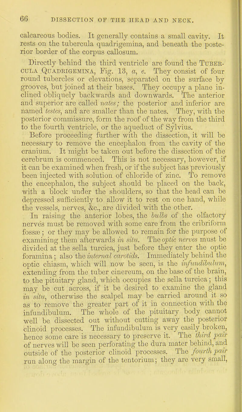 calcareous bodies. It generally contains a small cavity. It rests on the tubercula quadrigemina, and beneath the poste- rior border of the corpus callosum. Directly behind the third ventricle are found the Tuber- cula Quadrigemina, Fig. 13, a, e. They consist of four round tubercles or elevations, separated on the surface by grooves, but joined at their bases. They occupy a plane in- clined obliquely backwards and downwards. The anterior and superior are called naies; the posterior and inferior are named testes^ and are smaller than the nates. They, with the posterior commissure, form the roof of the way from the third to the fourth ventricle, or the aqueduct of Sylvius. Before proceeding farther with the dissection, it will be necessary to remove the encephalon from the cavity of the cranium. It might be taken out before the dissection of the cerebrum is commenced. This is not necessary, however, if it can be examined when fresh, or if the subject has previously been injected with solution of chloride of zinc. To remove the encephalon, the subject should be placed on the back, with a block under the shoulders, so that the head can be depressed sufficiently to allow it to rest on one hand, while the vessels, nerves, &c., are divided with the other. In raising the anterior lobes, the hulhs of the olfactory nerves must be removed with some care from the cribriform fossse ; or they may be allowed to remain for the purpose of examining them afterwards in situ. The optic nerves must be divided at the sella turcica, just before they enter the optic foramina; also the internal carotids. Immediately behind the optic chiasm, which will now be seen, is the infundihulum, extending from the tuber cinereum, on the base of the brain, to the pituitary gland, which occupies the sella turcica; this may be cut across, if it be desired to examine the gland in situ., otherwise the scalpel may be carried around it so as to remove the greater part of it in connection with the infundibulum. The whole of the pituitary body cannot well be dissected out without cutting away the posterior clinoid processes. The infundibulum is very easily broken, hence some care is necessary to preserve it. The third pair of nerves will be seen perforating the dura mater behind, and outside of the posterior clinoid processes. The fourth pair run along the margin of the tentorium; they are very small,