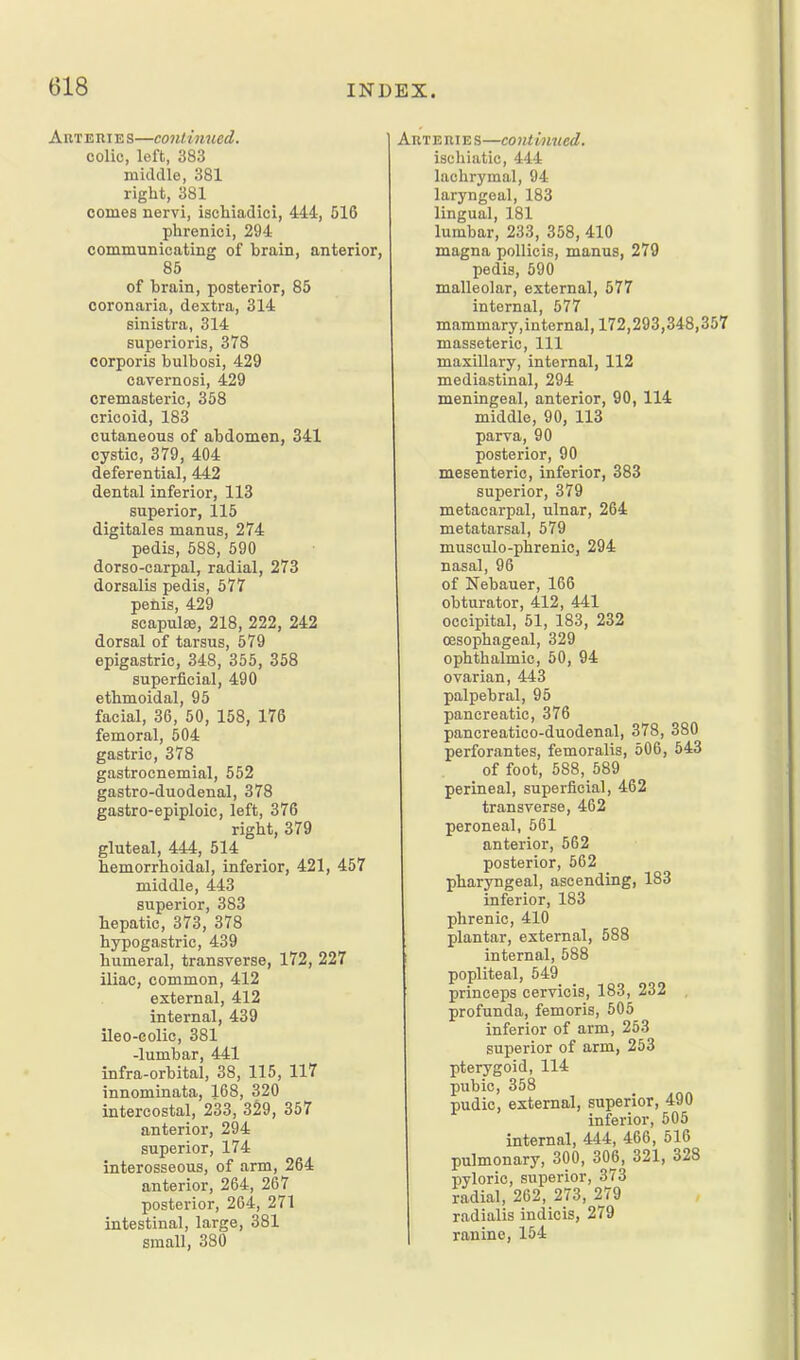 Art Eiii E s—cont tuned. colic, left, 383 middle, 381 right, 381 comes nervi, ischiadici, 444, 516 phrenici, 294 communicating of brain, anterior, 85 of brain, posterior, 85 coronaria, dextra, 314 sinistra, 314 superioris, 378 corporis bulbosi, 429 cavernosi, 429 cremasteric, 358 cricoid, 183 cutaneous of abdomen, 341 cystic, 379, 404 deferential, 442 dental inferior, 113 superior, 115 digitales manus, 274 pedis, 588, 590 dorso-carpal, radial, 273 dorsalis pedis, 577 penis, 429 scapulae, 218, 222, 242 dorsal of tarsus, 579 epigastric, 348, 355, 358 superficial, 490 ethmoidal, 95 facial, 36, 50, 158, 176 femoral, 504 gastric, 378 gastrocnemial, 552 gastro-duodenal, 378 gastro-epiploic, left, 376 right, 379 gluteal, 444, 514 hemorrhoidal, inferior, 421, 457 middle, 443 superior, 383 hepatic, 373, 378 hypogastric, 439 humeral, transverse, 172, 227 iliac, common, 412 external, 412 internal, 439 ileo-eolic, 381 -lumbar, 441 infra-orbital, 38, 115, 117 innominata, 168, 320 intercostal, 233, 329, 357 anterior, 294 superior, 174 interosseous, of arm, 264 anterior, 264, 267 posterior, 264, 271 intestinal, large, 381 small, 380 Art ERIE s—CO ni imied. ischiatic, 444 lachrymal, 94 laryngeal, 183 lingual, 181 lumbar, 233, 358, 410 magna pollicis, manus, 279 pedis, 590 malleolar, external, 577 internal, 577 mammary,internal, 172,293,348,357 masseteric. 111 maxillary, internal, 112 mediastinal, 294 meningeal, anterior, 90, 114 middle, 90, 113 parva, 90 posterior, 90 mesenteric, inferior, 383 superior, 379 metacarpal, ulnar, 264 metatarsal, 579 musculo-phrenic, 294 nasal, 96 of Nebauer, 166 obturator, 412, 441 occipital, 51, 183, 232 oesophageal, 329 ophthalmic, 50, 94 ovarian, 443 palpebral, 95 pancreatic, 376 pancreatico-duodenal, 378, 380 perforantes, femoralis, 506, 543 of foot, 588, 589 perineal, superficial, 462 transverse, 462 peroneal, 561 anterior, 562 posterior, 562 pharyngeal, ascending, 183 inferior, 183 phrenic, 410 plantar, external, 588 internal, 588 popliteal, 549 princeps cervicis, 183, 232 , profunda, femoris, 505 inferior of arm, 253 superior of arm, 253 pterygoid, 114 pubic, 358 pudic, external, superior, 490 inferior, 505 internal, 444, 466, 516 pulmonary, 300, 306, 321, 328 pyloric, superior, 373 radial, 262, 273, 279 radialis indicis, 279 ranine, 154