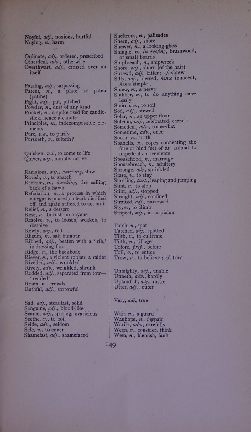 Noyful, adj., noxious, hurtful Noying, «., harm Ordinate, adj., ordered, prescribed Otherdeal, adv., otherwise Overthwart, adj., crossed over on itself Passing, adj., surpassing Patent, a plate or paten (patine) Pight, adj., put, pitched Powder, dust of any kind Pricket, »., a spike used for candle- stick, hence a candle Principles, «., indecomposable ele- ments Pure, v.a., to purify Pursueth, v., suiteth? Quicken, v.i., to come to life Quiver, adj., nimble, active Ramaious, adj., hawking, slow Ravish, v., to snatch Reclaim,,«., hawking, the calling back of a hawk Refudation, «., a process in which vinegar is poured on lead, distilled off, and again suffered to act on it Relief, n., a dessert Rese, v., to rush on anyone Resolve, v., to loosen, weaken, to dissolve Rewly, adj., red Rheum, n., salt humour Ribbed, adj., beaten with a 'rib,' in dressing flax Ridge, the backbone Riever, a violent robber, a raider Rivelled, adj., wrinkled Rively, adv., wrinkled, shrunk Rodded, adj., separated from tow— ' redded' Routs, «., crowds Ruthful, adj., sorrowful Sheltrons, «., palisades Shern, adj., shore Shewer, n., a looking-glass Shingle, n., in roofing, brushwood, or small boards Shipbreach, ft., shipwreck Shore, adj., shorn (of the hair) Shrewd, adj., bitter; cf. shrew Silly, adj., blessed, hence innocent, hence simple , Sinew, «., a nerve Slubber, v., to do anything care- lessly Smirch, v., to soil Sod, adj., stewed Solar, «., an upper floor Solemn, adj., celebrated, earnest Somedeal, adv., somewhat Sometime, adv., once Sooth, n., truth Spanells, n., ropes connecting the fore or hind feet of an animal to impede its movements Spousehood, ft., marriage Spousebreach, n., adultery Spronge, adj., sprinkled Stare, v., to stay Startling, part., leaping and jumping Stint, v., to stop Stint, adj., stopped Straight, adj., confined Straited, adj., narrowed Sty, v., to climb Suspect, adj., in suspicion Tatch, «., spot Tatched, adj., spotted Tilth, v., to cultivate Tilth, n., tillage Tofore, prep., before Toll, v., to entice Trow, v., to believe ; cf. trust Unmighty, adj., unable Unneth, adv., hardly Uplandish, adj., rustic Utter, adj., outer Very, adj., true Sad, adj., steadfast, solid Sanguine, adj., blood-like Scarce, adj., sparing, avaricious Seethe, v., to boil Selde, adv., seldom Sele, v., to cover Shamefast, adj., shamefaced Wait, «., a guard Wanhope, despair Warily, adv., carefully Ween, v., consider, think Wem, n., blemish, fault I49