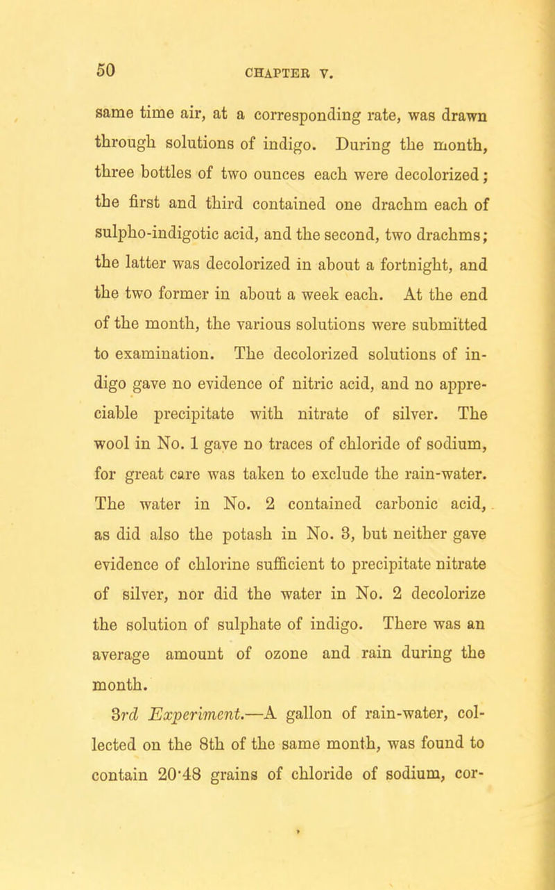 same time air, at a corresponding rate, was drawn through solutions of indigo. During the month, three bottles of two ounces each were decolorized; the first and third contained one drachm each of sulpho-indigotic acid, and the second, two drachms; the latter was decolorized in about a fortnight, and the two former in about a week each. At the end of the month, the various solutions were submitted to examination. The decolorized solutions of in- digo gave no evidence of nitric acid, and no appre- ciable precipitate with nitrate of silver. The wool in No, 1 gave no traces of chloride of sodium, for great care was taken to exclude the rain-water. The water in No. 2 contained carbonic acid, as did also the potash in No. 3, but neither gave evidence of chlorine suf&cient to precipitate nitrate of silver, nor did the water in No. 2 decolorize the solution of sulphate of indigo. There was an average amount of ozone and rain during the month. Srd Experiment.—A gallon of rain-water, col- lected on the 8th of the same month, was found to contain 20'48 grains of chloride of sodium, cor-