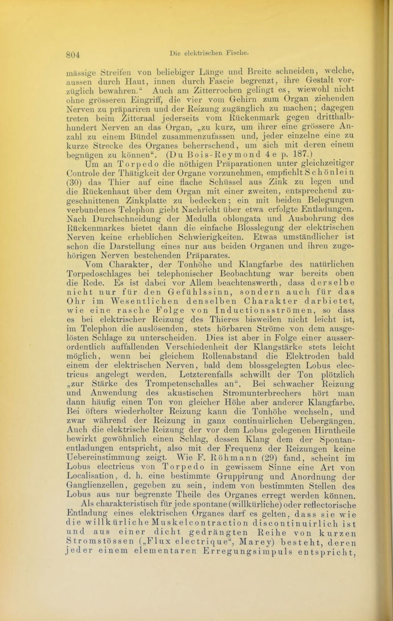 inässige Streifen von beliebiger Länge und Breite schneiden, Avelclie, aussen durch Haut, innen durch Fascie begrenzt, ihre Gestalt vor- züglich bewahren. Auch am Zitterrochen gelingt es, wiewohl nicht ohne grösseren Eingriff, die vier vom Gehirn zum Organ ziehenden Nerven zu präpariren und der Reizung zugänglich zu machen; dagegen treten beim Zitteraal jederseits vom Rückenmark gegen dritthalb- hundert Nerven an das Organ, „zu kurz, um ihrer eine grössere An- zahl zu einem Bündel zusammenzufassen und, jeder einzelne eine zu kurze Strecke des Organes beherrschend, um sich mit deren einem begnügen zu können. (Du Bois-Reymond 4e p. 187.) Um an Torpedo die nöthigen Präparationen unter gleichzeitiger Controle der Thätigkeit der Organe vorzunehmen, empfiehlt Schönlein (30) das Thier auf eine flache Schüssel aus Zink zu legen und die Rückenhaut über dem Organ mit einer zweiten, entsprechend zu- geschnittenen Zinkplatte zu bedecken; ein mit beiden Belegungen verbundenes Telephon giebt Nachricht über etwa erfolgte Entladungen. Nach Durchschneidung der Medulla oblongata und Ausbohrung des Rückenmarkes bietet dann die einfache Blosslegung der elektrischen Nerven keine erheblichen Schwierigkeiten. Etwas umständlicher ist schon die Darstellung eines nur aus beiden Organen und ihren zuge- hörigen Nerven bestehenden Präparates. Vom Charakter, der Tonhöhe und Klangfarbe des natürlichen Torpedoschlages bei telephonischer Beobachtung war bereits oben die Rede. Es ist dabei vor Allem beachtenswerth, dass derselbe nicht nur für den Gefühlssinn, sondern auch für das Ohr im Wesentlichen denselben Charakter darbietet, wie eine rasche Folge von Inductionsströmen, so dass es bei elektrischer Reizung des Thieres bisweilen nicht leicht ist, im Telephon die auslösenden, stets hörbaren Ströme von dem ausge- lösten Schlage zu unterscheiden. Dies ist aber in Folge einer ausser- ordentlich auffallenden Verschiedenheit der Klangstärke stets leicht möglich, wenn bei gleichem Rollenabstand die Elektroden bald einem der elektrischen Nerven, bald dem blossgelegten Lobus elec- tricus angelegt werden. Letzterenfails schwillt der Ton plötzlich „zur Stärke des Trompetenschalles an. Bei schwacher Reizung und Anwendung des akustischen Stromunterbrechers hört man dann häufig einen Ton von gleicher Höhe aber anderer Klangfarbe. Bei öfters wiederholter Reizung kann die Tonhöhe wechseln, und zwar während der Reizung in ganz continuirlichen Uebergängen. Auch die elektrische Reizung der vor dem Lobus gelegenen Hirntheile bewirkt gewöhnlich einen Schlag, dessen Klang dem der Spontan- entladungen entspricht, also mit der Frequenz der Reizungen keine Uebereinstimmung zeigt. Wie F. Röhmann (29) fand, scheint im Lobus electricus von Torpedo in gewissem Sinne eine Art von Localisation, d. h. eine bestimmte Gruppirung und Anordnung der Ganglienzellen, gegeben zu sein, indem von bestimmten Stellen des Lobus aus nur begrenzte Theile des Organes erregt werden können. Als charakteristisch für Jede spontane (willkürliche) oder reflectorische Entladung eines elektrischen Organes darf es gelten, dass sie wie die WillkürlicheMuskelcontraction discontinuirlich ist und aus einer dicht gedrängten Reihe von kurzen Stromstössen („Flux electrique, Marey) besteht, deren jeder einem elementaren Erregungsimpuls entspricht.