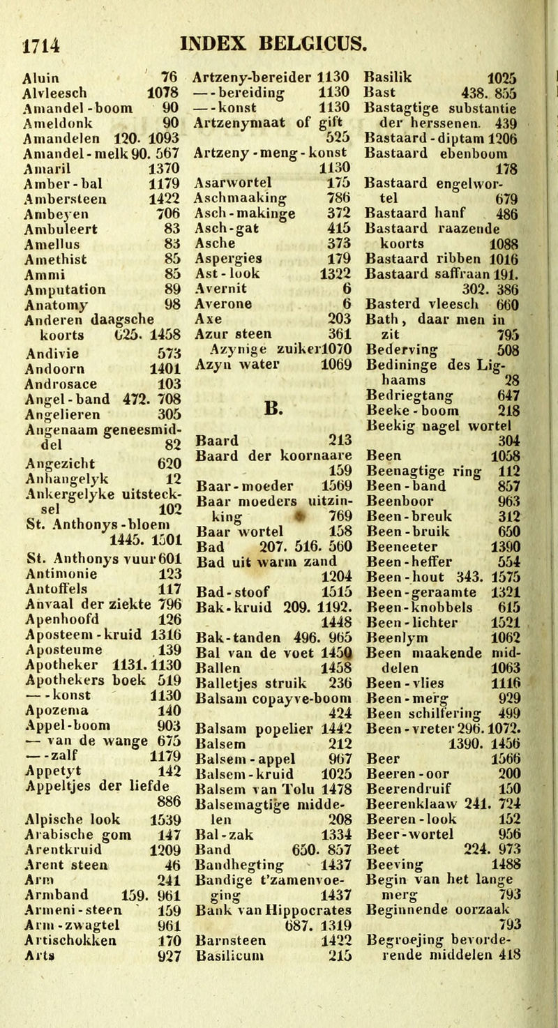 Aluin 76 Alvleesch 1078 Aniandel-boom 90 Ameldonk 90 Amandelen 120. 1093 Amandel-raelk90. 567 Aniaril 1370 Amber-bal 1179 Ambersleeii 1422 Ambej en 706 Ambuleert 83 Amellus 83 Ainethist 85 Ammi 85 Amputation 89 Anatomy 98 Anderen daagsche koorts G25. 1458 Andivie 573 Andoorn 1401 Androsace 103 Angel-band 472. 708 Angelieren 305 Angenaam geneesmid- del 82 Angezicht 620 Anhangelyk 12 Ankergelyke uitsteck- sel 102 St. .\nthonys-bloem 1445. 1501 St. Anthonys vuur601 Antimonie 123 Antoftels 117 Anvaal der ziekte 796 Apenhoofd 126 Aposteeni-kruid 1316 Aposteume 139 Apotheker 1131.1130 Apothekers boek 519 konst 1130 Apozenia 140 Appel-boom 903 — van de wange 675 —-zalf 1179 Appetyt 142 Appeltjes der liefde 886 Alpische look 1539 Arabische gom 147 Arentkniid 1209 Arent steen 46 Arm 241 Armband 159. 961 Arnieni - steen 159 Arni-zwagtei 961 Artischokken 170 Arts 927 Artzeny-bereider 1130 bereiding 1130 —-konst 1130 Artzenymaat of gift 525 Artzeny -meng- konst 1130 Asarwortel 175 Aschmaaking 786 Asch - makinge 372 Asch-gat 415 Asche 373 Aspergies 179 Ast-look 1322 .'Vvernit 6 Averone 6 Axe 203 Azur steen 361 Azynige zuikerl070 Azyn water 1069 B. Baard 213 Baard der koornaare 159 Baar-moeder 1569 Baar moeders uitzin- king • 769 Baar wortel 158 Bad 207. 516. 560 Bad uit warm zand 1204 Bad-stoof 1515 Bak-kruid 209. 1192. 1448 Bak-tanden 496. 965 Bal van de voet 145Q Ballen 1458 Balletjes struik 236 Balsam copayve-boom 424 Balsam popelier 1442 Balsem 212 Baisem-appel 9(j7 Balsem-kruid 1025 Baisem van Tolu 1478 Balsemagtige niidde- len 208 Bal-zak 1.334 Band 650. 857 Bandhegting 1437 Bandige fzamenvoe- ging 1437 Bank van Hippocrates 687. 1319 Barnsteen 1422 Basilicum 215 Basilik 1025 Bast 438. 855 Bastagtige substantie der herssenen. 439 Bastaard - diptam 1206 Bastaard ebenboom 178 Bastaard engelwor- tel 679 Bastaard hanf 486 Bastaard raazende koorts 1088 Bastaard ribben 1016 Bastaard saft^raan 191. 302. 386 Basterd vleesch 660 Bath , daar men in zit 795 Bederving 508 Bedininge des Lig- haams 28 Bedriegtang 647 Beeke-boom 218 Beekig uagel wortel 304 Been 1058 Beenagtige ring 112 Been-band 857 Beenboor 963 Been-breuk 312 Been-bruik 650 Beeneeter 1390 Been-heffer 554 Been-hout 343. 1575 Been-geraamte 1321 Been-knobbels 615 Been - lichter 1521 Beenlym 1062 Been maakende niid- delen 1063 Been-vlies 1116 Been-merg 929 Been schilfering 499 Been-vreter 296.1072. 1390. 1456 Beer 1566 Beeren-oor 200 Beerendruif 150 Beerenklaaw 241. 724 Beeren-look 152 Beer-wortel 956 Beet 224. 973 Beeving 1488 Begin van het lange merg 793 Beginnende oorzaak 793 Begroejing bevorde- rende middelen 418