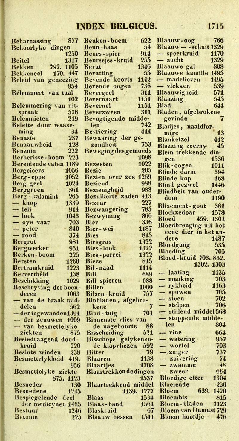 Beharnassing 877 Behoorlyke dingen 1250 Beitel 1317 Bekken 792. 1105 Bekkeneel 170. 447 Beleid van geneezing 954 Bdemmert ran taal 102 Belemmering van uit- spraak 536 Belemnietea 219 Belette door waase- ming 34 Benasie 237 BenaauAvheid 128 Benzoin 222 Berberisse-boom 223 Bereidende vaten 1189 Bergcicers 1056 Berg-eppe 1052 Berg geel 1024 Berggroen 361 Berg - kalamint 265 — knop 1339 — leli 914 — look 1043 — oye vaar 703 — peter 840 — rood 374 Bergrot 981 Bergwerker 951 Berken-boom 225 Bersten 1260 Bertramkruid 1223 Bervertheid 138 Beschikking 1029 Beschryving derbeen- deren 1063 — van de braak niid- delen 562 —der inge\vandenl394 — der zenuvven 1009 — van besmettelyke ziekten 875 Besiedraagend dood- kruid 220 Beslote winden 238 Besmettelykheid 419. 956 Besmettelyke ziekte 875. 1123 Besneder 130 Besnedene 1245 Bespiegelende deel der niedicynen 1465 Bestuur 1246 Betonie 225 Beuken-boem 622 Beun-haas 54 Beurs-spier 914 Beursejes-kruid 255 Bevat 1346 Bevatting 55 Bevende koorts 1142 Bevende oogen 736 Bevergeel 311 Bevernaart 1151 Bevernel 1151 Beverzween 311 Bevogtigende midde- len 742 Bevriezing 414 Bewaaring der ge- zondheit 753 Bewegingdesgemoeds 1098 Bezeeten 1022 Bezie 205 Bezien over zee 1269 Beziend 988 Bezienigh^d 988 Bezuikerte zaden 413 Bezoar 227 Bezwangering 785 Bezwyming 866 Bier 336 Bier-wei 1187 Bies 815 Biesgras 1322 Bies-look 1322 Bies-porrei 1322 Bieze 815 Bil-naad 1114 Bill 689 Bill spieren 688 Billen 1000 Bilsen-kruid 757 Binbladen, afgebro- kene 7 Bind-tuig 701 Binnenste vlies van de nageboorte 86 Bisscheiding 521 Bisschops gelykenen- de klapvliezen 592 Bitter 79 Blaaren 1138 Blaartjes 1208 Blaartrekkendedingen 1537 Blaartrekkend middel 1139. 1277 Blaas 1534 Blaas-band 1561 Blaskruid 67 Blaauw bessen 1511 Blaauw-oog 766 Blaauvv- -schuitl329 — speerkruid 1170 — zucht 1329 Blaauwe gal 808 Blaauwe kaniille 1495 — madelieven 1495 — vlekken 539 Blaauvvigheid 571 Blaazing 545 Blad 644 Bladen, afgebrokene gevinde 7 Bladjes, naaldfor- mige 13 Blanketzel 442 Blazzing zeerny 45 Blein trekkende din- gen 1536 Blik-oogen 1011 Blinde darm 394 Blinde kop 468 Blind gezvvel 1446 Blindheit van ouder- dom 1190 Blixement-gout 361 Blockzedoar 1578 Bloed 459. 1.301 Bloedbrenging uit het eene dier in het an- dere 1487 Bloedgang 535 Bloeding 705 Bloed-kruid 703. 832. 1302. 1303 — laating — maaking — rykheid — ^puvven — steen — stelpen 1135 703 1163 705 702 70tj — stillend middel568 — stoppende midde- len 804 — vine 664 .— watering 957 — wortel 703 — zuiger 7.37 — zuiveriiig 74 — zwamme 48 — zweer 664 Bloedige etter 1304 Rloeiende 230 Bloem 639. 1420 Bloembis 815 Bloeni-bladen 1123 Bloem van Damast729 Bloem hoofdje 476
