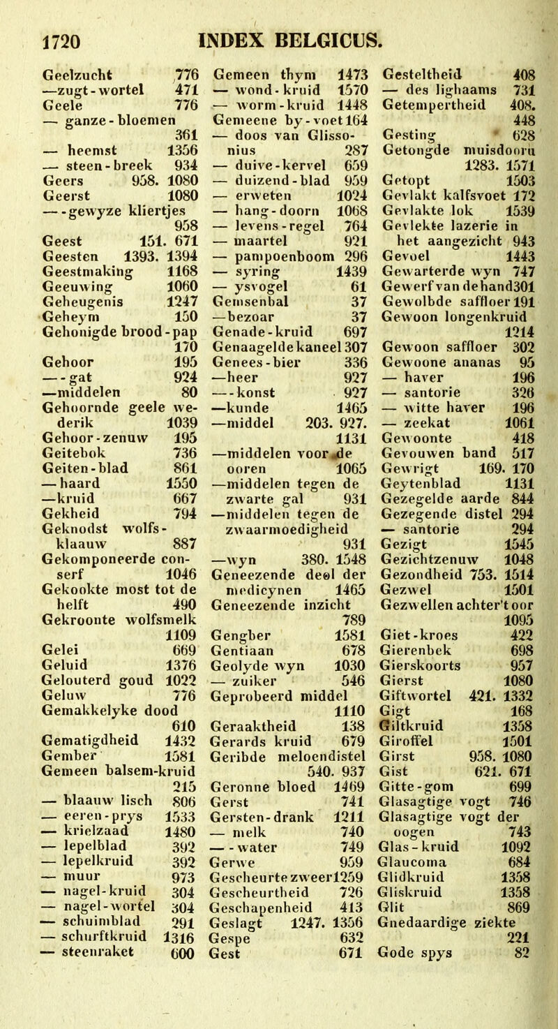 Geelzucht ,776 —zugt-vvortel 471 Geele 776 — ganze-bloenien 361 — heemst 1356 — steen-breek 934 Geers 958. 1080 Geerst 1080 gewyze kliertjes 958 Geest 151. 671 Geesten 1393. 1394 Geestniaking 1168 Geeuwing 1060 Geheugenis 1247 Geheym 150 Gehonigde brood-pap 170 Gehoor 195 — -gat 924 —middelen 80 Gehoornde geele we- derik 1039 Gehoor-zenuw 195 Geitehok 736 Geiten-blad 861 — haard 1550 —kruid 667 Gekheid 794 Geknodst wolfs- klaauw 887 Gekomponeerde con- serf 1046 Gekookte most tot de helft 490 Gekroonte wolfsmelk 1109 Gelei m9 Geluid 1376 Gelouterd goud 1022 Geluw 776 Gemakkelyke dood 610 Gematigdheid 1432 Gember 1581 Genieen balsem-kruid 215 — blaauw lisch 806 — eeren-prys 1533 — krielzaad 1480 — lepelblad 392 — lepelkruid 392 — muur 973 — nagel-kruid 304 — nagel-wortel 304 — schuiniblad 291 — schurftkruid 1316 — steenraket (jOQ Gemeen thyni 1473 — wond-kruid 1570 — worm-kruid 1448 Gemeene by-voetl(j4 — doos van Glisso- nius 287 — duive-kervel 659 — duizend-blad 959 — erweten 1024 — hang-doorn 1068 — levens-regel 764 — maartel 921 — pampoenboom 296 — syring 1439 — ysvoge! 61 Genisenbal 37 —bezoar 37 Genade-kruid 697 Genaageldekaneel 307 Genees-bier 336 —heer 927 —konst 927 —kunde 1465 —middel 203. 927. 1131 —middelen voor^e ooren 1065 —middelen tegen de zwarte gal 931 —niiddelen tegen de zwaarmoedigheid 931 —wyn 380. 1548 Geneezende deel der medicynen 1465 Geneezende inzicht 789 Gengber 1581 Gentiaan 678 Geolyde wyn 1030 — zuiker 546 Geprobeerd middel 1110 Geraaktheid 138 Gerards kruid 679 Geribde melocndistel 540. 937 Geronne bloed 1469 Gerst 741 Gersten-drank 1211 — melk 740 water 749 Gerwe 959 Gescheurte zweerl259 Gesoheurtheid 726 Geschapenheid 413 Geslagt 1247. 1356 Gespe 632 Gest 671 Gesteltheid 408 — des lighaams 731 Getempertheid 408. 448 Gesting ' 628 Getongde muisdonrii 1283. 1571 Getopt 1503 Gevlakt kalfsvoet 172 Gevlakte lok 1539 Gevlekte lazerie in het aangezicht 943 Gevoel 1443 Gewarterde wyn 747 Gewerf van dehand301 Gewolbde saffloerl91 Gewoon longenkruid 1214 Gewoon saffloer 302 Gewoone ananas 95 — haver 196 — santorie 326 — witte haver 196 — zeekat 1061 Gewoonte 418 Gevouwen band 517 Gewrigt 169. 170 Geytenblad 1131 Gezegelde aarde 844 Gezegende distel 294 — santorie 294 Gezigt 1545 Gezichtzenuw 1048 Gezondheid 753. 1514 Gezwel 1501 Gezwellen achter't oor 1095 Giet-kroes 422 Gierenbek 698 Gierskoorts 957 Gierst 1080 Giftwortel 421. 1332 Gigt 168 eiltkruid 1358 Giroffel 1501 Girst 958. 1080 Gist 621. 671 Gitte-gom 699 Glasagtige vogt 746 Glasagtige vogt der oogen 743 Glas-kruid 1092 Glaucoma 684 Glidkruid 1358 Gliskruid 1358 Glit 869 Gnedaardige ziekte 221 Gode spys 82